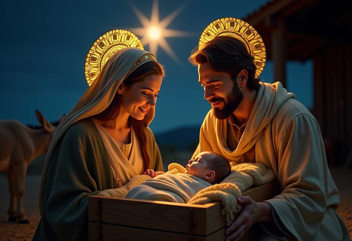 Jewish Joseph, Mary & tiny newborn Jesus in wooden crib, swaddled, sweet teen Mary & young Joseph gaze at him with love & joy, natural pose. Joseph & Mary each have equal-sized brightly illuminated intricate gold discs behind their heads. Jesus’ head has a small brightly illuminated intricate gold disc. A donkey... BG has a bright star in a deep blue night sky, Colors are rich with warm, golden light. The only light in the stable comes from Jesus. Peaceful natural & realistic.