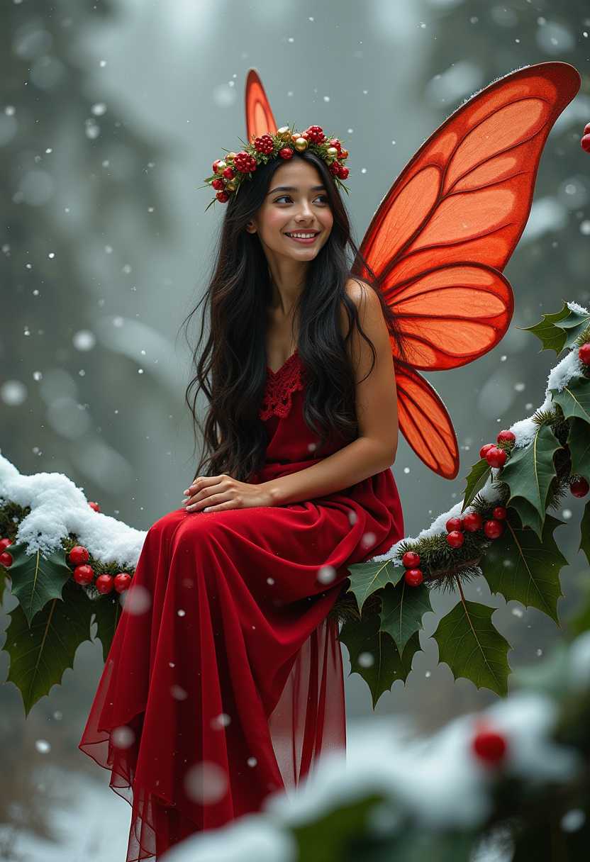 A beautiful young fairy with long dark hair sitting on a holly bush branch with huge gigantic holly leaves & berries & thick snow wearing a long, muted bright red dress, looking content. She has a wreath of berries, tiny lights and Shiny Gold balls in her hair and large huge muted bright red realistic opaque wings. The BG is completely out of focus but obviously snowy. It is snowing heavily.