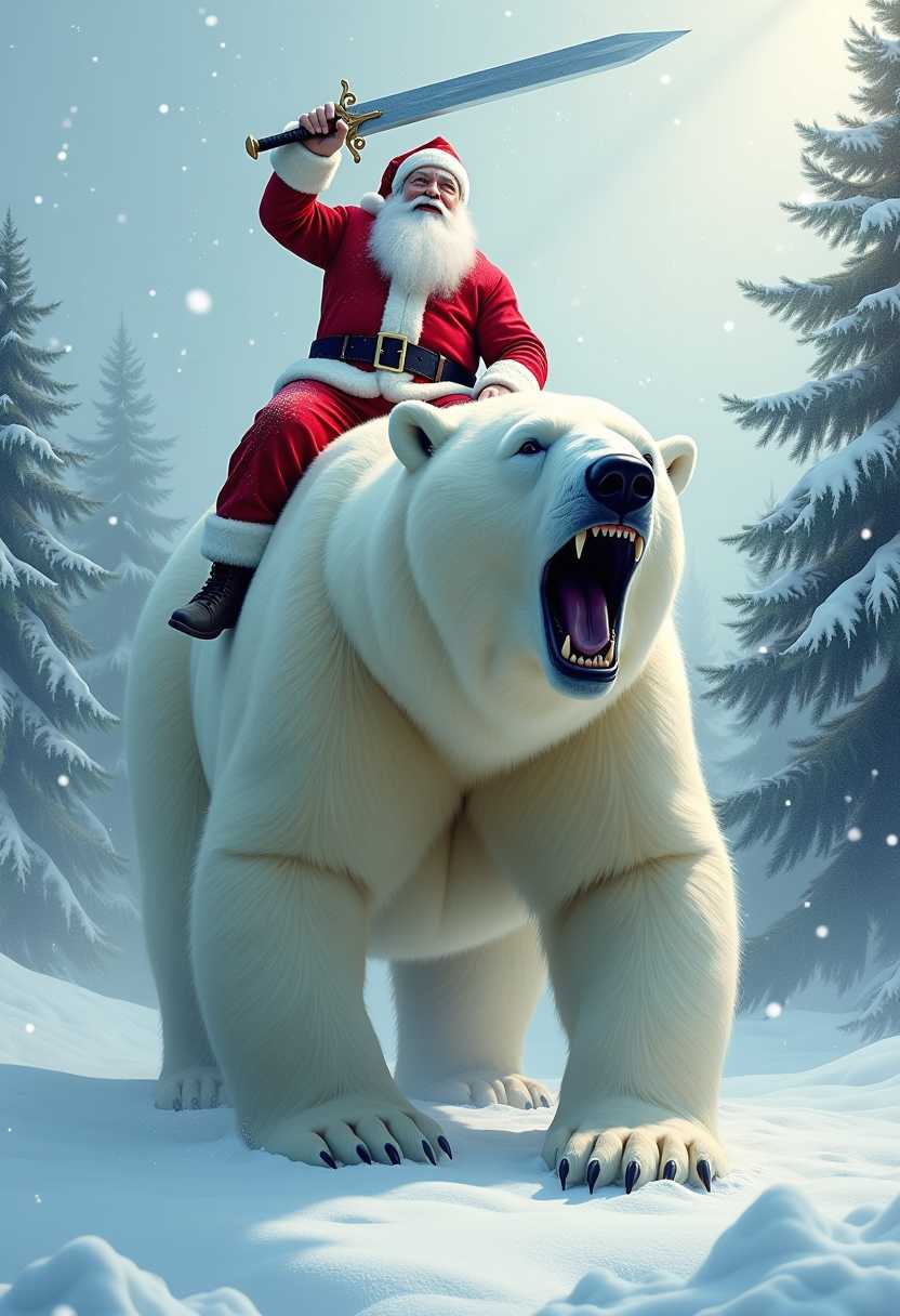 A 3d hyperrealistic oil paint airbrushed illustration of a massive polar bear with snarling teeth. Santa Claus with an athletic muscular physique sits on the polar bear, raising his massive sword in the air. Pine trees, snow, and mist are in the background, with the animal centered in the frame. The view is full-length, and the background is blurred. The image has an HDR effect, with heavy snow and snowflakes falling, and is highly detailed