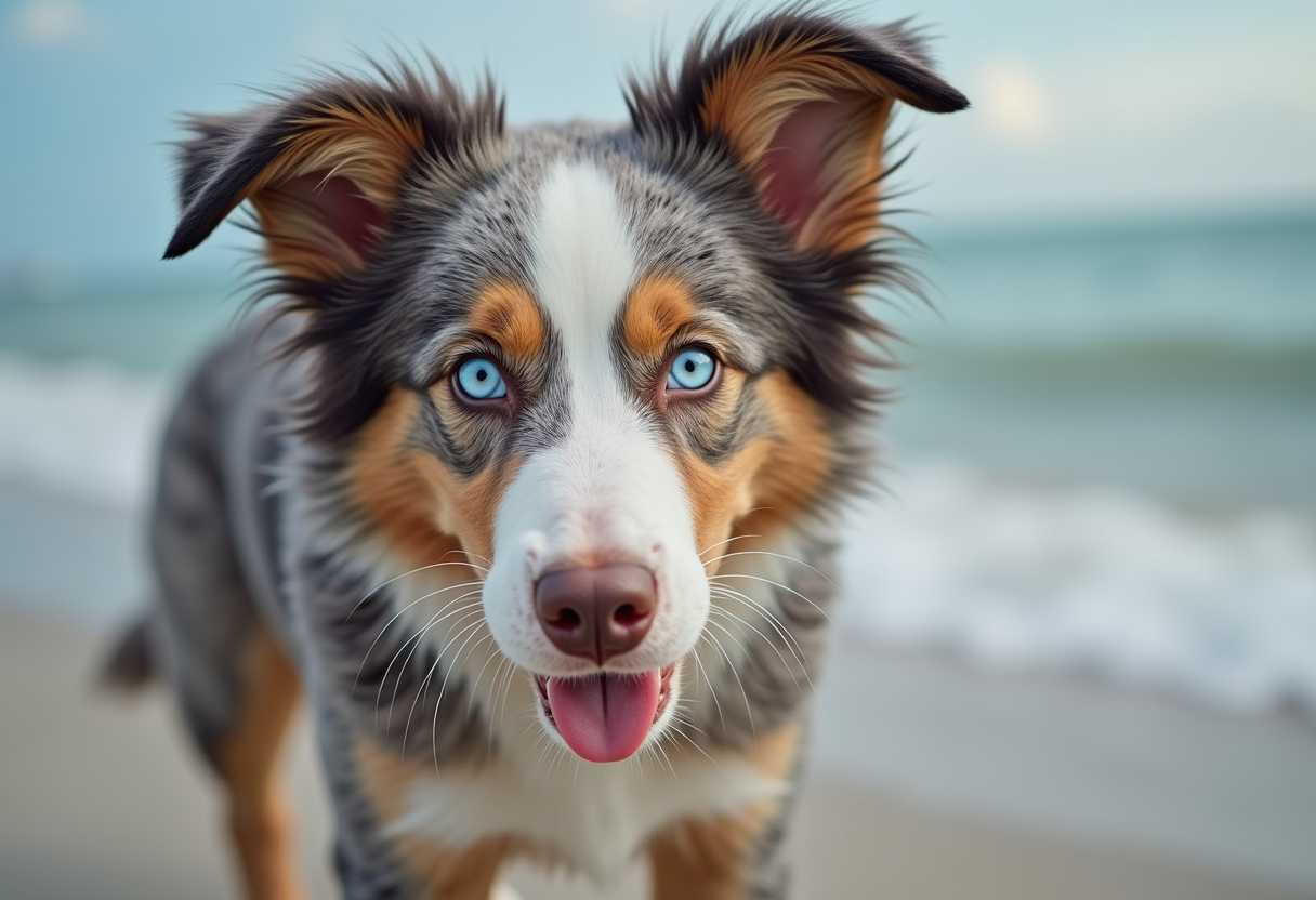 australian Shepherd with baby blue eyes, walking on a beach