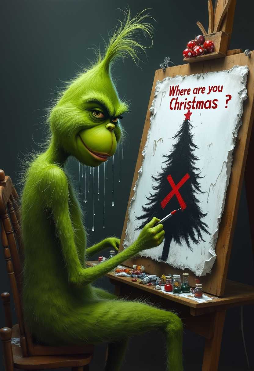 Hyperrealism Grinch is sat in front of a easel and drawing on it. He draws a black and white image of a Christmas tree marked by a large Heart with an X inside. 
On the page is written Where are you Christmas? 
He looks depressed. 
Tears roll down his face on to the easel creating water marks and smudges on it