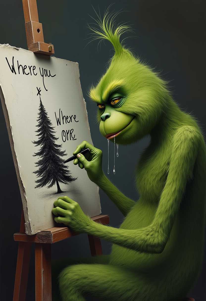 Hyperrealism Grinch is sat in front of a easel and drawing on it. He draws a black and white image of a Christmas tree marked by a large Heart with an X inside. 
On the page is written Where are you Christmas? 
He looks depressed. 
Tears roll down his face on to the easel creating water marks and smudges on it