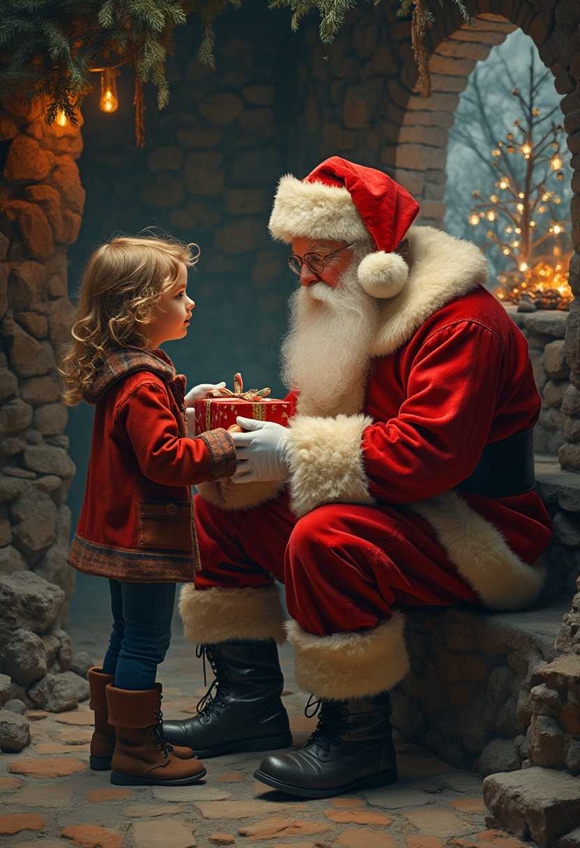 Santa Claus , realistic ,sitting in his grotto, full body view including boots,  handing a present over to a child standing in front of him ,  artistic, Tenderness