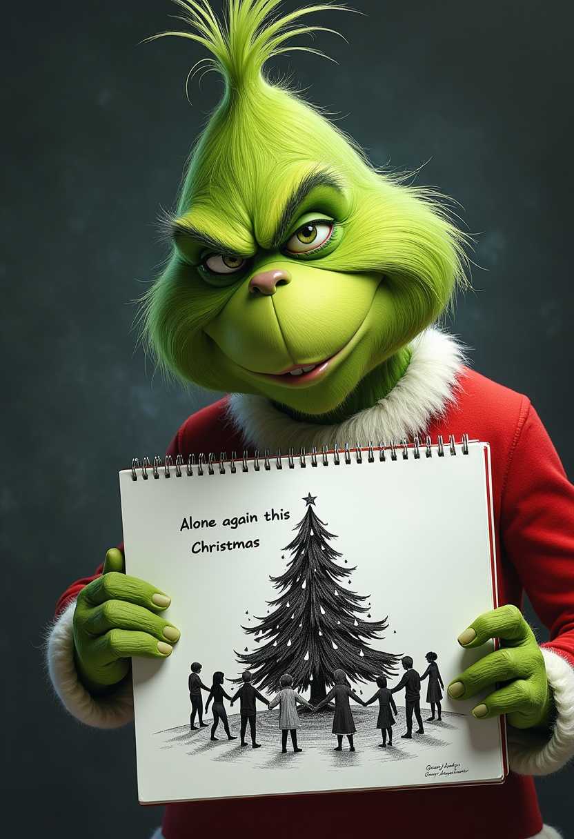 Hyperrealism Grinch is holding a sketch book and drawing in it. He draws a black and white image of a Christmas tree surrounded by people holding hands in a circle 
He looks depressed. 
Tears roll down his face on to the sketchbook creating water marks and smudges on the page 
Text reads
Alone again this Christmas