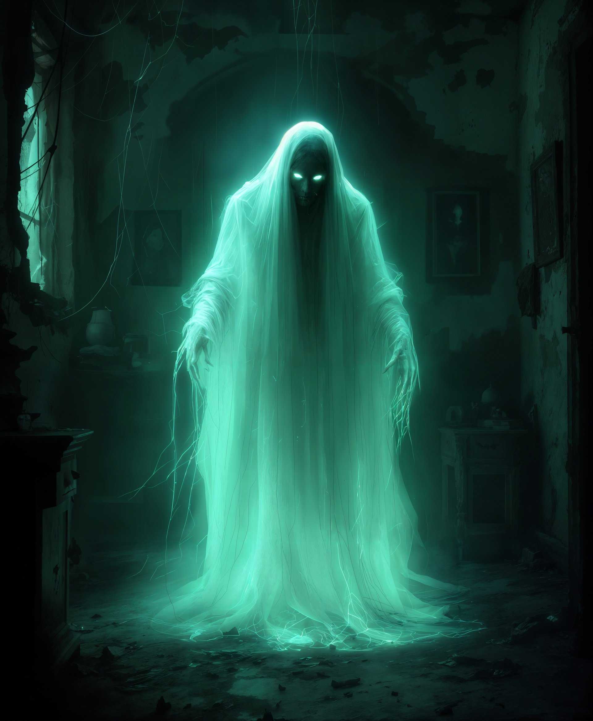 masterpiece, best quality, highres, sharp image, more detail, masterpiece, best quality, highres, sharp image, more detail, Create a **high-definition portrait** showcasing a **Dybbuk**, an ethereal and malevolent spirit from Jewish folklore, in its natural habitat:

- **Subject**: The Dybbuk, with a translucent, ghostly form, emitting a faint, eerie glow. Its eyes are piercing, filled with a mix of sorrow and malice. The figure should be partially obscured, suggesting its elusive nature.

- **Environment**: A dimly lit, abandoned room with peeling wallpaper, cobwebs, and old, dusty furniture. The atmosphere is heavy with the sense of a forgotten past. 

- **Visual Details**: 
  - **Texture**: The Dybbuk's form should look slightly grainy, as if it's materializing from the shadows, with a shimmering effect around the edges.
  - **Colors**: A palette of muted, desaturated colors, with highlights in deep blues and greens to signify the supernatural presence. The room's decay should be evident in the browns and grays of the surroundings.
  - **Lighting**: Low-key lighting with a single source, perhaps a flickering candle or a shaft of moonlight through a broken window, casting long, distorted shadows.

- **Artistic Style**: The portrait should evoke a sense of **Victorian Gothic** with elements of **Expressionism** to capture the emotional intensity of the Dybbuk's presence.

- **Composition**: 
  - **Positioning**: The Dybbuk should be the focal point, slightly off-center, with its gaze directed towards the viewer or into the distance, creating an unsettling connection.
  - **Angle**: A low camera angle to give the Dybbuk an imposing presence, enhancing its eerie stature.
  - **Framing**: Tight framing around the Dybbuk, with the environment subtly visible, creating a sense of confinement and mystery.

- **Mood and Atmosphere**: 
  - **Feeling**: Eerie, haunting, and unsettling, with an underlying sense of dread and sorrow.
  - **Time of Day**: Late night or early morning, when the veil between worlds is thin.
  - **Weather**: A cold, foggy atmosphere outside, with perhaps the distant sound of wind or distant thunder to add to the otherworldly feel.

- **Technical Aspects**: 
  - **Depth of Field**: Use a shallow depth of field to blur the background, focusing attention on the Dybbuk.
  - **Exposure**: Slightly underexposed to enhance the shadowy, mysterious atmosphere.
  - **Lens**: A wide-angle lens to exaggerate the space and