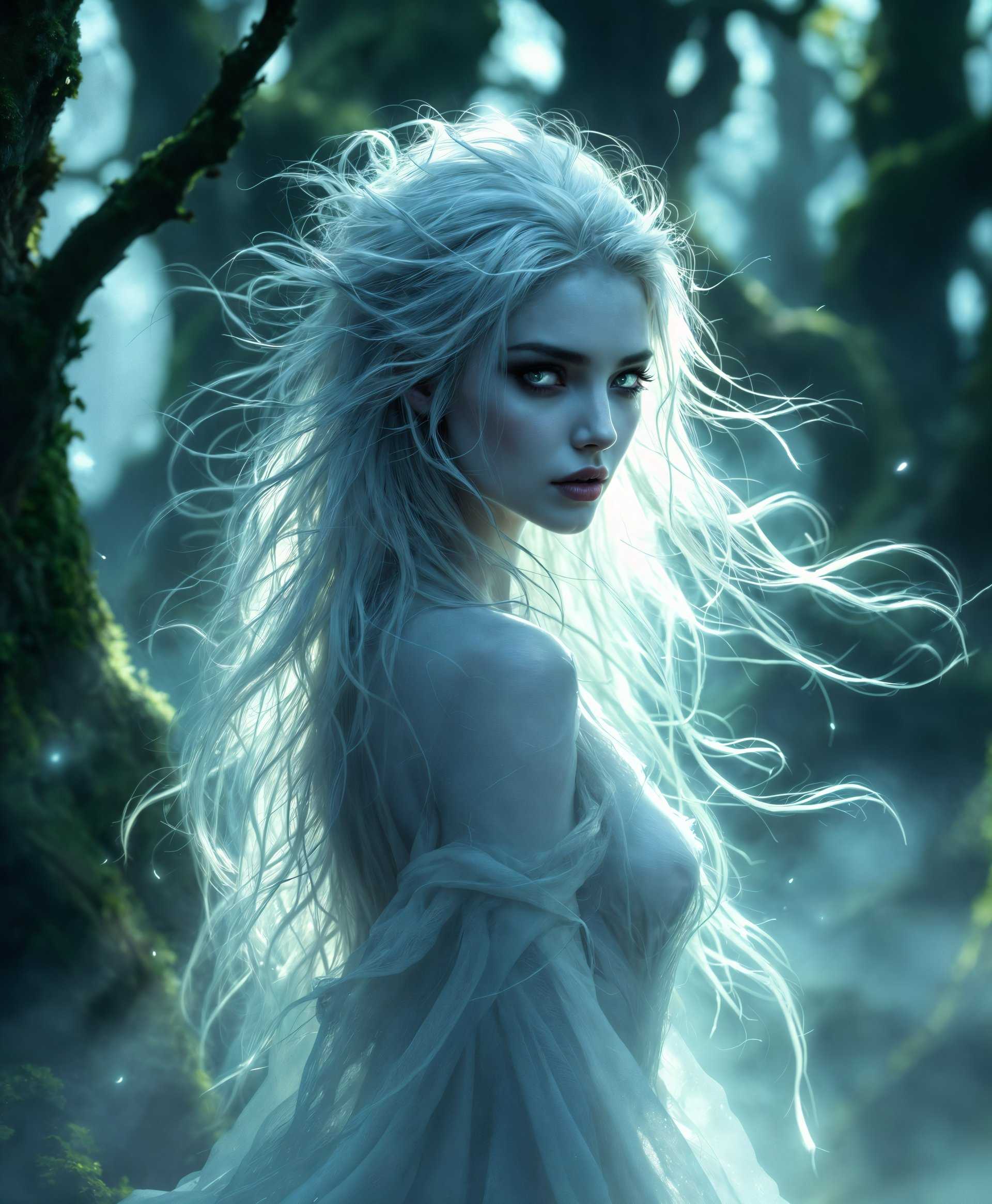 masterpiece, best quality, highres, sharp image, more detail, masterpiece, best quality, highres, sharp image, more detail, Create a high-definition portrait of a Banshee, capturing her in her ethereal environment:

**Subject:** A Banshee, her face hauntingly beautiful yet sorrowful, with piercing eyes that seem to hold ancient secrets. Her hair is wild and translucent, flowing as if caught in a perpetual breeze, suggesting her connection to the otherworld.

**Environment:** She stands or hovers amidst an ancient, foggy forest at twilight. The trees are gnarled with moss and lichen, casting long, eerie shadows. Mist swirls around her, creating an otherworldly atmosphere.

**Visual Details:**
- **Texture:** The Banshee's skin has a ghostly luminescence, contrasting with the rough bark of the trees and the soft, flowing mist.
- **Color Palette:** Predominantly cool tones of blue, green, and gray, with hints of silver in her eyes and hair, suggesting the supernatural.
- **Lighting:** The light is dim, with rays breaking through the fog, casting an almost mystical glow on the Banshee, highlighting her ethereal form.

**Style:** 
- **Artistic Influence:** Draw inspiration from Pre-Raphaelite paintings for the detailed depiction of nature and the supernatural, combined with elements of surrealism to capture the Banshee's otherworldly presence.

**Composition:**
- **Framing:** The Banshee is the central focus, with the forest framing her like a natural stage. Her figure is slightly off-center, creating a dynamic tension in the composition.
- **Camera Angle:** A low angle shot to emphasize her dominance and supernatural power in this setting, making her seem larger than life.

**Mood and Atmosphere:**
- **Feeling:** The image should evoke a sense of melancholy, eeriness, and a touch of beauty in sorrow. The time is twilight, just before night takes over, enhancing the mystical and haunting ambiance.
- **Weather:** A light, swirling mist, with perhaps a hint of an approaching storm, symbolizing the Banshee's portent of doom.

**Technical Aspects:**
- **Depth of Field:** A shallow depth of field to keep the Banshee in sharp focus while the background blurs, emphasizing her supernatural presence.
- **Exposure:** Balanced to capture the dim light of twilight without losing detail in the shadows or overexposing the lighter elements like her hair.

**Cohesion:** All elements should blend to tell a story of the Banshee's eternal vigil, her beauty intertwined with the sorrow and foreboding she brings, creating a scene that feels both timeless and immediate.