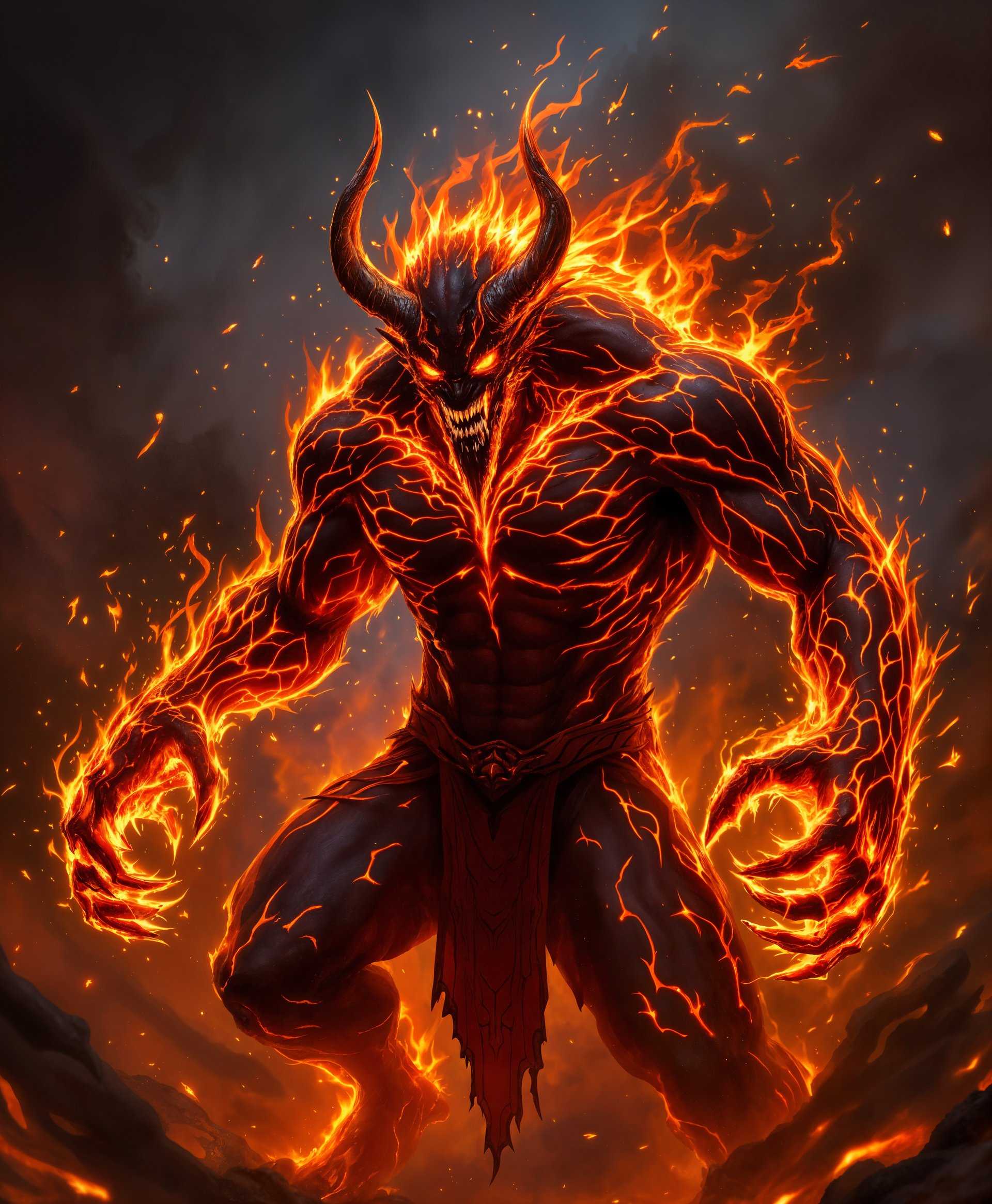 masterpiece, best quality, highres, sharp image, more detail, masterpiece, best quality, highres, sharp image, more detail, **Prompt:**

Create a highly detailed digital painting of Ifrit, the primal from the "Final Fantasy" series, exuding the raw power of fire:

- **Visual Details:** 
  - Ifrit's body is covered in molten lava-like patterns, glowing with an intense orange and red hue, with sparks and small flames flickering around him. 
  - His eyes burn with a fierce, fiery intensity, reflecting the inferno within.
  - His horns, claws, and teeth should appear as if made from volcanic rock, with a glossy finish from the heat.
  - Include intricate, fiery tattoos or markings that trace along his muscles, enhancing his demonic appearance.

- **Style:** 
  - Utilize a blend of digital realism with a fantasy art style reminiscent of Yoshitaka Amano's work, incorporating dramatic light and shadow play.

- **Composition:** 
  - Center Ifrit within the frame, capturing a dynamic, aggressive pose that showcases his power and rage.
  - The background should be an inferno, with flames and smoke rising around him, creating a sense of depth and movement.

- **Mood and Atmosphere:** 
  - The scene should evoke a sense of awe and fear, capturing the might of a primal. The time of day is irrelevant, as the fire creates its own light, casting long shadows and illuminating the environment in a hellish glow.

- **Technical Aspects:** 
  - Use high contrast lighting to emphasize the flames and the muscular structure of Ifrit.
  - Incorporate particle effects for the fire, ensuring it looks both chaotic and controlled, with smoke effects to add realism.
  - The depth of field should focus on Ifrit, with the background slightly blurred to emphasize his presence.

- **Cohesion:** 
  - All elements should work together to portray Ifrit as an overwhelming force of nature, with the fire being an extension of his very being, creating a unified, believable scene of a mythical creature in its element.
