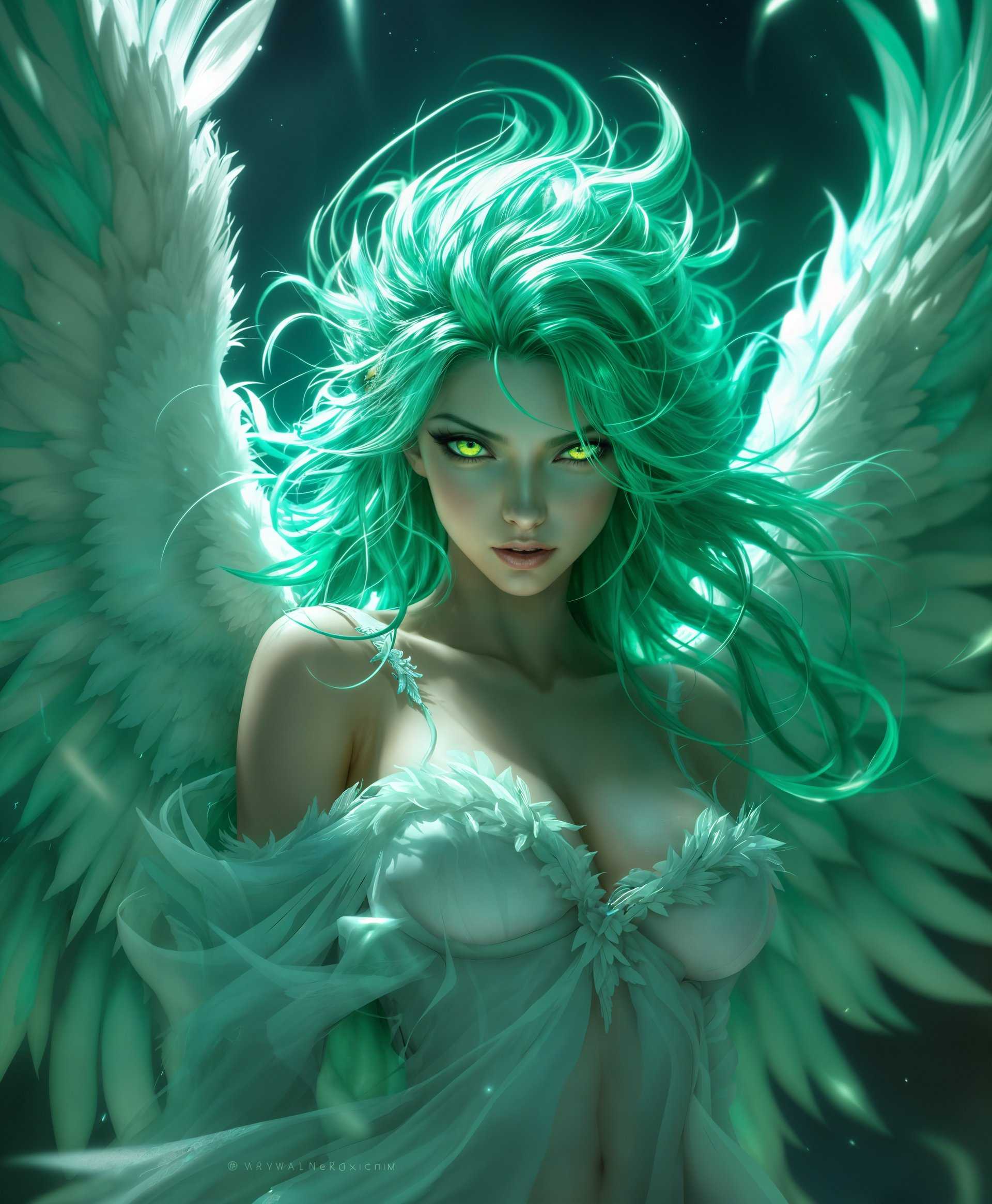masterpiece, best quality, highres, sharp image, more detail, masterpiece, best quality, highres, sharp image, more detail, A highly detailed portrait of **Garuda**, the primal from the game series "Final Fantasy", showcasing her as a majestic entity embodying the **power of Wind**. The image captures:

- **Visual Details**: Her flowing, iridescent green hair that appears to be made from swirling winds, with feathers subtly integrated, shimmering in the light. Her skin is a blend of human-like texture and ethereal, almost translucent, with a gentle glow. Her eyes are sharp, emerald green, piercing through the viewer with a wild, untamed spirit. 

- **Style**: Rendered in a style reminiscent of **concept art**, with hyper-realistic textures combined with stylized, almost otherworldly elements to emphasize her divine nature. The art style merges traditional fantasy art with modern digital painting techniques.

- **Composition**: Garuda is positioned in a dynamic pose, her wings spread wide, dominating the frame. The camera angle is slightly below her, looking up to capture her imposing presence. She is centered, with the wind swirling around her, creating a vortex that draws the eye inward.

- **Mood and Atmosphere**: The scene is set during a **dramatic sunset**, with the sky painted in deep oranges, purples, and blues, reflecting the storminess of her wind powers. The atmosphere is charged with energy, as if a tempest is brewing, yet there's an eerie calm in the eye of the storm where she stands.

- **Technical Aspects**: Utilize **cinematic lighting** to highlight her features, with key lights emphasizing her face and wings, while rim lighting outlines her silhouette against the turbulent sky. Employ **depth of field** to focus on Garuda, with the background slightly blurred, enhancing her presence. 

- **Cohesion**: All elements from the swirling winds, the ethereal glow, and the dramatic sky work together to portray Garuda not just as a character but as a force of nature, a living embodiment of the wind, with every detail contributing to a unified, awe-inspiring depiction.