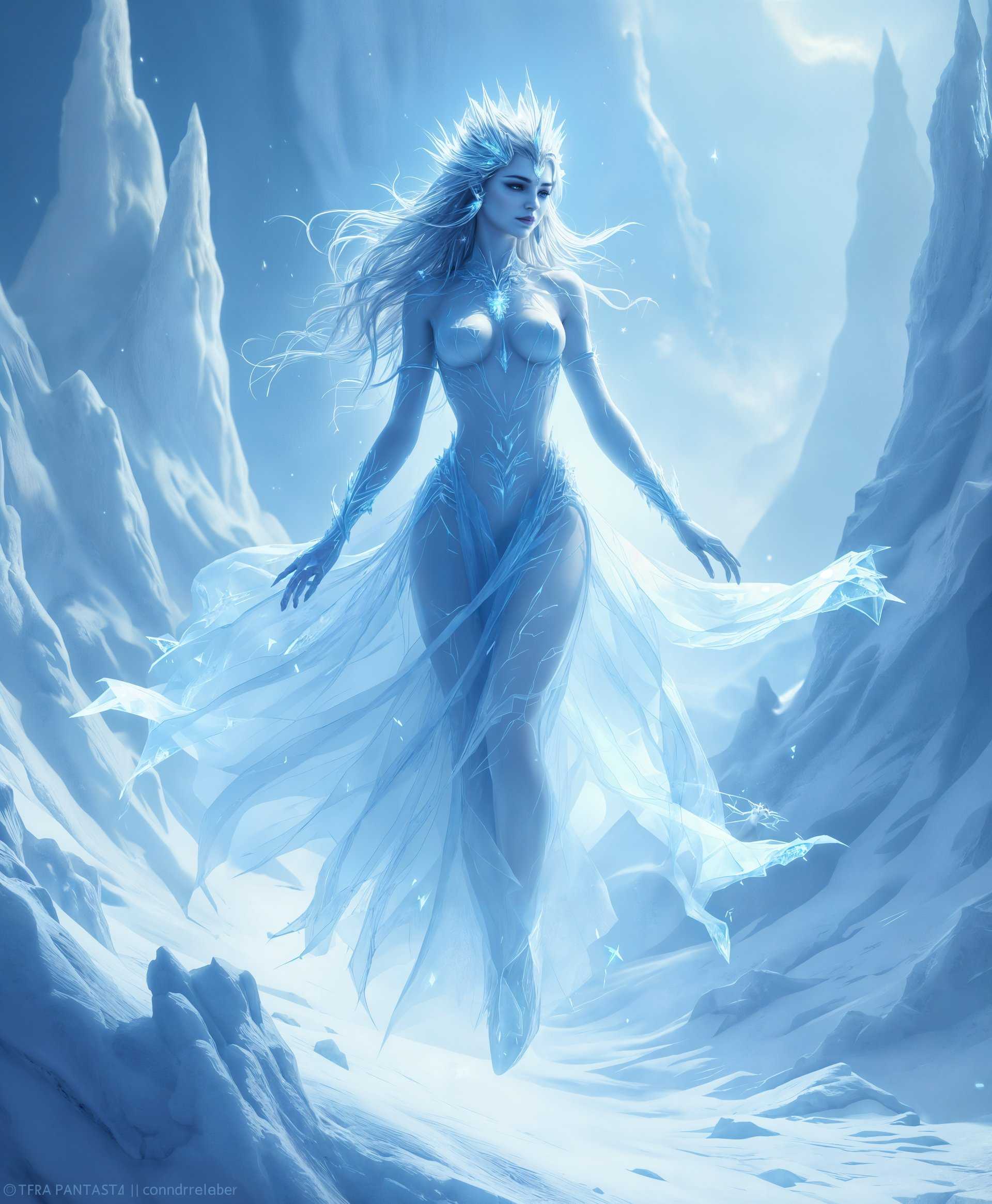 masterpiece, best quality, highres, sharp image, more detail, masterpiece, best quality, highres, sharp image, more detail, **Prompt:**

Generate an image of Shiva from the "Final Fantasy" series, capturing her essence as the Ice Primal:

- **Character Design:** Shiva should embody her ethereal beauty with a serene yet formidable expression. Her skin should be pale with a slight icy blue hue, accentuating her ice affinity. She wears a translucent, flowing gown that seems to be made of ice crystals, with intricate patterns that mimic frost and snowflakes. Her hair is long, silver, and flowing, with ice shards and snowflakes subtly woven through.

- **Lighting and Atmosphere:** The scene is set during a perpetual twilight, with a soft, cold glow emanating from Shiva herself, casting long, sharp shadows that enhance the icy environment. The lighting should highlight her icy features, creating a stark contrast between the dark surroundings and her luminous presence.

- **Environment:** Shiva is floating above a frozen landscape. Below her, the ground is covered in thick, pristine snow, with jagged ice formations rising around her. The air is filled with a light, swirling blizzard, with snowflakes and ice crystals gently falling around her, creating a dance of frost in the air.

- **Visual Effects:** Her ice powers are actively manifesting; from her hands or around her, streams of ice and snow are swirling, forming into intricate, sharp ice structures or perhaps a forming blizzard. The ice should appear as if it's growing or shaping itself in real-time, with visible crystalline structures.

- **Mood:** The mood should evoke a sense of awe and cold beauty, with an atmosphere of ancient, untouched power. The silence of the frozen landscape should be palpable, broken only by the gentle whisper of the blizzard she commands.

- **Artistic Style:** Capture this scene in the style of a high-resolution digital painting, reminiscent of the detailed and dynamic artwork from the "Final Fantasy" games, particularly focusing on the realism of ice textures and the ethereal quality of her character design.

- **Composition:** Shiva is positioned centrally, her figure slightly tilted to one side, creating a dynamic pose that suggests movement. The camera angle should be slightly below her, looking up to emphasize her divine status and the power she wields. The framing should include the vast, icy landscape behind her, giving context to her environment.

- **Technical Aspects:** Utilize techniques like depth of field to focus on Shiva, with the background slightly blurred to enhance the sense of depth in the icy landscape. Employ atmospheric perspective to make the scene feel vast and mysterious, with cooler tones fading into the distance.