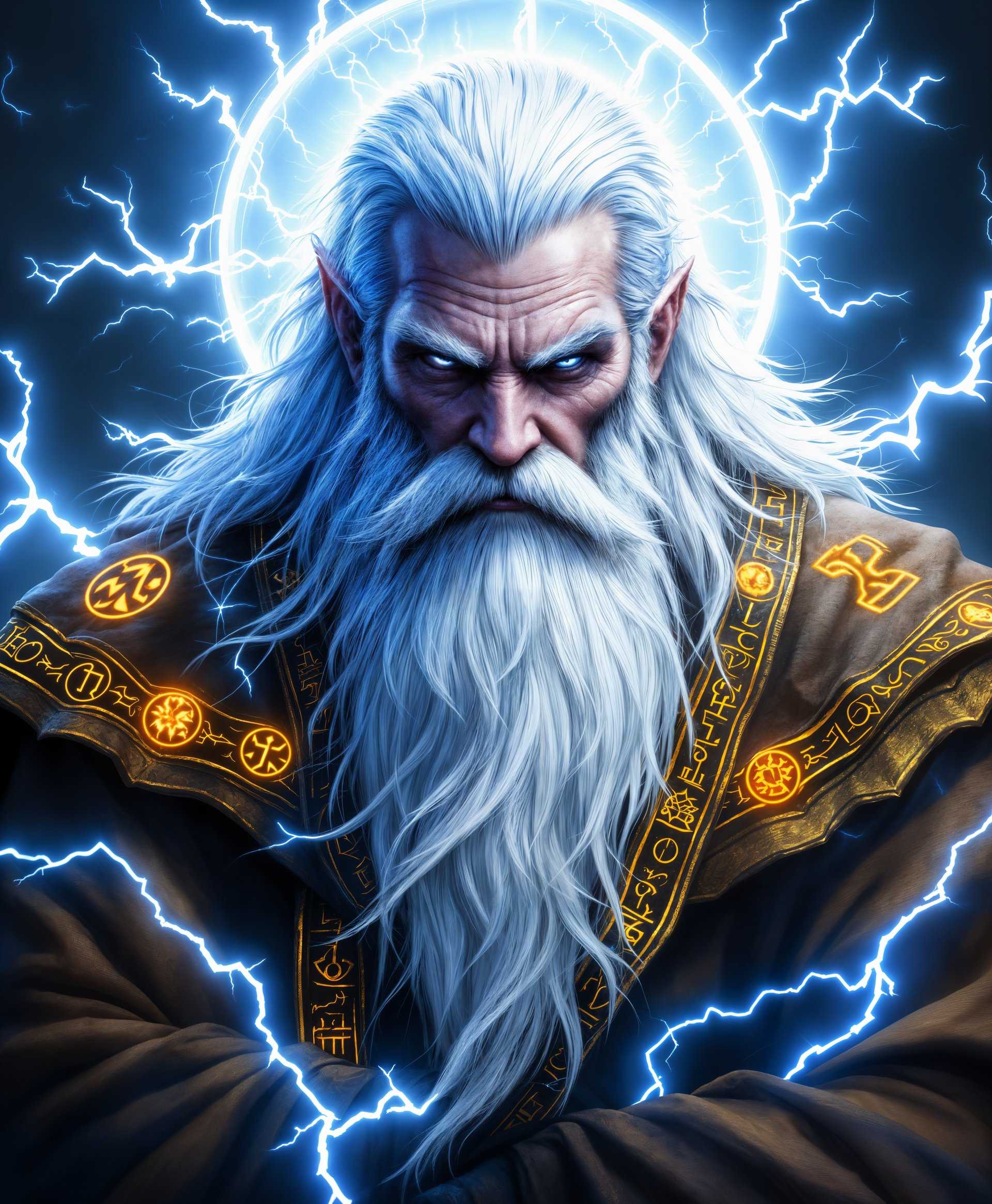 masterpiece, best quality, highres, sharp image, more detail, masterpiece, best quality, highres, sharp image, more detail, **Image Description:** A highly detailed portrait of Ramuh, the Thunder God from "Final Fantasy", showcasing his commanding presence and divine power.

**Visual Elements:**
- **Subject:** Ramuh, an elderly, wise figure with a very long, flowing white beard that seems to crackle with electric energy.
- **Lighting:** Dramatic, with a backlight that creates a halo effect around his head, emphasizing his god-like aura, while his face is illuminated by the soft glow of his own thunder.
- **Colors:** Dominated by electric blues and stark whites, with occasional bursts of yellow and orange to mimic lightning strikes. His robe is adorned with intricate, glowing runes and symbols of thunder.
- **Texture:** His beard appears almost ethereal, with individual hairs shimmering with static electricity. His robe is depicted with a rough, woven texture, contrasting with the smoothness of his skin, which seems to radiate light.

**Artistic Style:** 
- **Style:** Hyperrealistic with elements of fantasy art, capturing the intensity and detail of a Renaissance painting, but with modern digital enhancements to highlight magical elements.
- **Photography Technique:** High dynamic range (HDR) to capture the full spectrum of light and shadow, with a focus on the vivid, almost surreal contrast between light and dark.

**Composition:**
- **Camera Angle:** Slightly low angle, looking up at Ramuh to convey his towering, authoritative presence.
- **Framing:** Close-up, focusing on his face and upper torso, with his hand raised, possibly conjuring or controlling thunder. The edges of the frame are slightly blurred, directing attention to Ramuh.

**Mood and Atmosphere:**
- **Mood:** Majestic and awe-inspiring, with a sense of impending storm and raw power.
- **Time of Day:** Twilight, with dark, stormy clouds gathering behind him, suggesting the onset of a thunderstorm.
- **Ambiance:** The air feels charged with electricity, a tangible sense of energy and potential danger, yet also protection.

**Technical Aspects:**
- **Depth of Field:** Shallow, to keep Ramuh sharply in focus while allowing the background to blur into the storm clouds.
- **Focal Length:** Wide-angle to capture the grandeur of Ramuh and the surrounding environment.
- **Exposure:** Balanced to ensure details in both the shadows of his robe and the bright highlights of his beard and eyes.

**Cohesion:** 
- The elements of lighting, texture, and composition work together to portray Ramuh not only as a powerful deity but also as a wise