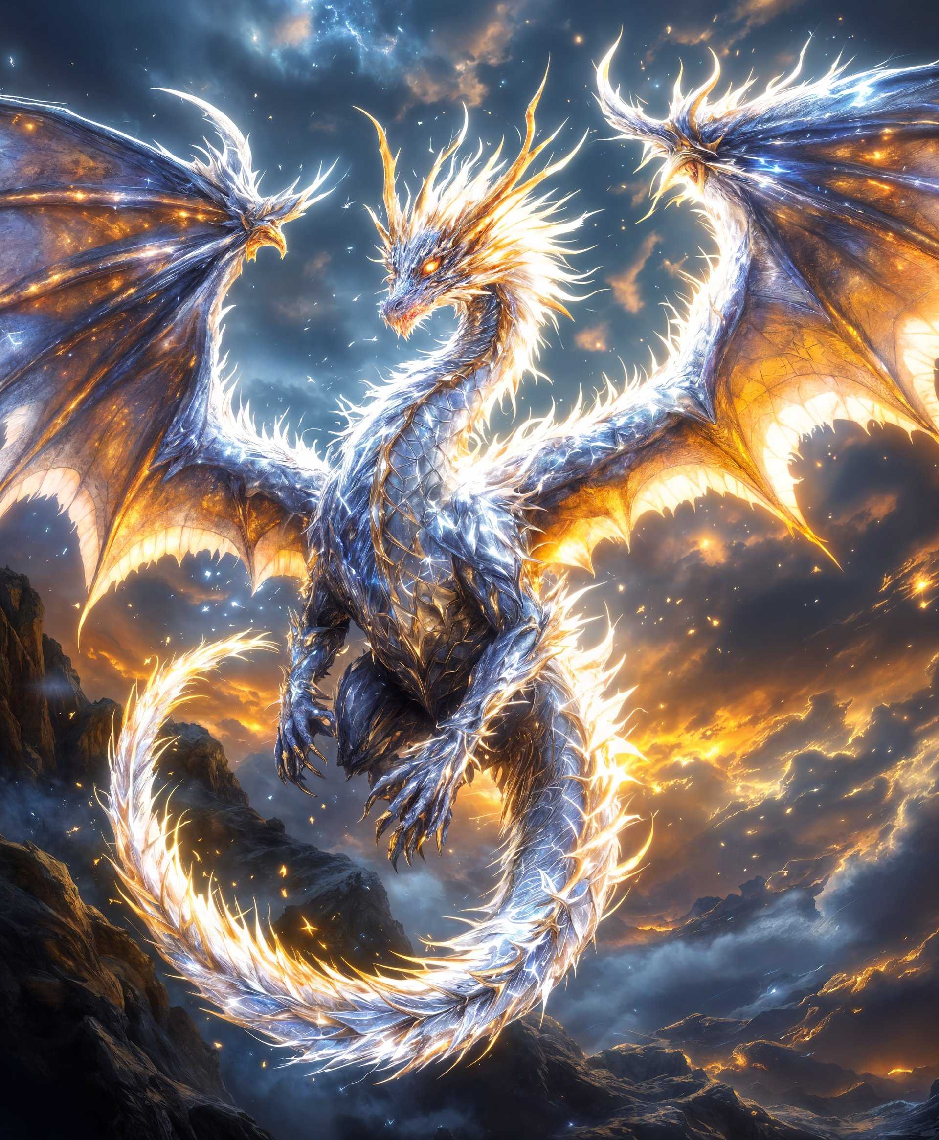 masterpiece, best quality, highres, sharp image, more detail, masterpiece, best quality, highres, sharp image, more detail, A highly detailed, **epic fantasy portrait** of **Bahamut**, the legendary primal from the "Final Fantasy" series, **imbued with the divine power of Light**. The dragon's **scales shimmer** with a **prismatic sheen**, reflecting light in a **mosaic of glowing hues** from whites to golds, creating an **aura of luminescence**. 

**Style**: The artwork should echo the **intricate and ornate designs** of **Neo-Gothic architecture**, combined with the **heroic, mythological elements** of **Pre-Raphaelite paintings**, and the **dynamic, fluid movement** of **Art Nouveau**, with **photorealistic textures** to enhance the realism of the creature's anatomy.

**Composition**: Bahamut is **captured in mid-flight**, wings spread majestically against a **stormy sky** at **dusk**. The camera angle is **slightly from below**, giving the dragon an imposing, **larger-than-life presence**. The **framing** includes a **dramatic, wide shot** that captures the full expanse of its wings and the **intricate details** of its **claws and horns**, with **soft focus** on the background clouds to emphasize Bahamut's **divine radiance**.

**Mood and Atmosphere**: The scene exudes **awe and reverence**, with **light beams piercing through the clouds**, illuminating Bahamut. The **air crackles with energy**, suggesting the **raw power** of Light magic. The **time of day** enhances the **dramatic lighting**, casting long shadows and **highlighting the dragon's silhouette against the twilight sky**.

**Technical Aspects**: Use **high dynamic range imaging (HDRI)** to capture the **contrast between light and shadow**, **bokeh** to blur the distant background, **hyperfocal distance** for maximum sharpness on Bahamut, and **macro photography** to detail the scales and feathers.

**Cohesion**: All elements coalesce to depict **Bahamut as a divine, otherworldly being**, its **presence** felt through the **composition, lighting, and the subtle interplay of fantasy and realism**, creating an **unforgettable, immersive scene** of a legendary creature in its natural, yet supernatural, element.