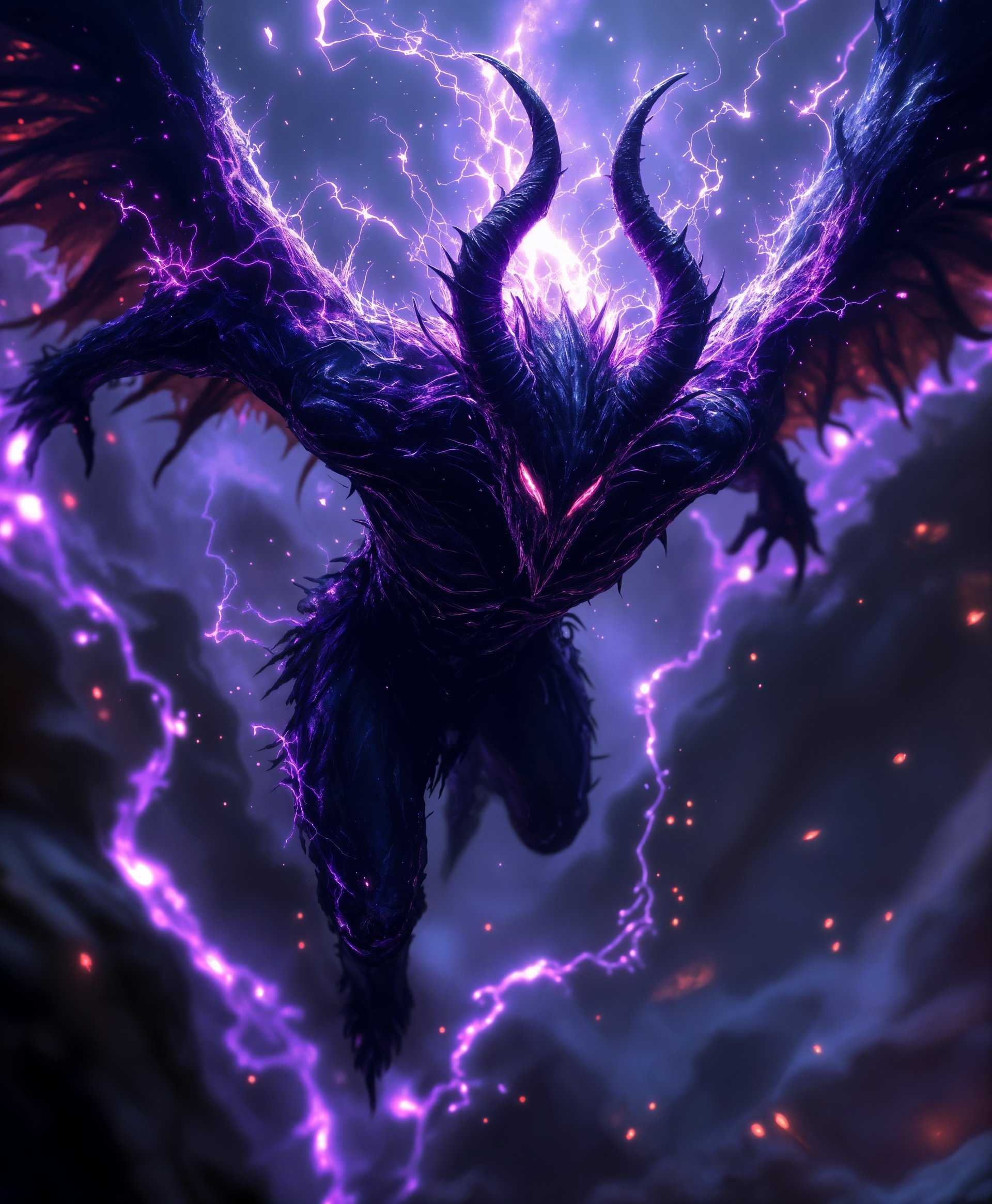 masterpiece, best quality, highres, sharp image, more detail, masterpiece, best quality, highres, sharp image, more detail, **Subject:** Daibolos from "Final Fantasy," a primal entity embodying darkness, captured in mid-flight.

**Visual Details:**
- **Texture:** Emphasize the coarse, shadowy texture of Daibolos's skin, with subtle hints of iridescent, dark energy flowing around him.
- **Colors:** Dominate with deep purples, blacks, and dark blues, with occasional sparks of eerie, glowing red or purple for contrast.
- **Lighting:** Utilize chiaroscuro lighting to enhance the dramatic effect, with light sources casting long, ominous shadows, yet highlighting the intricate details of Daibolos's form.

**Style:**
- **Artistic Influence:** Inspired by the dark, otherworldly aesthetics of H.R. Giger combined with the fantasy elements of Yoshitaka Amano's artwork.
- **Photography Technique:** High dynamic range imaging to capture the full spectrum of darkness and light, enhancing the supernatural atmosphere.

**Composition:**
- **Layout:** Daibolos is the central figure, dominating the composition with his massive, ethereal wings spread wide, capturing the viewer's gaze.
- **Camera Angle:** Shot from a low angle to emphasize Daibolos's power and majesty, with the camera slightly tilted to convey motion and intensity.
- **Framing:** Framed with a slight vignette to focus attention on Daibolos, allowing the edges to fade into darkness, suggesting the limitless void around him.

**Mood and Atmosphere:**
- **Feeling:** Evoke a sense of awe, dread, and reverence, capturing the primal fear and fascination with darkness.
- **Time of Day:** Set against the backdrop of a perpetual twilight or a dark, starless night, enhancing the mysterious and foreboding mood.
- **Weather Conditions:** A subtle, eerie mist or swirling dark energy surrounding Daibolos, adding to the mystical and ominous ambiance.

**Technical Aspects:**
- **Focus:** Utilize selective focus to keep Daibolos sharp while the background fades into a soft, abstract blur, emphasizing his importance.
- **Depth of Field:** Employ a shallow depth of field to create a three-dimensional effect, with Daibolos's form emerging from the darkness.

**Cohesion:** All elements work together to depict Daibolos not just as a creature of darkness but as a majestic, terrifying entity that commands both fear and respect. The visual elements, from texture to composition, are designed to immerse the viewer in a world where darkness is not just an absence of light but a powerful, living force.
