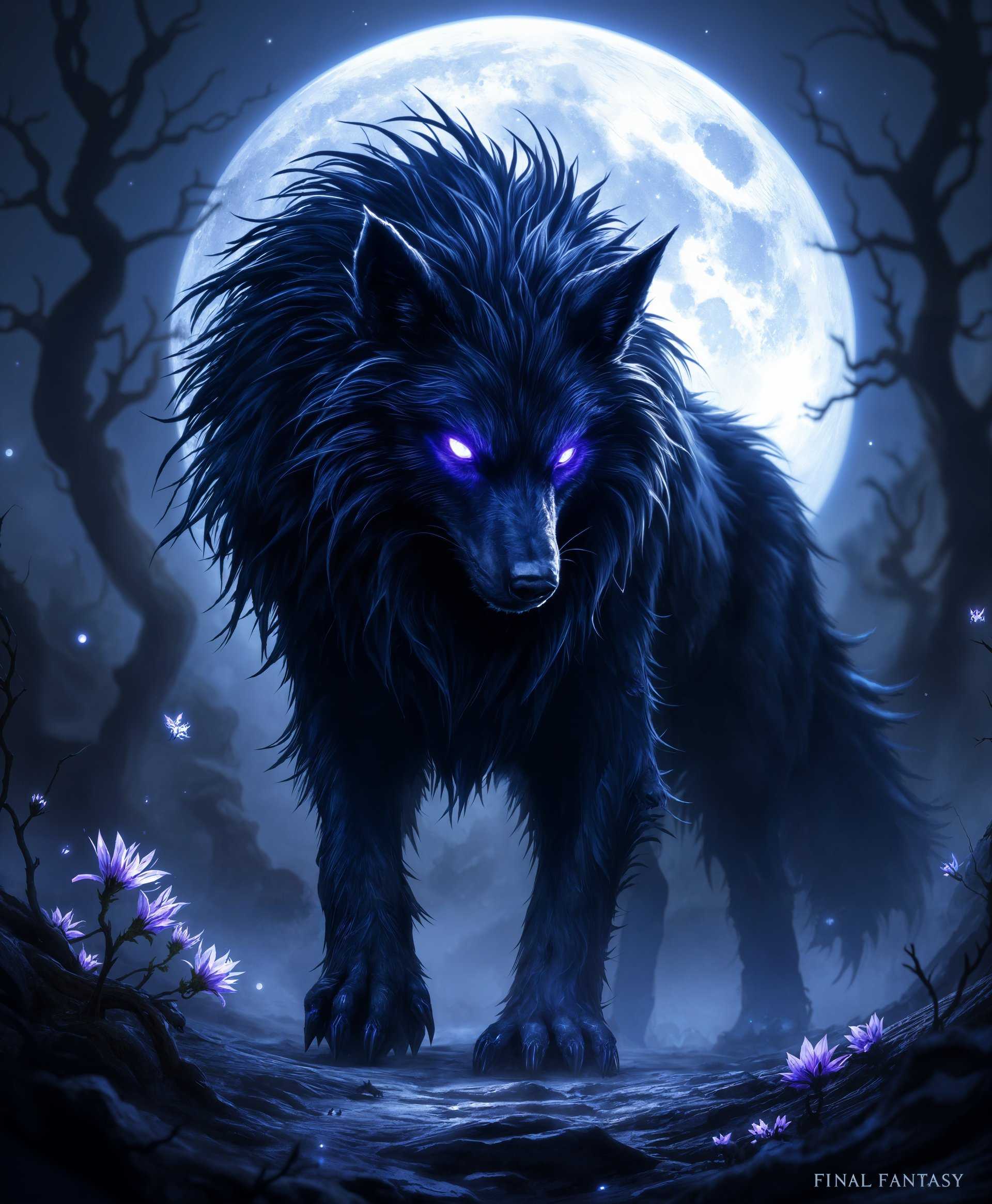 masterpiece, best quality, highres, sharp image, more detail, masterpiece, best quality, highres, sharp image, more detail, **Subject**: Create a highly detailed portrait of Fenrir, the primal wolf from the "Final Fantasy" series, imbued with the power of Darkness.

**Visual Details**:
- **Fenrir**: Envision Fenrir with an imposing presence, his fur an intricate mix of midnight black with subtle highlights of silver, symbolizing his connection to the darkness and the moon. His eyes should glow with an eerie, luminescent purple, reflecting the depth of his mystical powers. 
- **Surroundings**: Position Fenrir in a desolate, shadowy landscape that subtly hints at his origin from the game. The ground is covered in a thin layer of mist, with eerie, luminescent flowers and dark, twisted trees in the background.
- **Moon**: The full moon in the background is not just a light source but a focal point, casting an ethereal glow on Fenrir, making his fur shimmer with dark energy.

**Style**: Utilize a digital art style that blends photorealism with elements of fantasy art. The detail should be reminiscent of high-end game cinematics, focusing on textures like the roughness of Fenrir's fur, the sharpness of his claws, and the intricate patterns of his mystical aura.

**Composition**:
- **Subject Positioning**: Fenrir stands majestically, slightly turned towards the viewer, his gaze intense and commanding, as if challenging anyone who dares to approach.
- **Camera Angle**: Employ a low angle shot to enhance Fenrir's imposing stature, making him appear even more formidable against the backdrop of the night sky.
- **Framing**: The frame should be tight around Fenrir, with the moon positioned just above his head, creating a visual line that leads the eye from the wolf to the celestial body.

**Mood and Atmosphere**:
- **Time of Day**: The scene is set at the witching hour, where the veil between worlds is thin, enhancing the mystical and eerie atmosphere.
- **Weather Conditions**: A slight, swirling mist adds to the mystique, with a cool, almost palpable darkness enveloping the scene.
- **Ambiance**: The air is thick with anticipation, as if Fenrir is about to unleash his powers or engage in a legendary battle.

**Technical Aspects**:
- **Lighting**: Utilize a chiaroscuro technique with the moon as the primary light source, casting dramatic shadows and highlights, emphasizing the contrast between light and darkness.
- **Depth of Field**: A shallow depth of field focuses on Fenrir, with the background elements slightly blurred to maintain focus on the subject while still providing context