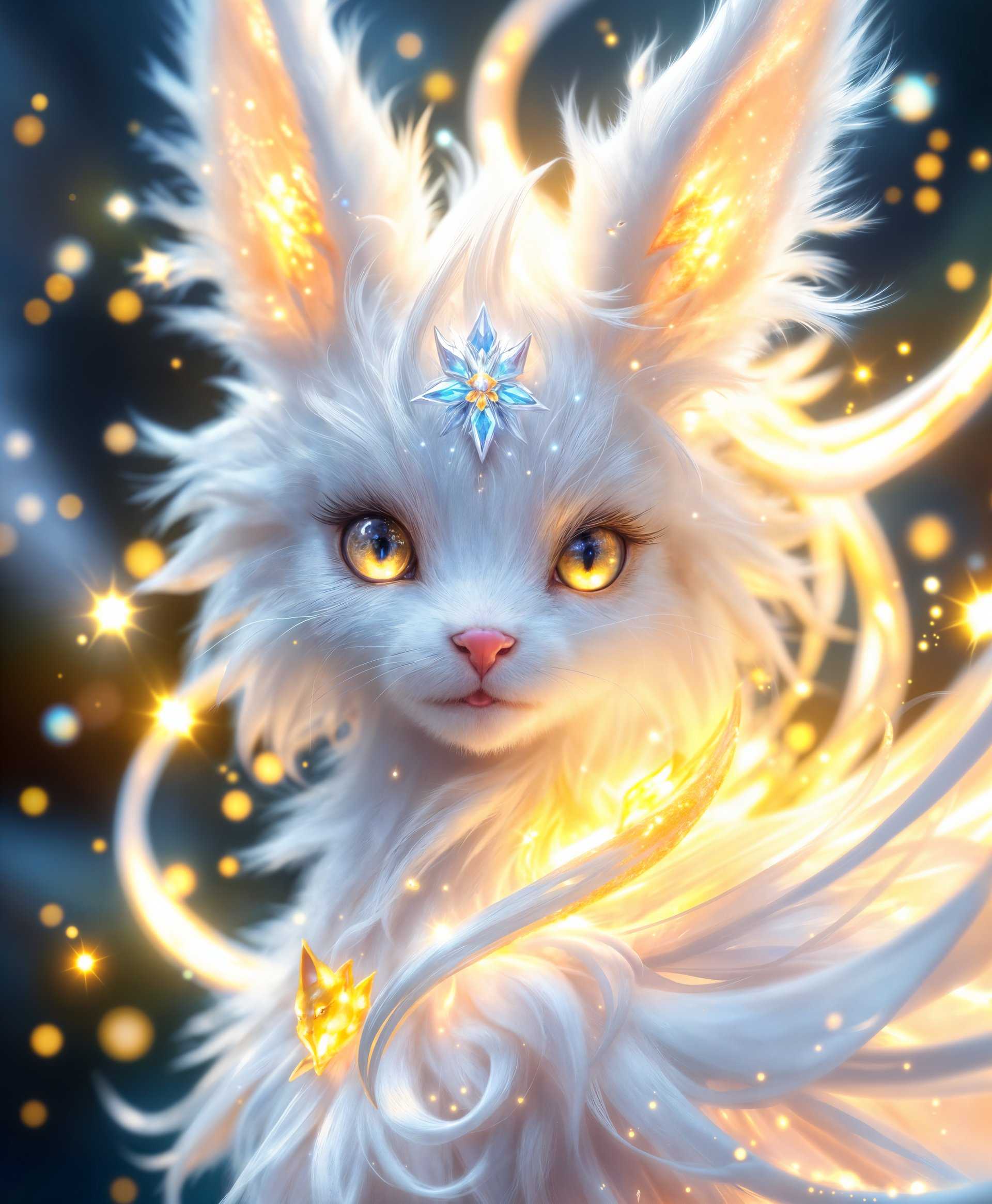 masterpiece, best quality, highres, sharp image, more detail, masterpiece, best quality, highres, sharp image, more detail, **Highly Detailed Portrait of Carbuncle from Final Fantasy**

**Visual Details:**
- **Subject:** Carbuncle, a mythical creature from the Final Fantasy series, with an ethereal glow of light emanating from its body.
- **Colors:** A palette of soft pastels with bright, luminous whites and yellows for the light effects, contrasted by deeper, vibrant jewel tones for the fur.
- **Texture:** Carbuncle's fur should appear silky smooth with a subtle iridescence, while the light around it seems to shimmer like sunlight on water.
- **Lighting:** Soft, diffused light from above highlighting the creature's features, with strong backlighting creating a halo effect around its silhouette.

**Style:**
- **Artistic Influence:** Inspired by the intricate designs of Japanese Ukiyo-e prints but with a modern digital art twist, capturing the mythical essence with a touch of realism.

**Composition:**
- **Framing:** Close-up portrait, focusing on Carbuncle's face and upper body, filling the frame to emphasize its presence.
- **Camera Angle:** Slightly low angle, looking up to give a sense of majesty and importance to Carbuncle.

**Mood and Atmosphere:**
- **Ambiance:** A serene, mystical atmosphere with a hint of otherworldly power, as if Carbuncle is about to cast a spell or bless the viewer with its light.
- **Time of Day:** Midday, with the sun at its peak, enhancing the light motif.

**Technical Aspects:**
- **Depth of Field:** Shallow depth of field, blurring the background to keep focus solely on Carbuncle.
- **Focal Point:** The eyes of Carbuncle, which should seem to glow with an inner light, drawing the viewer's attention.

**Cohesion:**
- All elements combine to create a scene where Carbuncle stands as a guardian of light, its mystical nature and power clearly depicted through the vivid and detailed portrayal.