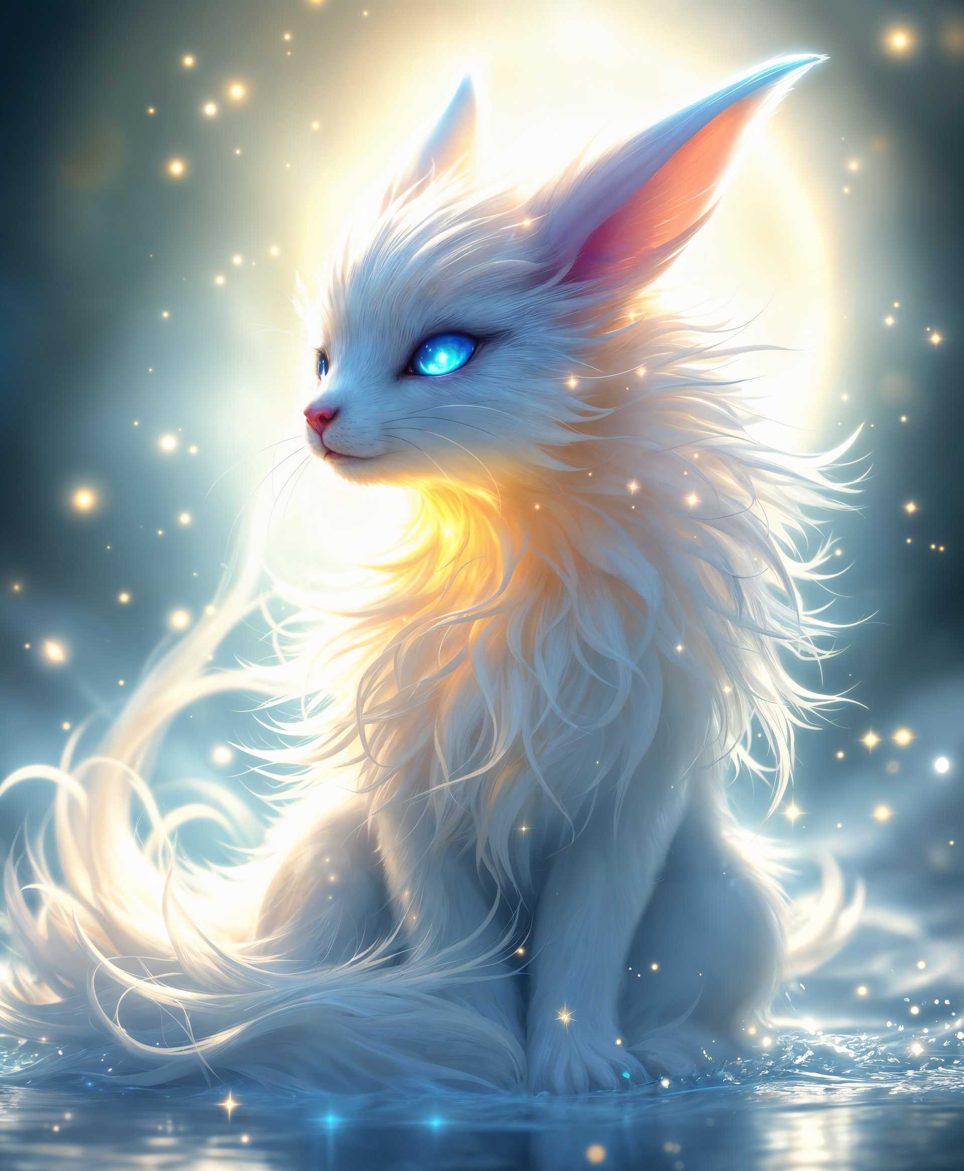 masterpiece, best quality, highres, sharp image, more detail, masterpiece, best quality, highres, sharp image, more detail, **Highly Detailed Portrait of Carbuncle from Final Fantasy**

**Visual Details:**
- **Subject:** Carbuncle, a mythical creature from the Final Fantasy series, with an ethereal glow of light emanating from its body.
- **Colors:** A palette of soft pastels with bright, luminous whites and yellows for the light effects, contrasted by deeper, vibrant jewel tones for the fur.
- **Texture:** Carbuncle's fur should appear silky smooth with a subtle iridescence, while the light around it seems to shimmer like sunlight on water.
- **Lighting:** Soft, diffused light from above highlighting the creature's features, with strong backlighting creating a halo effect around its silhouette.

**Style:**
- **Artistic Influence:** Inspired by the intricate designs of Japanese Ukiyo-e prints but with a modern digital art twist, capturing the mythical essence with a touch of realism.

**Composition:**
- **Framing:** Close-up portrait, focusing on Carbuncle's face and upper body, filling the frame to emphasize its presence.
- **Camera Angle:** Slightly low angle, looking up to give a sense of majesty and importance to Carbuncle.

**Mood and Atmosphere:**
- **Ambiance:** A serene, mystical atmosphere with a hint of otherworldly power, as if Carbuncle is about to cast a spell or bless the viewer with its light.
- **Time of Day:** Midday, with the sun at its peak, enhancing the light motif.

**Technical Aspects:**
- **Depth of Field:** Shallow depth of field, blurring the background to keep focus solely on Carbuncle.
- **Focal Point:** The eyes of Carbuncle, which should seem to glow with an inner light, drawing the viewer's attention.

**Cohesion:**
- All elements combine to create a scene where Carbuncle stands as a guardian of light, its mystical nature and power clearly depicted through the vivid and detailed portrayal.