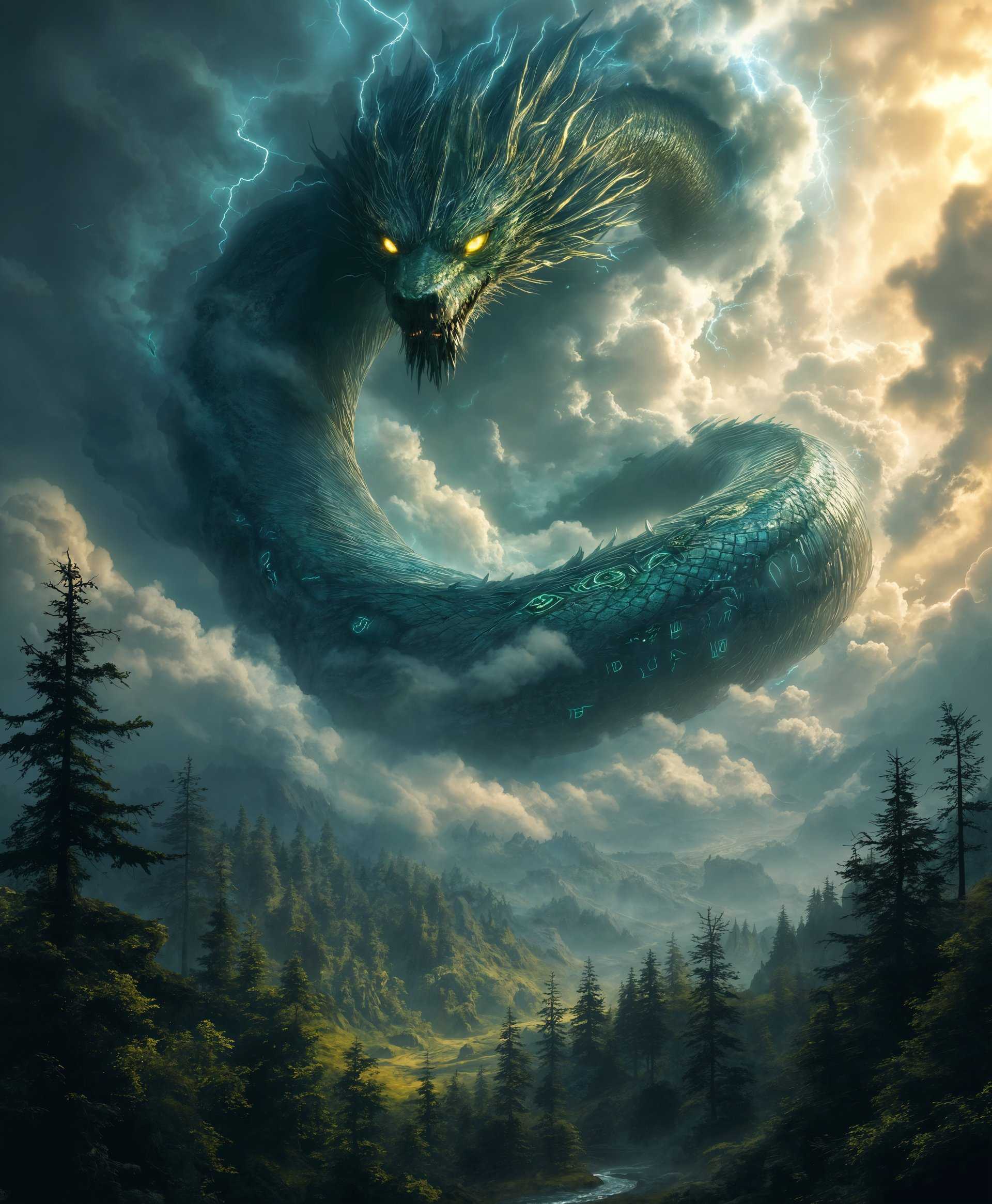 masterpiece, best quality, highres, sharp image, more detail, masterpiece, best quality, highres, sharp image, more detail, **Visual Concept:** A highly detailed portrait of Midgardsormr, the legendary serpent of Norse mythology, in its natural habitat.

**Environment:** The serpent is coiled around a massive ancient tree, its roots intertwined with the serpent's scales. The setting is a mystical, dense forest with towering trees, their leaves in hues of deep green, with occasional golden highlights from the rare sunlight filtering through the canopy.

**Subject:** Midgardsormr is depicted with scales that shimmer like polished obsidian, each one etched with runes glowing faintly with a blue-green light. The serpent's eyes are piercing, reflecting the wisdom of ages, with vertical slits like a cat's, glowing with an inner fire. Its body is muscular, with intricate patterns and textures, suggesting both strength and agility.

**Lighting:** The scene is lit by a diffuse, ethereal glow from bioluminescent fungi and plants scattered around the environment, casting soft, otherworldly light that accentuates the serpent's features. Shadows are deep, adding depth and mystery.

**Style:** The image should evoke the feel of a dark fantasy art piece, with elements reminiscent of 19th-century Romanticism, focusing on the sublime and the awe-inspiring. The detail should be fine, almost hyperrealistic, with a touch of surrealism to capture the mythical essence of Midgardsormr.

**Composition:** The serpent is the central focus, its head slightly tilted, looking directly at the viewer with an intense, almost hypnotic gaze. The tree's trunk and branches frame the serpent, creating a natural arch that draws the eye inward. The camera angle is low, emphasizing the serpent's imposing presence.

**Mood and Atmosphere:** The mood is one of awe, reverence, and a hint of danger. The atmosphere is thick with the scent of pine, damp earth, and the subtle hint of magic. The forest is quiet, with only the soft rustling of leaves and the occasional distant call of an unknown creature.

**Technical Aspects:** Utilize chiaroscuro to enhance the depth and drama, with a focus on detailed texture rendering. The image should be rendered with a wide dynamic range to capture both the dark, mysterious forest and the illuminated details of the serpent's scales and runes.

**Cohesion:** Every element of the scene, from the forest's ambiance to Midgardsormr's majestic presence, should harmonize to create an image that feels both ancient and alive, capturing the essence of this legendary creature in its mythical home.