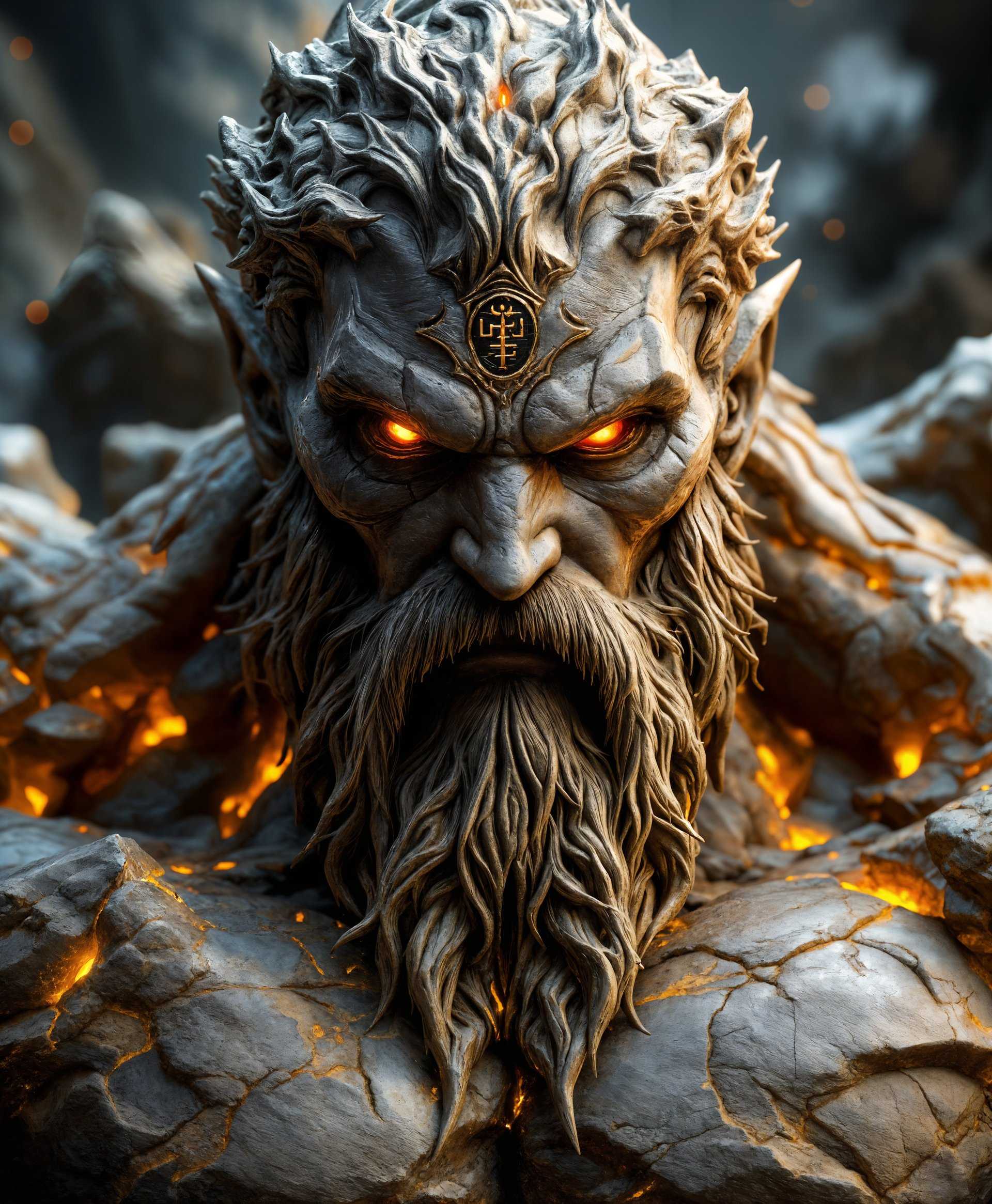 masterpiece, best quality, highres, sharp image, more detail, masterpiece, best quality, highres, sharp image, more detail, A highly detailed digital portrait of Titan from the "Final Fantasy" series, showcasing his immense power and connection to Earth and Stone:

- **Visual Details**: Titan's skin is textured like rough, weathered stone, with veins of minerals running through it, reflecting the earth's raw, natural beauty. His eyes glow with an inner light, reminiscent of the molten core beneath the earth's surface, in shades of deep amber and fiery orange. His massive frame is covered in intricate, ancient runes that seem to pulse with the planet's energy, and his muscles are sculpted as if from solid rock, with each detail highlighting his strength and durability.

- **Artistic Style**: The image is rendered in a hyper-realistic style, with elements of fantasy art. It captures the essence of classical sculpture, reminiscent of the works by Michelangelo, where every muscle and crevice is depicted with precision and grandeur. The lighting is dramatic, with highlights and shadows playing across Titan's form to accentuate his monumental presence.

- **Composition**: Titan is depicted in a heroic stance, his body slightly turned to show his profile, with his gaze fixed directly at the viewer. The camera angle is low, looking up at him, emphasizing his colossal size and power. The framing includes the vast, rugged landscape of his domain in the background, which complements his earthy nature.

- **Mood and Atmosphere**: The scene exudes a sense of awe and reverence, capturing the primal force of nature. The atmosphere is heavy with the weight of the earth, with subtle hints of dust in the air, creating a gritty, tactile feel. The time is just before sunset, where the light casts long shadows and bathes the scene in a warm, golden glow, enhancing the mystical and powerful ambiance.

- **Technical Aspects**: The image employs techniques like chiaroscuro to enhance the three-dimensionality of Titan's form, with high dynamic range to capture the depth and texture of the stone-like skin. The focus is sharp on Titan, while the background blurs slightly to keep the viewer's attention on the primal.

- **Cohesion**: All elements, from the detailed rendering of Titan's form to the choice of lighting and background, work together to create a unified scene that not only showcases his physical might but also his elemental connection to the Earth, making the viewer feel both the scale and the spiritual power of this iconic "Final Fantasy" character.