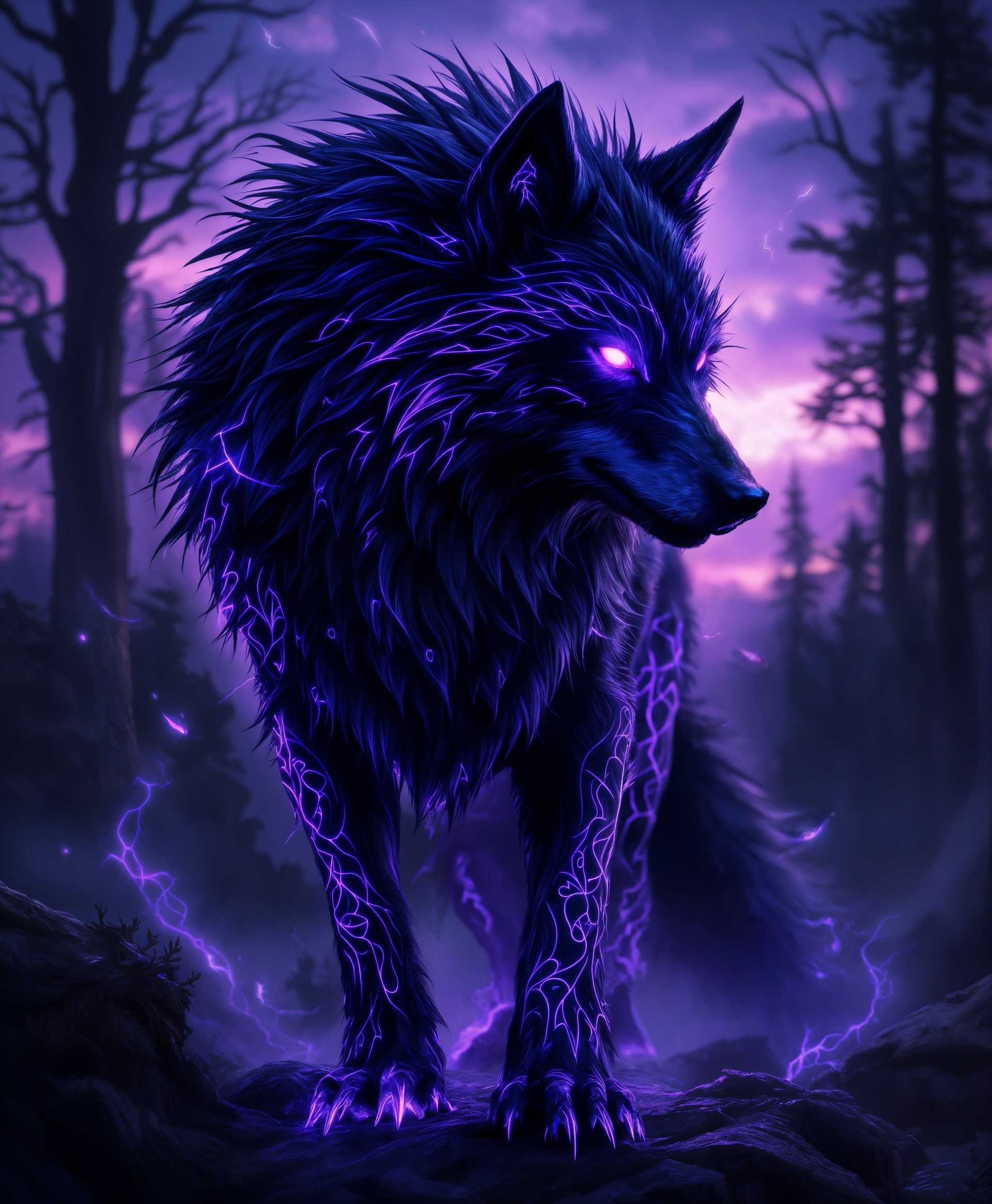 masterpiece, best quality, highres, sharp image, more detail, masterpiece, best quality, highres, sharp image, more detail, Create a hyper-realistic portrait of **Fenrir** from the "Final Fantasy" series, embodying the primal force of **Darkness**:

- **Subject**: A majestic wolf, Fenrir, with an ethereal, otherworldly presence. Its fur is a deep, shimmering black, almost absorbing light.
  
- **Tattoos**: Its body is adorned with intricate, **glowing purple tribal tattoos** that pulse with dark energy, weaving through its fur like living shadows.

- **Eyes**: The eyes of Fenrir should pierce through the darkness, glowing with a fierce, **amorphous purple light**, reflecting its primal power.

- **Lighting**: Utilize **chiaroscuro** techniques to highlight the contrast between the dark fur and the luminescent tattoos, creating an atmosphere of mystery and power.

- **Background**: Set in a twilight forest, with the silhouette of ancient trees and a sky painted in hues of deep purple and indigo, suggesting a realm between light and darkness.

- **Mood**: The scene should evoke a sense of awe, danger, and the raw power of nature, with an undercurrent of mystical energy.

- **Composition**: Frame Fenrir in a **low angle shot** to emphasize its dominance and the vastness of the forest, with its eyes looking directly at the viewer, challenging them.

- **Atmosphere**: A light fog swirls around Fenrir's feet, with subtle, **bioluminescent plants** adding to the otherworldly ambiance.

- **Style**: Combine elements of **digital painting** with **fantasy realism**, ensuring the details are sharp and the colors are rich and vibrant, capturing the essence of a video game character come to life.

- **Visual Details**: The fur should be rendered with **extreme detail**, each strand highlighted to show its texture, and the tattoos should appear as if they are etched into the skin, glowing from within.

- **Technical Aspects**: Employ **high dynamic range imaging (HDRI)** to capture the depth and contrast of the scene, with focus on the glowing tattoos against the dark fur.