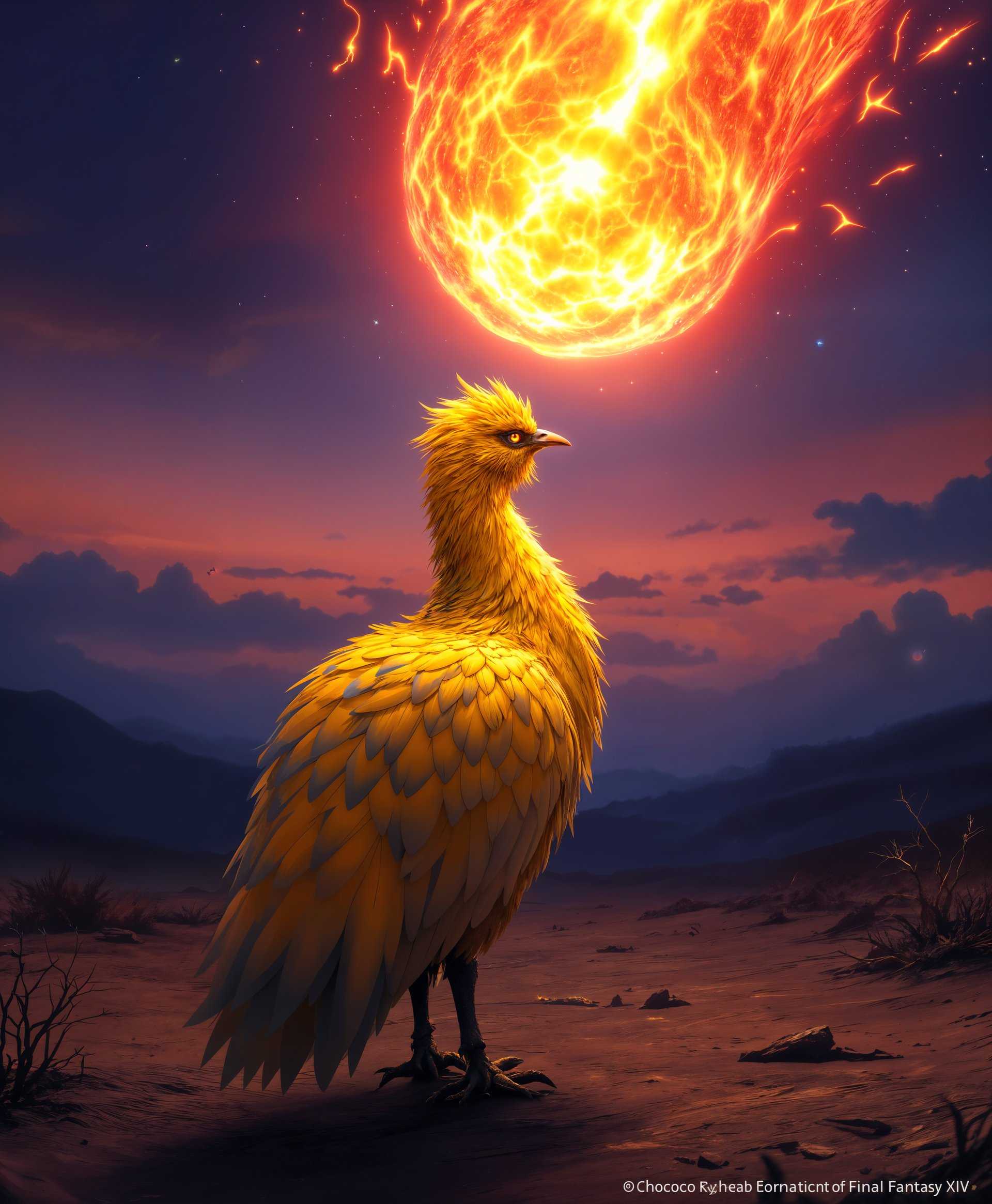 masterpiece, best quality, highres, sharp image, more detail, masterpiece, best quality, highres, sharp image, more detail, ```plaintext
Create a highly detailed portrait of a Chocobo from the "Final Fantasy" series casting its famous spell, Meteor:

- **Subject**: A majestic Chocobo, its feathers a blend of vibrant yellow with subtle shades of blue and green, reminiscent of a vibrant, mystical aura. Its eyes are bright, reflecting the intense concentration as it channels its spell.

- **Spell Effect**: The Meteor spell manifests as a colossal, fiery celestial body descending from the heavens. The meteor's surface is rough, with visible craters and molten lava streams, glowing intensely with a mix of orange and red hues. 

- **Environment**: The scene is set in a vast, open landscape under a twilight sky, where the horizon is painted in hues of deep purple and fiery orange. The ground where the Chocobo stands is barren, with sparse, charred vegetation, suggesting the aftermath of previous magical endeavors.

- **Lighting**: The primary light source is the glowing meteor, casting dramatic, high-contrast shadows and illuminating the Chocobo in a supernatural light. This backlighting highlights the Chocobo's silhouette, emphasizing its heroic stance.

- **Composition**: Capture the Chocobo from a low angle, making it appear larger than life, dominating the frame. The meteor is positioned above and slightly to the side, its trajectory aimed toward the viewer for a sense of impending impact. The bird's wings are spread wide, feathers ruffling with the magical energy.

- **Mood and Atmosphere**: The atmosphere is electric with magic and tension, the air crackling with the power of the spell. The scene exudes a sense of awe, power, and the raw, untamed energy of nature and magic combined.

- **Style**: Employ a digital art style with a focus on hyperrealism, capturing the intricate textures of feathers, the fluidity of molten rock, and the ethereal glow of magic. Use techniques like rim lighting, volumetric lighting, and particle effects to enhance the visual spectacle.

- **Technical Aspects**: Utilize depth of field to blur the background slightly, focusing sharply on the Chocobo and the meteor. Apply HDRI to manage the dynamic range of light and shadow, ensuring the scene's intensity is captured without losing detail in the shadows or highlights.
```