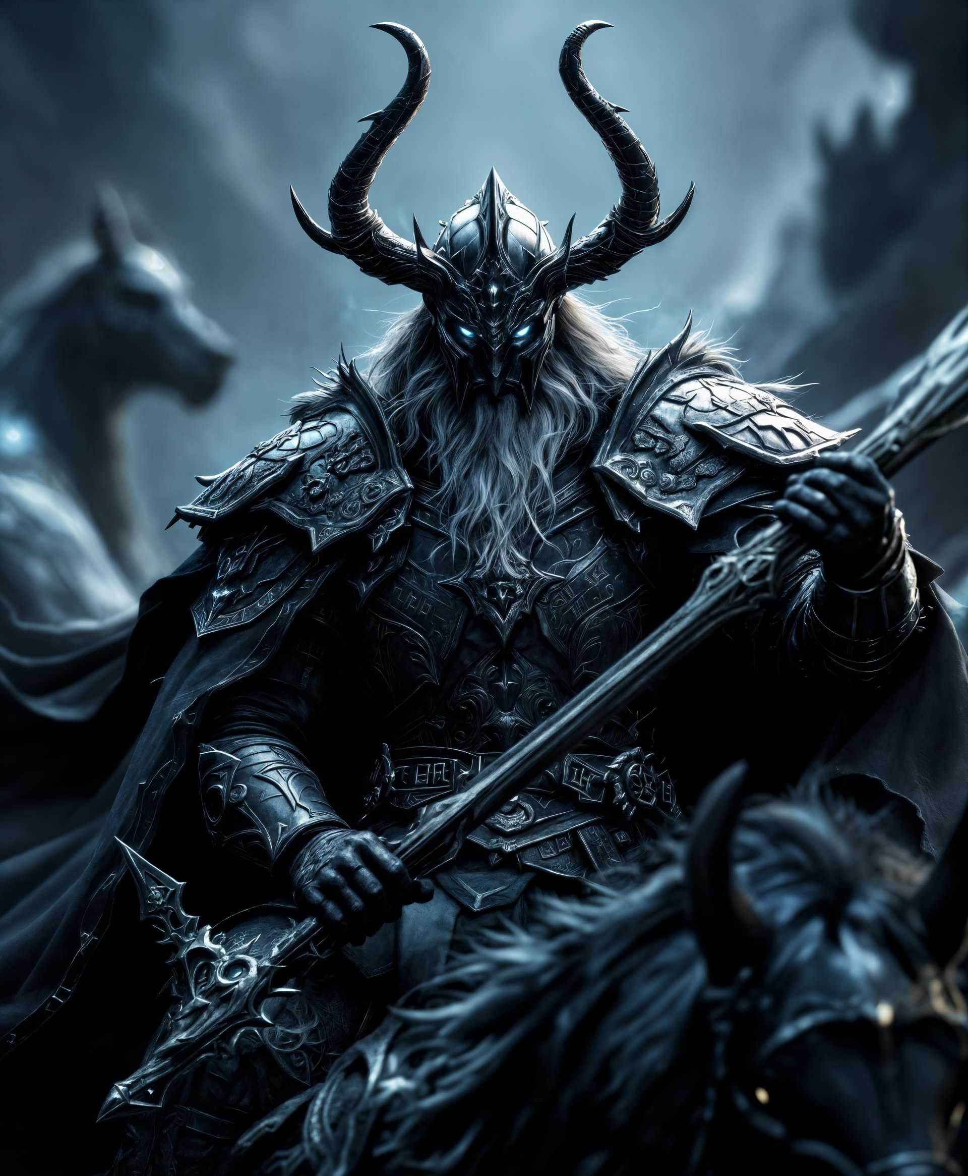 masterpiece, best quality, highres, sharp image, more detail, masterpiece, best quality, highres, sharp image, more detail, **Visual Description:** Capture a highly detailed portrait of Odin, the iconic primal from the "Final Fantasy" series. Emphasize his dark, imposing presence with intricate armor adorned with ancient runes and symbols of death. His helmet should be ornately designed, casting an ominous shadow over his face, with only his glowing, piercing eyes visible. Odin's steed, Sleipnir, should be depicted with an ethereal, dark aura, its mane and tail flowing like shadows.

**Artistic Style:** Render in a style reminiscent of dark fantasy art, blending elements of medieval and Norse mythology with a modern, high-fantasy twist. Use chiaroscuro lighting techniques to highlight the contrast between Odin's dark armor and the faint glow of his eyes and weapon.

**Composition:** Odin is the central figure, positioned majestically atop Sleipnir. The camera angle should be slightly below, looking up to emphasize his towering presence. The framing should allow for a close-up view of his face, weapon, and the mystical bond with his steed.

**Mood and Atmosphere:** The scene should exude an aura of foreboding power, with a dark, stormy sky as the backdrop. The atmosphere is thick with tension, as if Odin is preparing for a grand battle or judgment. The light is dim, with occasional flashes of lightning illuminating the edges of his armor.

**Technical Aspects:** Utilize high dynamic range imaging (HDRI) to enhance the depth of shadows and brightness of highlights. Apply post-processing effects like vignetting to focus attention on Odin, and use lens flares to subtly highlight his weapon and eyes.

**Cohesion:** All elements must work in harmony to create a scene that feels both ancient and timeless, where Odin's power of darkness is palpable, and his role as a harbinger of fate is undeniable.
