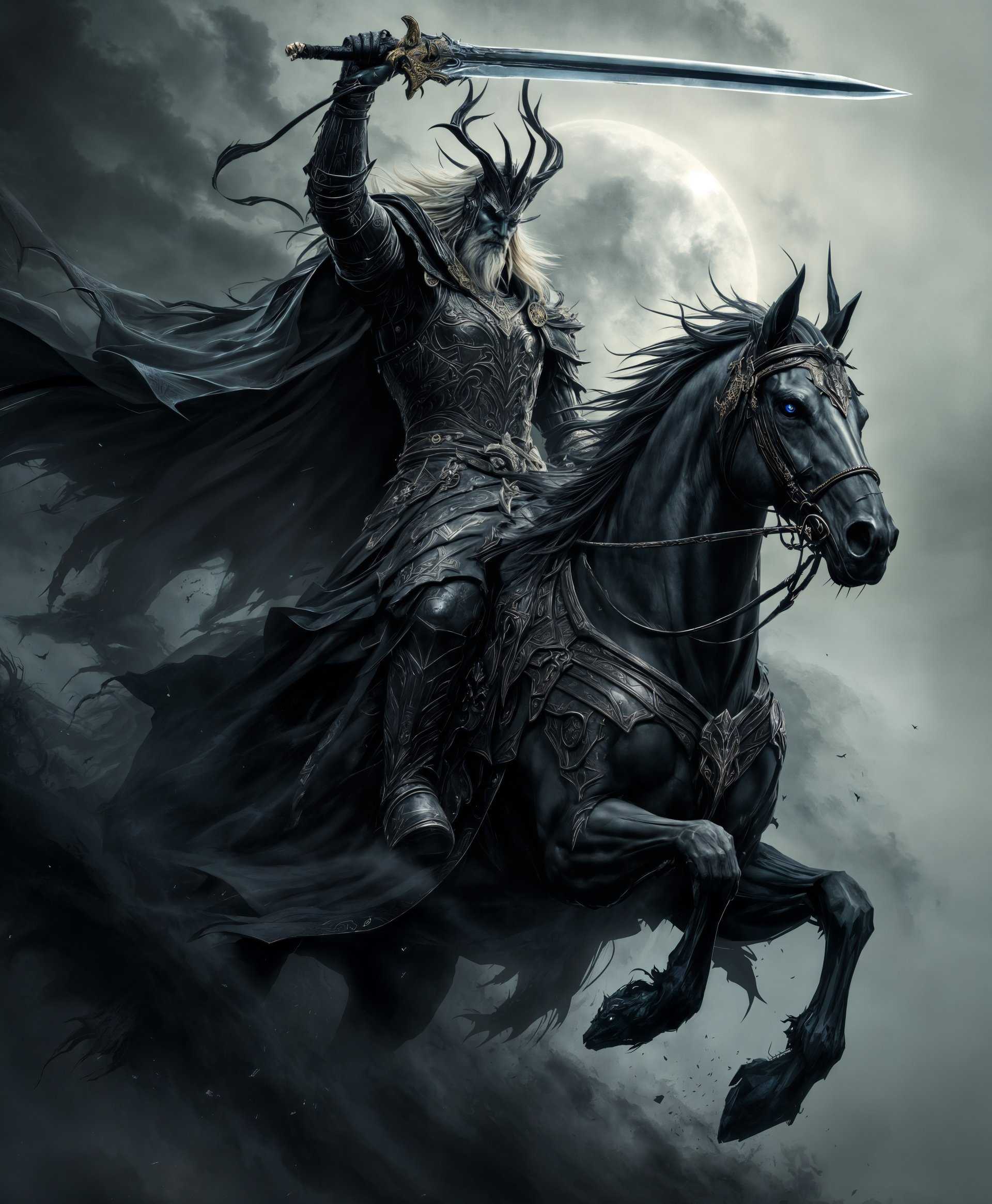 masterpiece, best quality, highres, sharp image, more detail, masterpiece, best quality, highres, sharp image, more detail, A highly detailed portrait of Odin from the "Final Fantasy" series, **capturing his essence as the primal of Darkness**. 

- **Visual Details**: 
  - Odin's armor is adorned with intricate dark metallic textures, reflecting an ominous sheen. 
  - His horse, Sleipnir, has an ethereal aura, with dark smoke and shadows emanating from its hooves. 
  - Odin's cape flows dramatically in the wind, its edges seemingly merging with the darkness around him. 
  - Zantetsuken, his sword, is depicted with a razor-sharp edge, its dark steel blade absorbing light rather than reflecting it.

- **Style**: 
  - The artwork is styled in a fusion of **Neo-Gothic** and **Japanese Ukiyo-e** aesthetics, creating a unique blend of Western and Eastern art influences.

- **Composition**: 
  - Odin is positioned in a heroic pose on his horse, with the sword raised high, creating a vertical line that draws the eye upwards. 
  - The camera angle is slightly below eye level, emphasizing Odin's imposing stature. 
  - The background is blurred to focus on Odin, with hints of a dark, stormy landscape.

- **Mood and Atmosphere**: 
  - The scene is set at **dusk**, with the last rays of sunlight barely piercing through the dark clouds, casting long shadows. 
  - An eerie, otherworldly glow surrounds Odin, suggesting his supernatural power. 
  - The atmosphere is thick with tension and foreboding, as if Odin is about to strike.

- **Technical Aspects**: 
  - **Chiaroscuro** lighting is used to enhance the contrast between light and dark, emphasizing Odin's silhouette against the dim background. 
  - **Depth of field** is employed to keep Odin in sharp focus while the background recedes into darkness.

- **Cohesion**: 
  - All elements combine to create a portrait that feels both **mythical and menacing**, capturing the essence of Odin as a harbinger of doom and darkness.