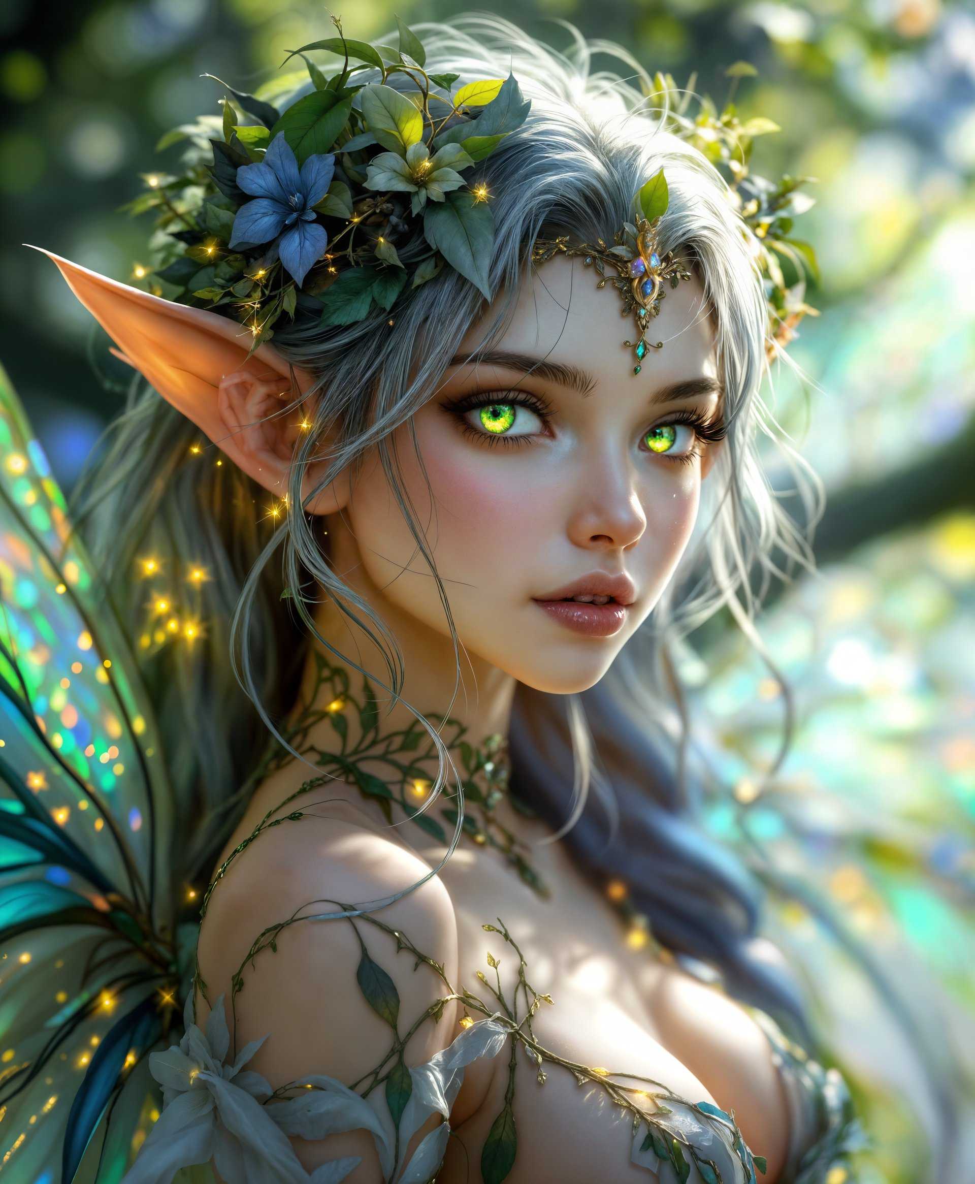 masterpiece, best quality, highres, sharp image, more detail, masterpiece, best quality, highres, sharp image, more detail, **Prompt:**

A hyper-realistic, intricately detailed portrait of Sylph, the primal from the "Final Fantasy" series, embodying the essence of fairies. 

- **Visual Details**: Capture Sylph with delicate, translucent wings that shimmer with an iridescent glow. Her skin should have an ethereal luminescence, with subtle patterns that mimic the veins of leaves. Her eyes are large, almond-shaped, and glowing with a soft green hue, reflecting the magic of the forest. Her hair is a cascade of vibrant, nature-infused colors, with strands that seem to be woven with living foliage and small, twinkling fairy lights.

- **Style**: Employ a blend of Japanese anime style with high-fantasy realism, akin to Yoshitaka Amano's artwork, but with a modern digital art twist. The rendering should be so detailed that individual hair strands, the texture of her wings, and the intricate patterns on her attire are visible.

- **Composition**: Sylph is the focal point, positioned in a three-quarter view, slightly turned to the left, looking directly at the viewer with a serene yet mischievous expression. The background features a dense, mystical forest with trees that have glowing leaves, providing a soft, natural framing around her face. 

- **Mood and Atmosphere**: The scene exudes a tranquil, otherworldly ambiance. It's twilight, with the forest bathed in a soft, magical light that enhances the fairy-like qualities of Sylph. The atmosphere is filled with a gentle mist, adding depth and mystery.

- **Technical Aspects**: Use depth of field to blur the background, focusing sharply on Sylph. Employ techniques like bokeh for the fairy lights in the background to add to the mystical feel. Utilize soft, diffused lighting to highlight her features and create a dream-like quality. 

- **Cohesion**: The entire image should evoke the feeling of stepping into a magical, ancient forest where fairies dwell. Sylph's presence should be both enchanting and slightly otherworldly, with every element of the scene harmoniously contributing to her portrayal as a primal with the power of fairies.