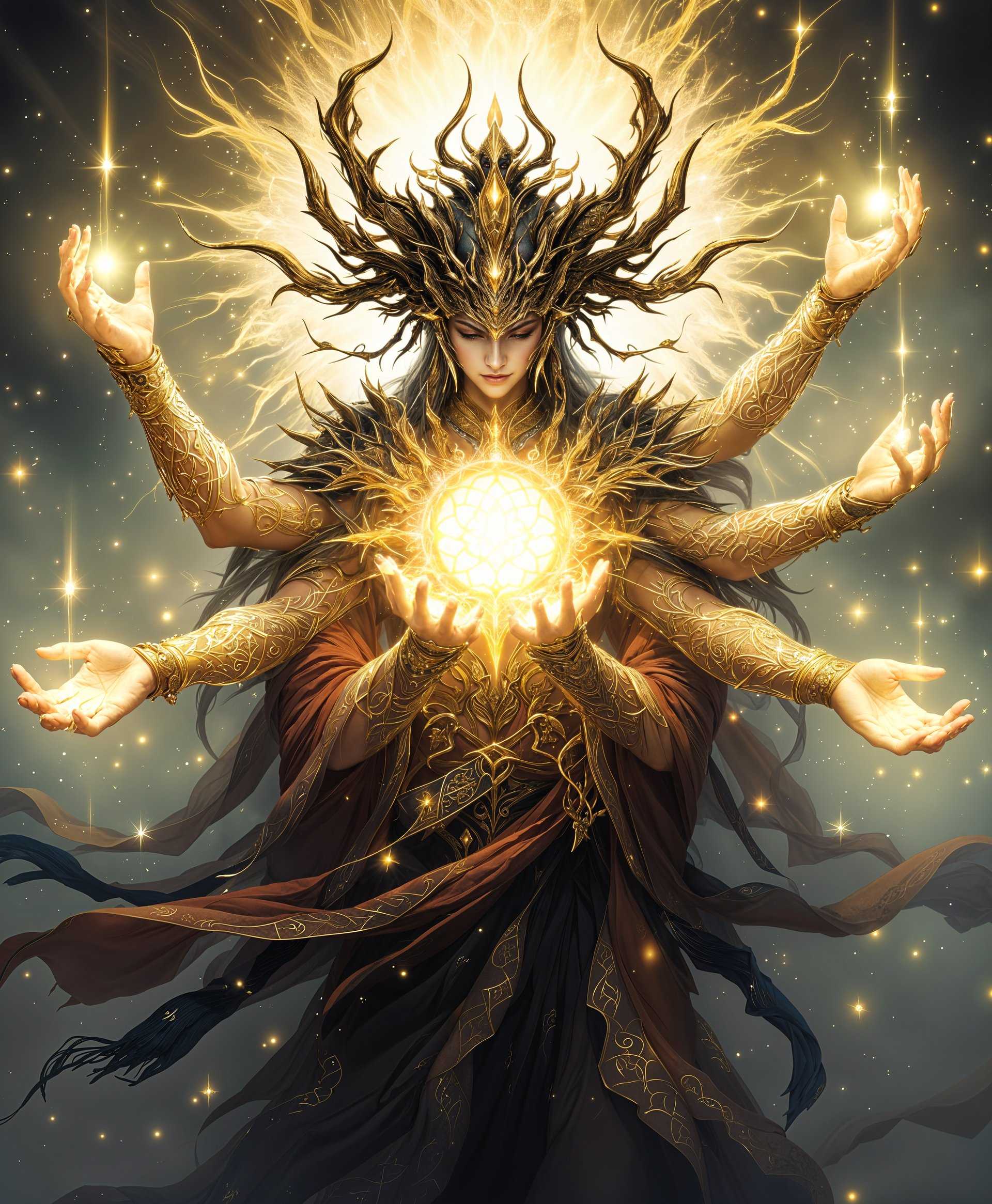 masterpiece, best quality, highres, sharp image, more detail <lora:more_details:0.5> <lora:SDXLrender_v2.0:1>, A highly detailed **portrait** of **Ashura**, the primal from the "Final Fantasy" series, with an emphasis on **healing abilities**. The image should capture:

- **Visual Details:** 
  - **Ashura** with multiple arms, each adorned with intricate, glowing patterns that symbolize healing energies. 
  - A **soft, ethereal glow** surrounding Ashura, with **light rays** emanating from the hands, suggesting a divine or mystical presence.
  - **Textures** should be rich, with **metallic and fabric elements** on the arms and clothing, showcasing the contrast between hard and soft materials.

- **Style:** 
  - Rendered in a **fantasy art style**, reminiscent of Yoshitaka Amano's work, with a blend of traditional Japanese art influences and modern digital art techniques.

- **Composition:** 
  - **Ashura** positioned centrally, slightly turned to face the viewer, with arms extended outward in a gesture of healing or blessing.
  - **Camera Angle:** Low angle, looking up at Ashura to emphasize power and grandeur.
  - **Framing:** Tight framing around Ashura, with the background softly blurred to keep the focus on the subject.

- **Mood and Atmosphere:** 
  - The scene should evoke a **serene, sacred atmosphere**, with **gentle light** filtering through an imagined temple or shrine, suggesting a moment of peace and rejuvenation.
  - **Time of Day:** Early morning or dusk, with a warm, golden light that enhances the mystical ambiance.

- **Technical Aspects:** 
  - **Depth of Field** to separate Ashura from the background, emphasizing the figure.
  - **High Dynamic Range** to capture the full spectrum of light and shadow, making the healing glow stand out.
  - **Color Palette:** Predominantly soft greens and blues with hints of gold, symbolizing healing, tranquility, and divine energy.

- **Cohesion:** 
  - All elements should contribute to an image that feels both **majestic and approachable**, with Ashura's healing power being the focal point, creating a harmonious blend of fantasy and serenity.