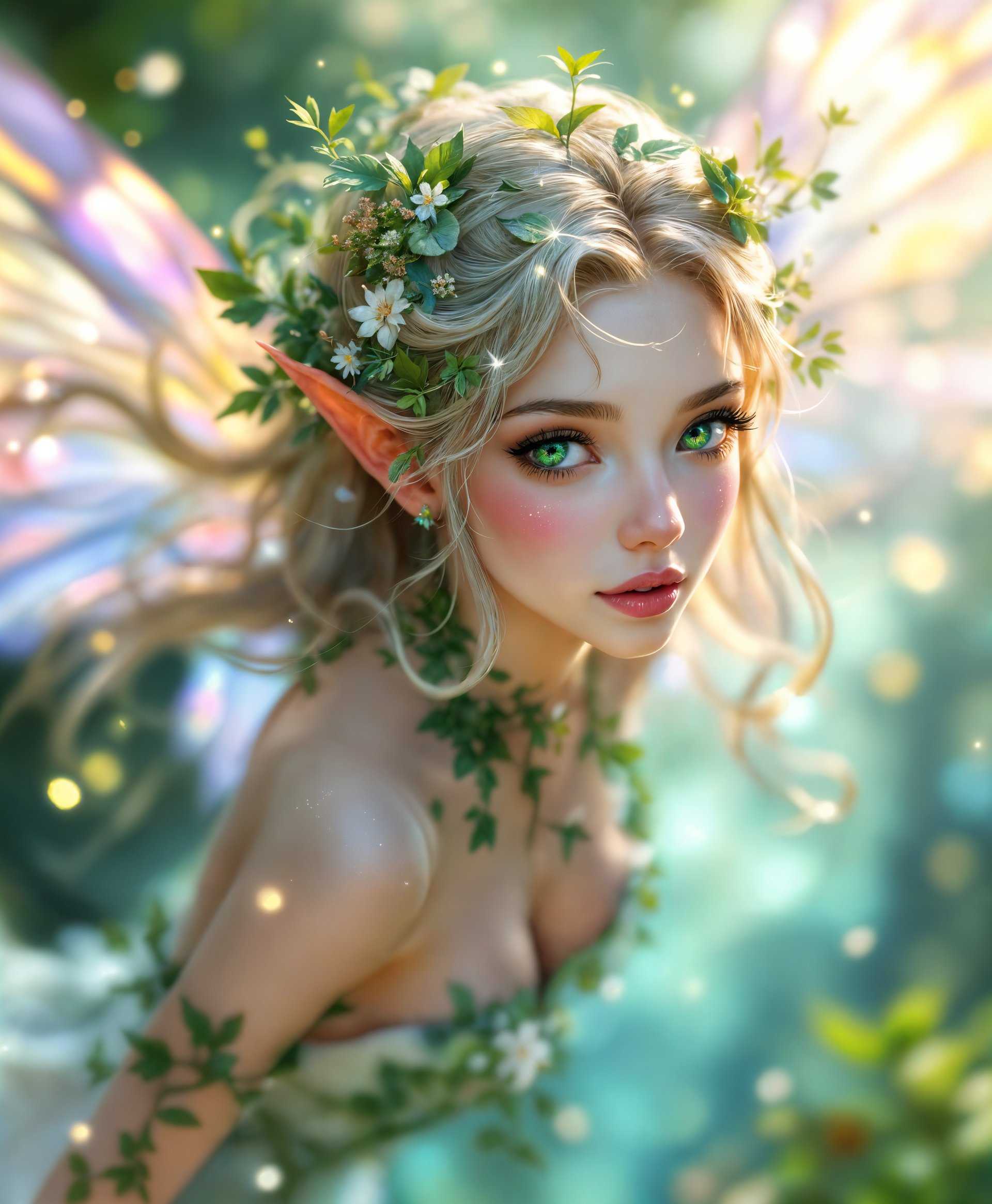 masterpiece, best quality, highres, sharp image, more detail, masterpiece, best quality, highres, sharp image, more detail, **Prompt:**

A hyper-realistic, intricately detailed portrait of Sylph, the primal from the "Final Fantasy" series, embodying the essence of fairies. 

- **Visual Details**: Capture Sylph with delicate, translucent wings that shimmer with an iridescent glow. Her skin should have an ethereal luminescence, with subtle patterns that mimic the veins of leaves. Her eyes are large, almond-shaped, and glowing with a soft green hue, reflecting the magic of the forest. Her hair is a cascade of vibrant, nature-infused colors, with strands that seem to be woven with living foliage and small, twinkling fairy lights.

- **Style**: Employ a blend of Japanese anime style with high-fantasy realism, akin to Yoshitaka Amano's artwork, but with a modern digital art twist. The rendering should be so detailed that individual hair strands, the texture of her wings, and the intricate patterns on her attire are visible.

- **Composition**: Sylph is the focal point, positioned in a three-quarter view, slightly turned to the left, looking directly at the viewer with a serene yet mischievous expression. The background features a dense, mystical forest with trees that have glowing leaves, providing a soft, natural framing around her face. 

- **Mood and Atmosphere**: The scene exudes a tranquil, otherworldly ambiance. It's twilight, with the forest bathed in a soft, magical light that enhances the fairy-like qualities of Sylph. The atmosphere is filled with a gentle mist, adding depth and mystery.

- **Technical Aspects**: Use depth of field to blur the background, focusing sharply on Sylph. Employ techniques like bokeh for the fairy lights in the background to add to the mystical feel. Utilize soft, diffused lighting to highlight her features and create a dream-like quality. 

- **Cohesion**: The entire image should evoke the feeling of stepping into a magical, ancient forest where fairies dwell. Sylph's presence should be both enchanting and slightly otherworldly, with every element of the scene harmoniously contributing to her portrayal as a primal with the power of fairies.