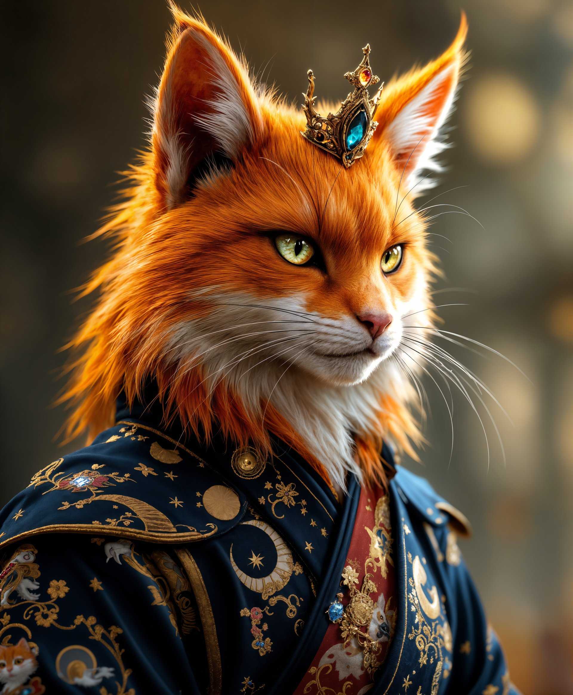 masterpiece, best quality, highres, sharp image, more detail, masterpiece, best quality, highres, sharp image, more detail, A highly detailed, **photorealistic** portrait of Cait Sith from the "Final Fantasy" game series, captured in a **cinematic** lighting setup that highlights his **vibrant orange fur** and **intricate, traditional Japanese kimono**. 

**Visual Details:**
- Cait Sith's fur should be rendered with **hyperrealistic texture**, showing individual hairs that catch the light, creating a **glossy sheen**.
- His kimono features **intricate embroidery** with motifs of **cats, moons, and stars**, using **deep blues, rich golds, and silvers** to contrast with his fur.
- The **crown** atop his head is **ornate**, made of **gold with precious gems**, reflecting light with **prismatic effects**.

**Style:**
- **Fantasy art** style, reminiscent of **Akira Toriyama**'s character designs, but with a **studio Ghibli** touch in the level of detail and warmth.
- Utilize **depth of field** to focus on Cait Sith, with a **soft, blurred background** to emphasize his presence.

**Composition:**
- Cait Sith is **front and center**, slightly tilted to one side, looking directly at the viewer with a **mischievous, playful expression**.
- The camera angle is **slightly low**, looking up at him to convey his **magical, larger-than-life presence**.
- The frame should be **tight**, emphasizing his facial features and the details of his attire, with just enough room to include part of his **Moogle companion** in the background.

**Mood and Atmosphere:**
- The setting suggests a **mystical, moonlit night** with **soft, ethereal lighting** casting gentle shadows, enhancing the **enchanting** and **otherworldly** atmosphere.
- There's a sense of **serenity** mixed with **anticipation**, as if Cait Sith is about to perform a magical act or share a secret.

**Technical Aspects:**
- Use **Bokeh** to create a dreamy background effect, focusing the viewer's attention on Cait Sith.
- Employ **soft focus** techniques for areas not in the immediate focus to maintain depth and realism.
- Utilize **high dynamic range (HDR)** to capture the full spectrum of light and shadow, ensuring Cait Sith's fur and the kimono's embroidery are rendered with maximum detail.

**Cohesion:**
- The overall image should blend **fantasy elements** with **realistic rendering**, creating a **believable** yet **magical