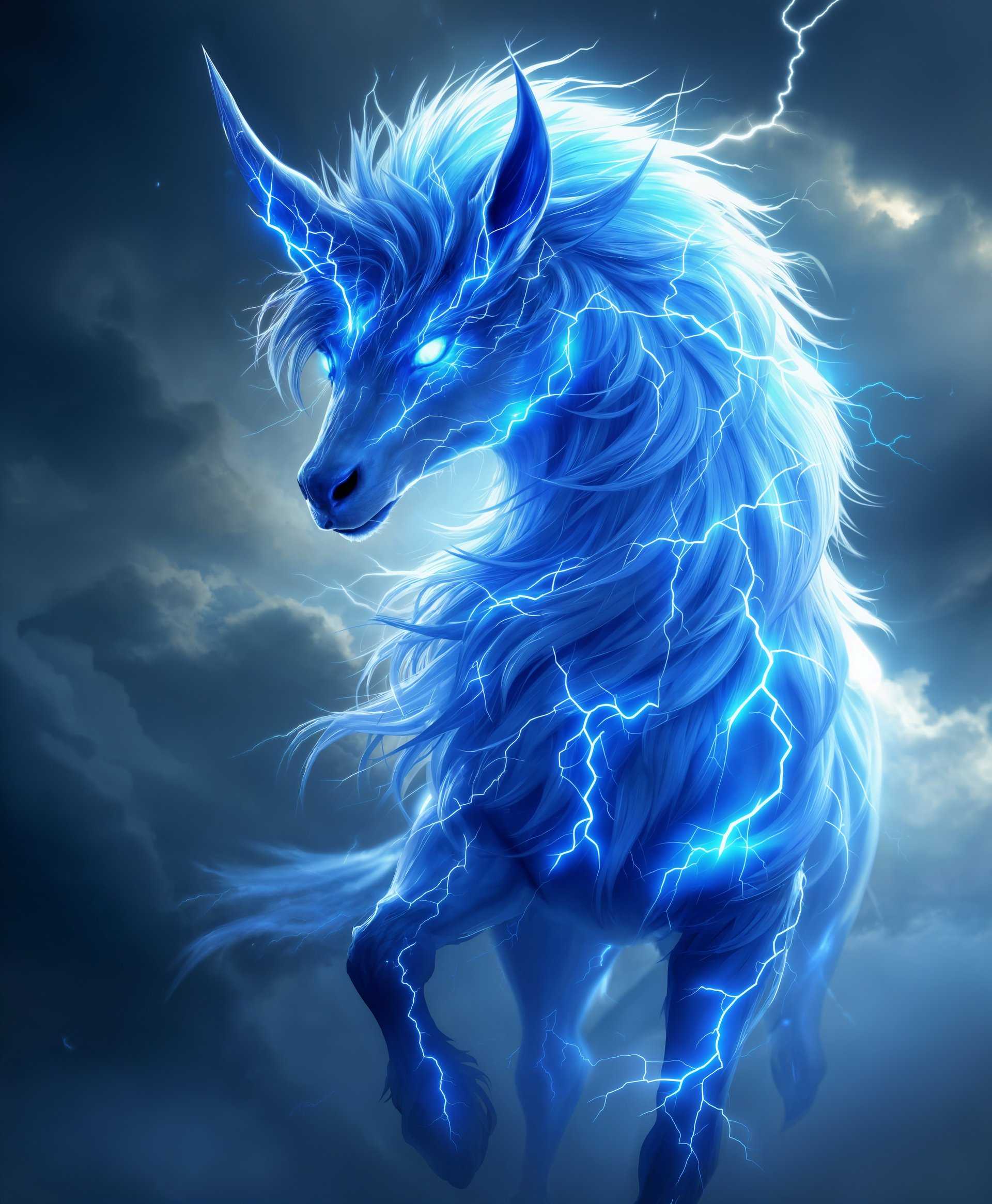 masterpiece, best quality, highres, sharp image, more detail, masterpiece, best quality, highres, sharp image, more detail, **Prompt for AI Image Generation:**

Create an image of Kirin from the "Final Fantasy" series, focusing on:

- **Visual Details:** 
  - Kirin should be depicted with a sleek, ethereal body, shimmering with an electric blue aura. The fur should be short, bristling with static electricity, and the mane should flow like lightning bolts, capturing the essence of thunder.
  - Eyes glowing with a fierce, electric energy, contrasting with the dark, stormy clouds in the background.
  - The skin should have a metallic sheen, reflecting the surrounding environment, with small, intricate patterns of lightning strikes etched into the hide.

- **Style:** 
  - Combine elements of Japanese Ukiyo-e with modern digital art techniques to create a dynamic, almost living portrayal. Use exaggerated shadows and highlights to enhance the dramatic effect of lightning.

- **Composition:**
  - Kirin should be positioned at the center, with its head slightly turned towards the viewer, creating an intense connection. 
  - The camera angle should be slightly low, making Kirin appear more majestic and powerful, framed by the stormy sky above.

- **Mood and Atmosphere:**
  - The scene should convey a sense of impending storm, with dark, foreboding clouds swirling above, illuminated by flashes of lightning. 
  - The overall atmosphere should be one of awe, power, and the raw, untamed energy of thunder.

- **Technical Aspects:**
  - Utilize chiaroscuro to emphasize the contrast between light and darkness, highlighting Kirin's form against the tempestuous backdrop.
  - Employ depth of field to blur the background slightly, focusing the viewer's attention on Kirin's detailed features.

- **Cohesion:**
  - All elements should harmonize to depict Kirin not just as a creature but as a force of nature, embodying the primal essence of thunder with both grace and ferocity.
