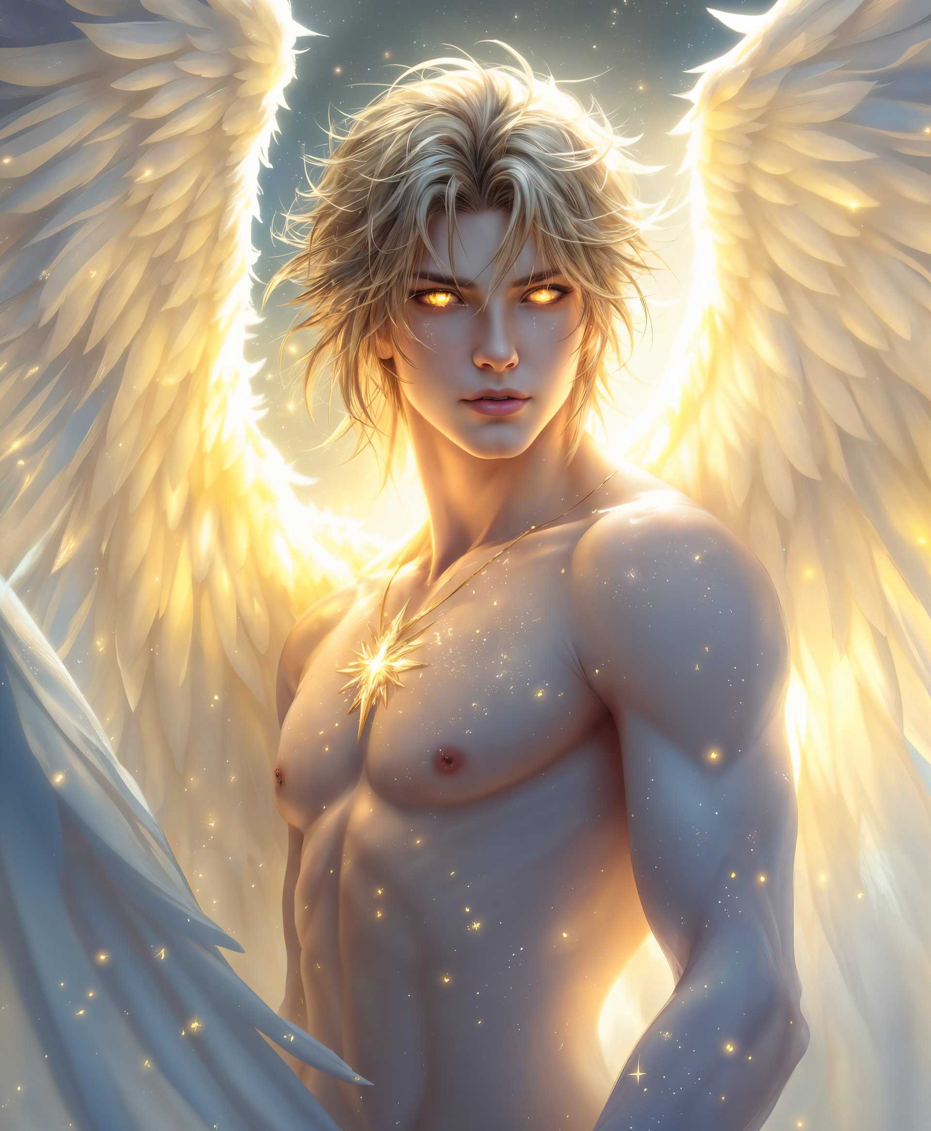 masterpiece, best quality, highres, sharp image, more detail, masterpiece, best quality, highres, sharp image, more detail, **Prompt:**

Create a highly detailed digital painting of Seraphim from the "Final Fantasy" series, embodying the power of Light. The portrait should:

- **Visual Details:**
  - Feature Seraphim with ethereal, luminous skin that glows from within, casting a soft, radiant light around him.
  - His eyes should be piercing, filled with divine light, with intricate patterns of light reflecting in his irises.
  - Angel wings, vast and majestic, should span behind him, each feather meticulously detailed, shimmering with a golden glow at the edges.
  - The wings should transition from white at the base to a soft, celestial blue at the tips, with light particles floating around.

- **Style:**
  - Utilize a hyper-realistic style with elements of fantasy art, reminiscent of Yoshitaka Amano's work, but with a contemporary digital painting technique.
  - Employ fine brushwork to capture the texture of skin, feathers, and light effects.

- **Composition:**
  - Frame Seraphim in a three-quarter view, with his face slightly turned towards the light source, enhancing the glow.
  - Position the wings in a way that they frame his face, creating a natural halo effect around his head.
  - The camera angle should be slightly low, giving Seraphim a majestic, towering presence.

- **Mood and Atmosphere:**
  - Set the scene at twilight, with the last rays of sunlight piercing through clouds, reflecting off Seraphim's wings and skin.
  - The ambiance should be serene yet powerful, with an otherworldly tranquility, as if the viewer is witnessing a moment of divine grace.

- **Technical Aspects:**
  - Use a shallow depth of field to focus on Seraphim's face and wings, with the background slightly blurred to emphasize his ethereal presence.
  - Employ backlighting to enhance the glow of the wings and skin, with careful use of chiaroscuro to define facial features.
  - Apply particle effects for the light emanating from his wings, ensuring they blend seamlessly with the environment.

This portrait should not only capture Seraphim's divine essence but also evoke a sense of awe and wonder, as if the viewer has stepped into a moment of sacred revelation within the "Final Fantasy" universe.