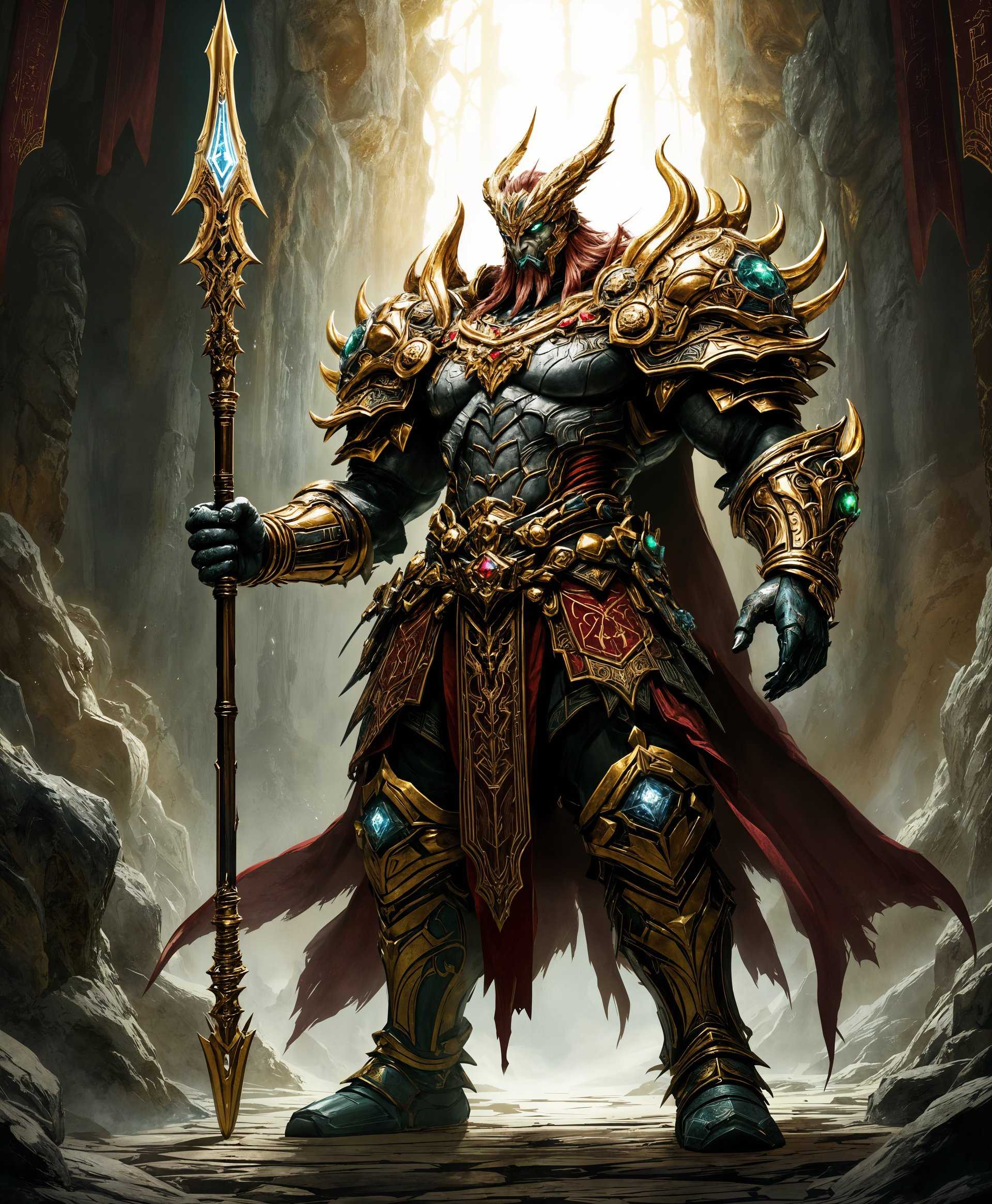 masterpiece, best quality, highres, sharp image, more detail, masterpiece, best quality, highres, sharp image, more detail, **Image Prompt:**

A highly detailed and intricately rendered portrait of Gilgamesh from the "Final Fantasy" series, showcasing his imposing figure. 

**Visual Details:**
- **Character:** Gilgamesh, an anthropomorphic warrior with multiple arms, each wielding a different weapon, with a focus on his iconic lance. 
- **Texture:** His armor should exhibit a mix of gleaming, polished metal and battle-worn leather, with intricate engravings and runes glowing with a faint magical energy.
- **Color Palette:** Dominated by shades of gold, silver, and deep, rich reds, with accents of green and blue from his weapons.
- **Lighting:** Dramatic lighting with a high contrast; the light source is behind Gilgamesh, casting sharp shadows and highlighting his silhouette, giving him an almost divine aura.

**Style:**
- **Artistic Style:** The portrait should reflect a fusion of traditional Japanese ukiyo-e woodblock printing with the modern, exaggerated style of JRPG character design. 
- **Photography Technique:** Use a shallow depth of field to keep Gilgamesh in sharp focus while the background blurs, creating a sense of depth and emphasizing his presence.

**Composition:**
- **Subject Positioning:** Gilgamesh is centrally positioned, his body slightly turned to one side, showcasing his multi-armed stance, with his lance held prominently in the foreground.
- **Camera Angle:** Low angle shot to convey his grandeur and power, looking up at him.
- **Framing:** Tight framing around Gilgamesh to focus on his face and arms, with his weapons extending beyond the frame edges, suggesting an epic scale.

**Mood and Atmosphere:**
- **Emotion:** Convey an aura of power, determination, and a hint of playfulness typical of Gilgamesh's character.
- **Time of Day:** Set during twilight, with the sky behind him a mix of deep blues and purples, enhancing the magical and mystical atmosphere.
- **Weather:** A calm, clear evening, with no weather elements to distract from the subject.

**Technical Aspects:**
- **Focus:** Sharp focus on Gilgamesh's face, eyes, and the intricate details of his armor, with the lance's tip slightly out of focus to draw the eye back to the character.
- **Lens:** Use of a wide-angle lens to capture the grandeur and detail of the character while still framing him tightly.

**Cohesion:**
- The scene should blend the fantastical elements of the "Final Fantasy" universe with traditional art techniques,