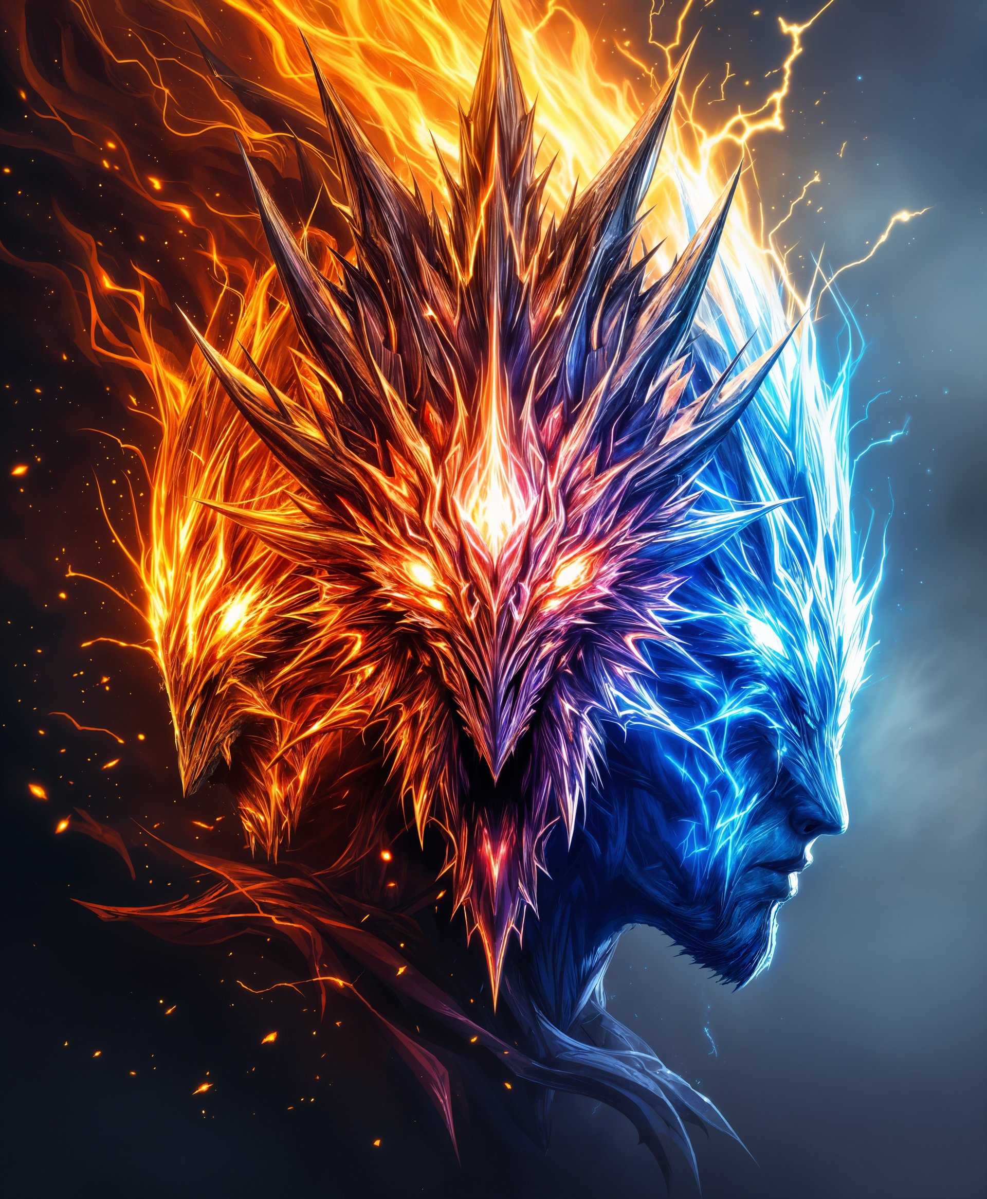 masterpiece, best quality, highres, sharp image, more detail, masterpiece, best quality, highres, sharp image, more detail, **Prompt:** Create a highly detailed portrait of Valigarmanda, the primal from the "Final Fantasy" series, embodying the essence of tri-disaster:

- **Subject:** Focus on Valigarmanda, a majestic and mythical creature with three distinct heads representing fire, ice, and lightning. Each head should exude its elemental power with vivid, glowing eyes that reflect their respective elements.

- **Visual Details:** 
  - **Fire Head:** Intricate textures of flames, with embers and sparks dancing around, illuminating the surrounding area with a warm, fiery glow.
  - **Ice Head:** Crystalline structures and frost patterns, with a cold, icy breath that seems to chill the air around it, reflecting light in icy shards.
  - **Lightning Head:** Electricity arcs and sparks, with static energy visibly crackling around its form, creating a halo of electric light.

- **Colors:** Utilize a vibrant palette where each head has its signature color - deep reds and oranges for fire, cool blues and whites for ice, and bright yellows and purples for lightning.

- **Lighting:** Dynamic lighting with harsh contrasts; the fire head casts long, flickering shadows, the ice head creates a cold, reflective light, and the lightning head causes stark, momentary flashes of illumination.

- **Artistic Style:** Inspired by the detailed, high-fantasy artwork of Yoshitaka Amano, with a touch of dramatic flair akin to the works of H.R. Giger's biomechanical style for an otherworldly touch.

- **Composition:** 
  - **Framing:** Close-up to capture the intensity of the tri-disaster heads, with a slight angle from below to emphasize the creature's dominance.
  - **Subject Positioning:** Central, with the three heads arranged in a triangular formation for balance and power.

- **Mood and Atmosphere:** 
  - **Time of Day:** Twilight, where the sky is a mix of dusk and dawn colors, enhancing the surreal, mystical atmosphere.
  - **Weather:** A storm brews in the background, with thunderclouds hinting at the turmoil and chaos Valigarmanda represents.
  - **Ambiance:** The air is thick with elemental energy, creating an aura of impending disaster and raw, untamed power.

- **Technical Aspects:**
  - **Depth of Field:** Shallow focus to highlight the heads, with the background blurred to emphasize the tri-disaster theme.
  - **Exposure:** Balanced to capture the full spectrum of light from the intense brightness of lightning to the