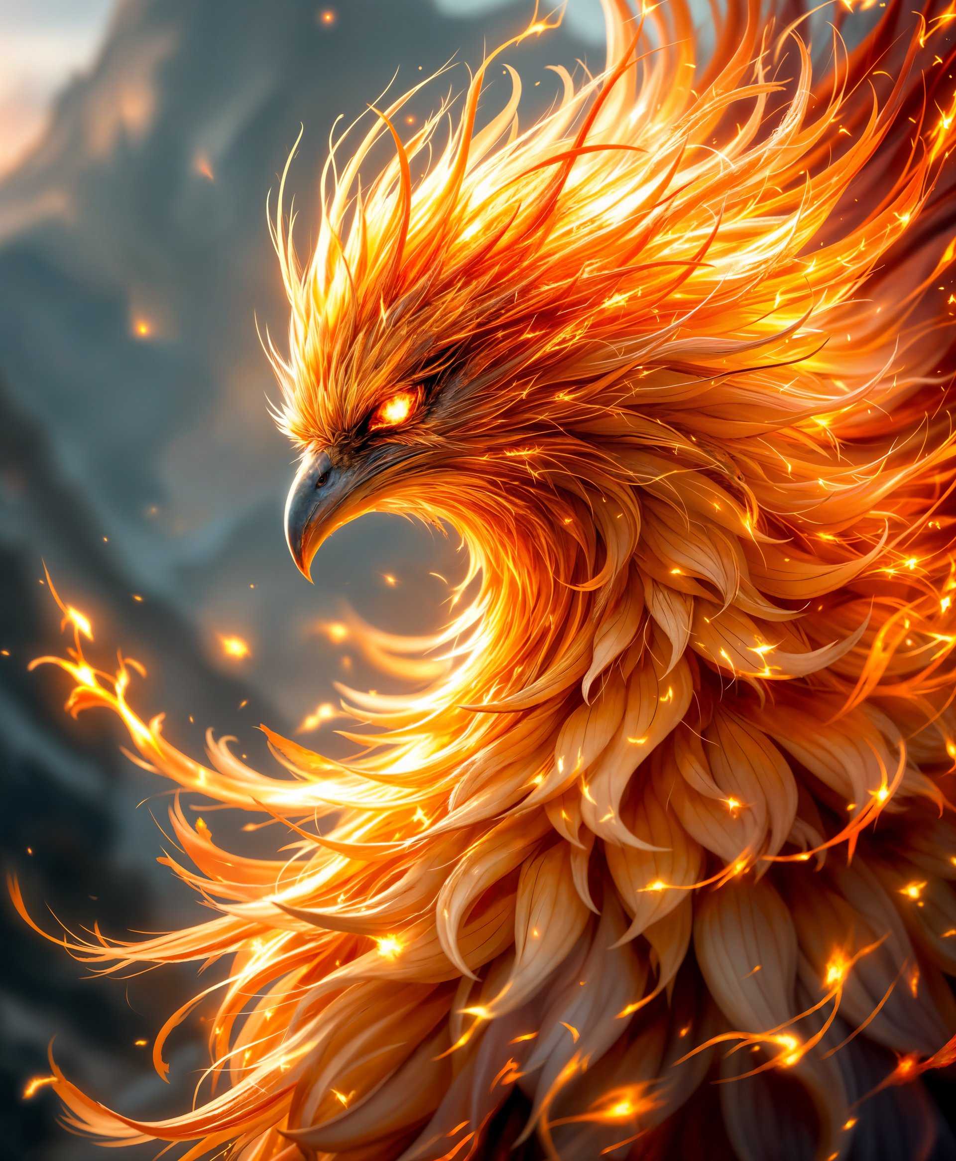 masterpiece, best quality, highres, sharp image, more detail, masterpiece, best quality, highres, sharp image, more detail, A highly detailed portrait of **Phoenix**, the primal from the "Final Fantasy" series, **radiating with the power of fire**:

- **Artistic Style:** Inspired by digital fantasy art, with a touch of Renaissance painting techniques for depth and realism.
- **Visual Details:**
  - **Feathers:** Each feather is intricately detailed, glowing with an inner fire, with hues of fiery orange, red, and gold, creating an aura of heat around them.
  - **Eyes:** Eyes are piercing, with a fiery glow, reflecting an ancient wisdom and power, surrounded by a subtle, shimmering effect.
  - **Flames:** The flames around Phoenix are not just ordinary fire but ethereal, with visible heat distortion and translucent, swirling patterns, giving a sense of dynamic movement.
  - **Background:** A backdrop of a mythical landscape, slightly blurred to emphasize the subject, with distant mountains and a sky that hints at the end of the day, suffused with the warm colors of a setting sun.
- **Composition:**
  - **Subject Positioning:** Phoenix is depicted in a regal pose, wings slightly spread to showcase their magnificence, head turned slightly to look directly at the viewer, conveying both majesty and a challenge.
  - **Camera Angle:** Low angle to emphasize Phoenix's grandeur, making the viewer feel small in comparison.
  - **Framing:** The portrait is tightly framed to focus on Phoenix, with just enough of the environment visible to set the scene without distracting from the subject.
- **Mood and Atmosphere:** 
  - The scene exudes a sense of awe, power, and the primal force of fire. The atmosphere is charged with energy, the air shimmering with heat, giving a sense of the mythical creature's might.
  - The lighting is dramatic, with a strong backlight casting Phoenix's silhouette against the flames, creating an interplay of light and shadow that adds depth and drama.
- **Technical Aspects:** 
  - **Depth of Field:** Shallow depth of field to blur the background, ensuring Phoenix stands out sharply.
  - **Color Palette:** Dominated by warm colors - reds, oranges, yellows, with subtle hints of purple and blue in the flames to suggest otherworldly heat.
  - **Texture:** Feathers appear soft yet contain a visible inner glow, and the flames have a realistic, flowing texture with visible movement.
  - **Lighting:** High contrast lighting to highlight the fiery nature of Phoenix, with areas of intense light and deep shadow to enhance the three-dimensional effect.