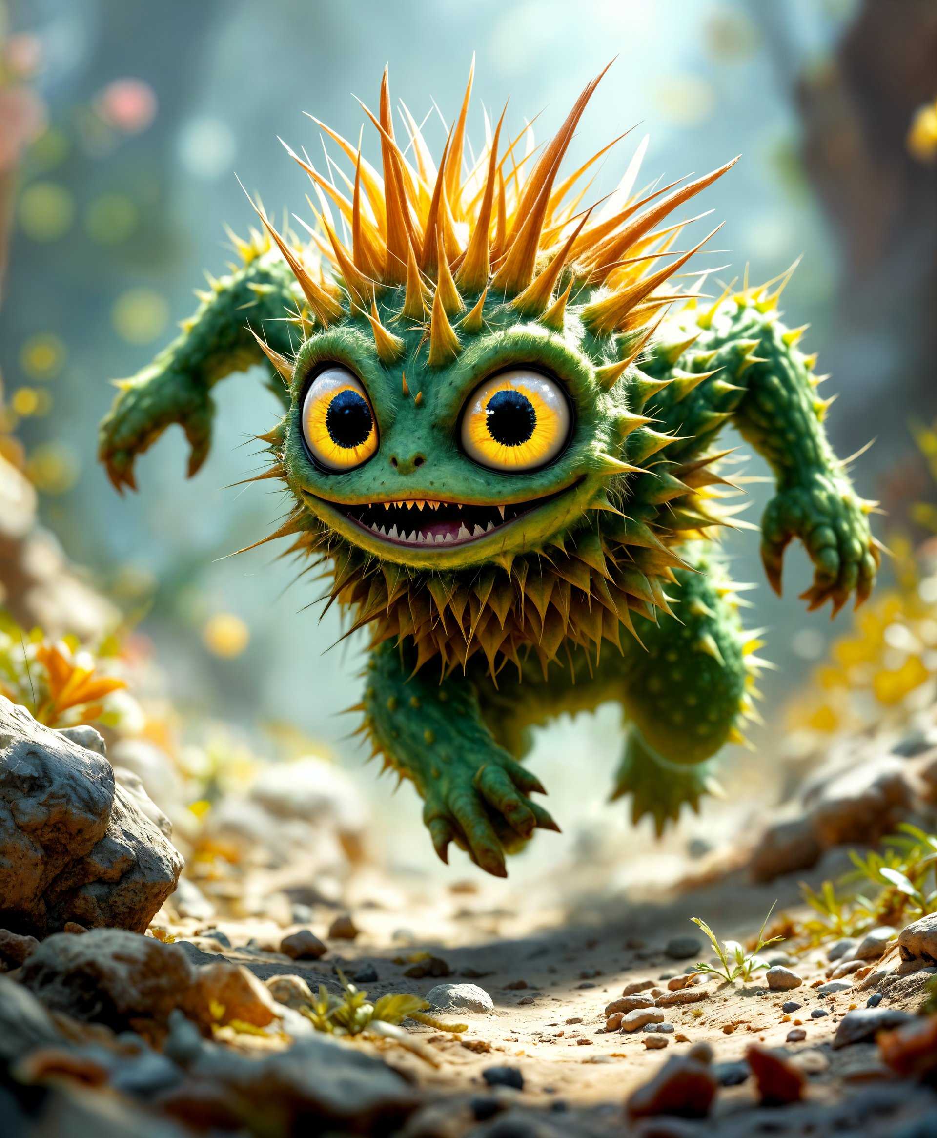 masterpiece, best quality, highres, sharp image, more detail, masterpiece, best quality, highres, sharp image, more detail, Create a highly detailed digital painting of Cactuar from the "Final Fantasy" series, capturing its unique essence:

- **Subject**: A Cactuar in full sprint, embodying its characteristic agility. Its body should be covered with a realistic array of spines, each meticulously rendered to reflect light in a way that suggests depth and texture.

- **Visual Details**: 
  - Spines: Each spine should be individually crafted, showing variations in length, thickness, and angles, creating a sense of movement as the light plays off them.
  - Eyes: Large, expressive, with a glint of mischief or determination, set deep within the cactus-like face.
  - Color Palette: Use a vibrant mix of greens, with hints of earthy browns for the body, and bright, almost glowing, yellows for the eyes to draw attention.

- **Artistic Style**: 
  - Inspired by **hyper-realistic digital art**, with influences from fantasy art to capture the magical essence of Cactuar. Think along the lines of artists like Craig Mullins or Maciej Kuciara for the level of detail and atmosphere.

- **Composition**: 
  - **Framing**: The Cactuar should be framed in a dynamic, action-oriented pose, centered in the image but with enough space around to convey speed and motion.
  - **Camera Angle**: Use a low angle shot to make the Cactuar appear larger and more imposing, enhancing its mythical status.

- **Mood and Atmosphere**: 
  - **Setting**: Place the Cactuar in a barren, sandy landscape with distant, towering cacti, creating a sense of isolation yet also belonging.
  - **Time of Day**: Late afternoon, with the sun setting, casting long shadows and golden light that highlights the Cactuar's texture and movement.
  - **Weather**: A slight, warm breeze, visible through the movement of the spines and sand particles in the air.

- **Technical Aspects**: 
  - **Lighting**: Employ rim lighting to outline the Cactuar, giving it a glowing, almost magical aura against the darker background.
  - **Depth of Field**: Use a shallow depth of field to keep the Cactuar in sharp focus while the background blurs slightly, focusing the viewer's attention on the subject.

- **Cohesion**: 
  - The image should feel like a snapshot of a mythical creature in its natural habitat, with every element from the lighting to the background details contributing to a unified, believable scene that captures the essence