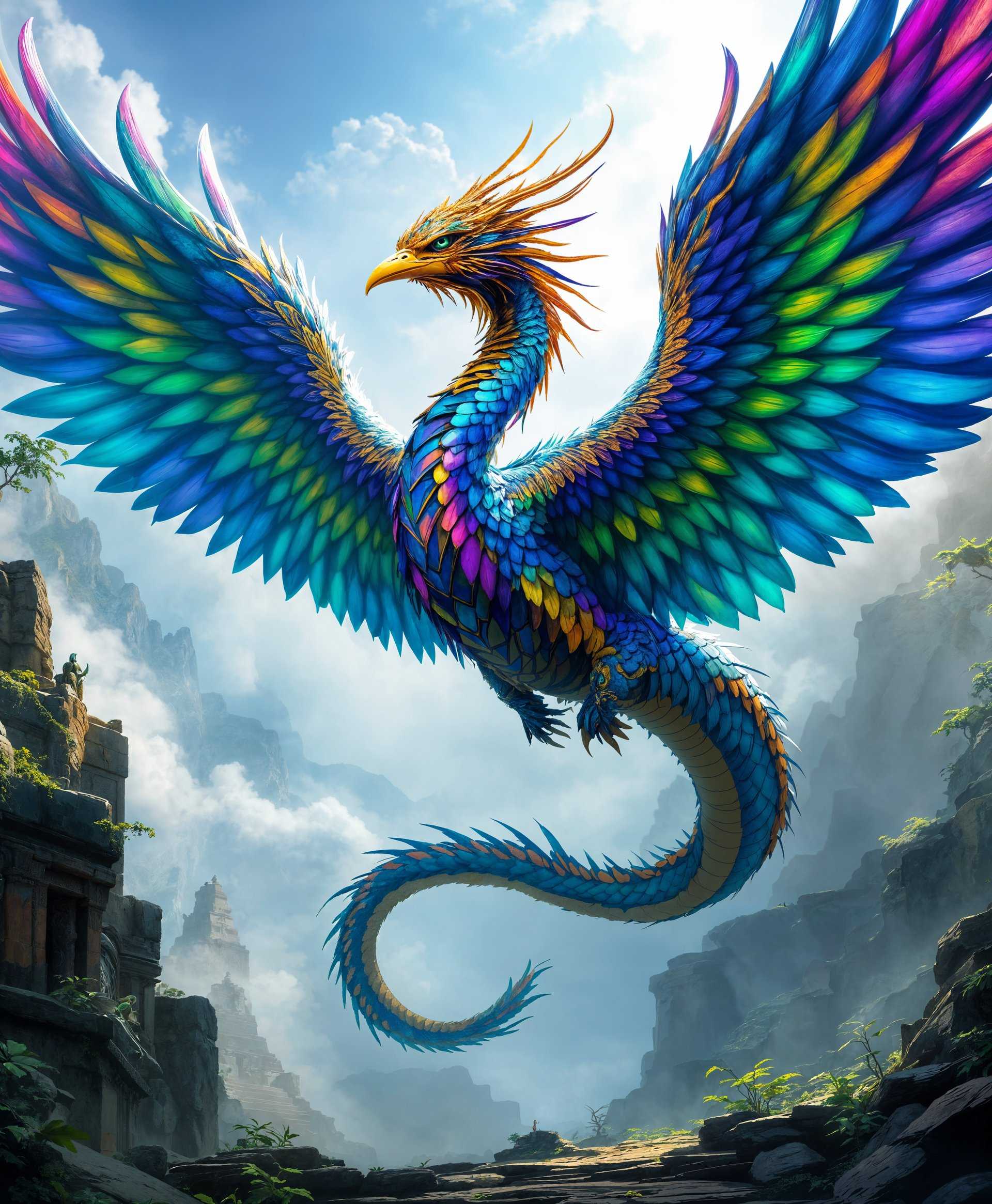 masterpiece, best quality, highres, sharp image, more detail, masterpiece, best quality, highres, sharp image, more detail, Here is a detailed and structured prompt for the image generation:

```plaintext
Subject: Quetzalcoatl from the "Final Fantasy" series, in its full, magnificent form.
Description: 
- **Appearance**: This divine serpentine creature is depicted with iridescent feathers that shimmer with every color of the rainbow, reflecting its divine nature. Its eyes, piercing and full of wisdom, gleam with an inner light. The beak is sharp and golden, with intricate patterns etched upon it, symbolizing its connection to ancient cultures.
- **Size**: Larger than life, Quetzalcoatl's wings span wide, dominating the sky with its presence, giving a sense of awe and grandeur.
- **Posture**: It is portrayed mid-flight, wings spread majestically, capturing the moment of its ascent, with its body twisted in a dynamic, serpentine form that conveys both power and grace.
- **Environment**: The background is an ancient, mystical landscape, perhaps a forgotten Aztec or Mayan temple, shrouded in mist and morning light, creating a surreal, ethereal atmosphere.
- **Lighting**: The scene is bathed in the golden light of dawn, with beams of light piercing through the mist, highlighting the feathers and scales of Quetzalcoatl, adding to the mythical aura.
- **Style**: 
    - **Artistic Influence**: Draw inspiration from the vibrant, detailed illustrations of the "Final Fantasy" games, combined with the intricate and symbolic art of Mesoamerican cultures.
    - **Photography Technique**: Employ a high dynamic range (HDR) to capture the full spectrum of light and shadow, enhancing the mystical and vibrant colors. Use a shallow depth of field to focus on Quetzalcoatl while softly blurring the mystical background.
    - **Composition**: Utilize the rule of thirds, positioning Quetzalcoatl at a dynamic angle, filling the frame with its presence, yet allowing space for the background to tell its own story.
- **Mood and Atmosphere**: 
    - **Mood**: Awe-inspiring, majestic, and slightly ominous, evoking a sense of reverence for this ancient deity.
    - **Atmosphere**: The air is charged with magic and the ancient power of Quetzalcoatl, with subtle elements of wind and energy swirling around, hinting at its divine power.
- **Technical Aspects**: 
    - **Resolution**: Ultra-high resolution to capture every detail of the feathers, scales, and intricate patterns.
    - **Color Palette**: Rich with vibrant, saturated colors, focusing on iridescent hues