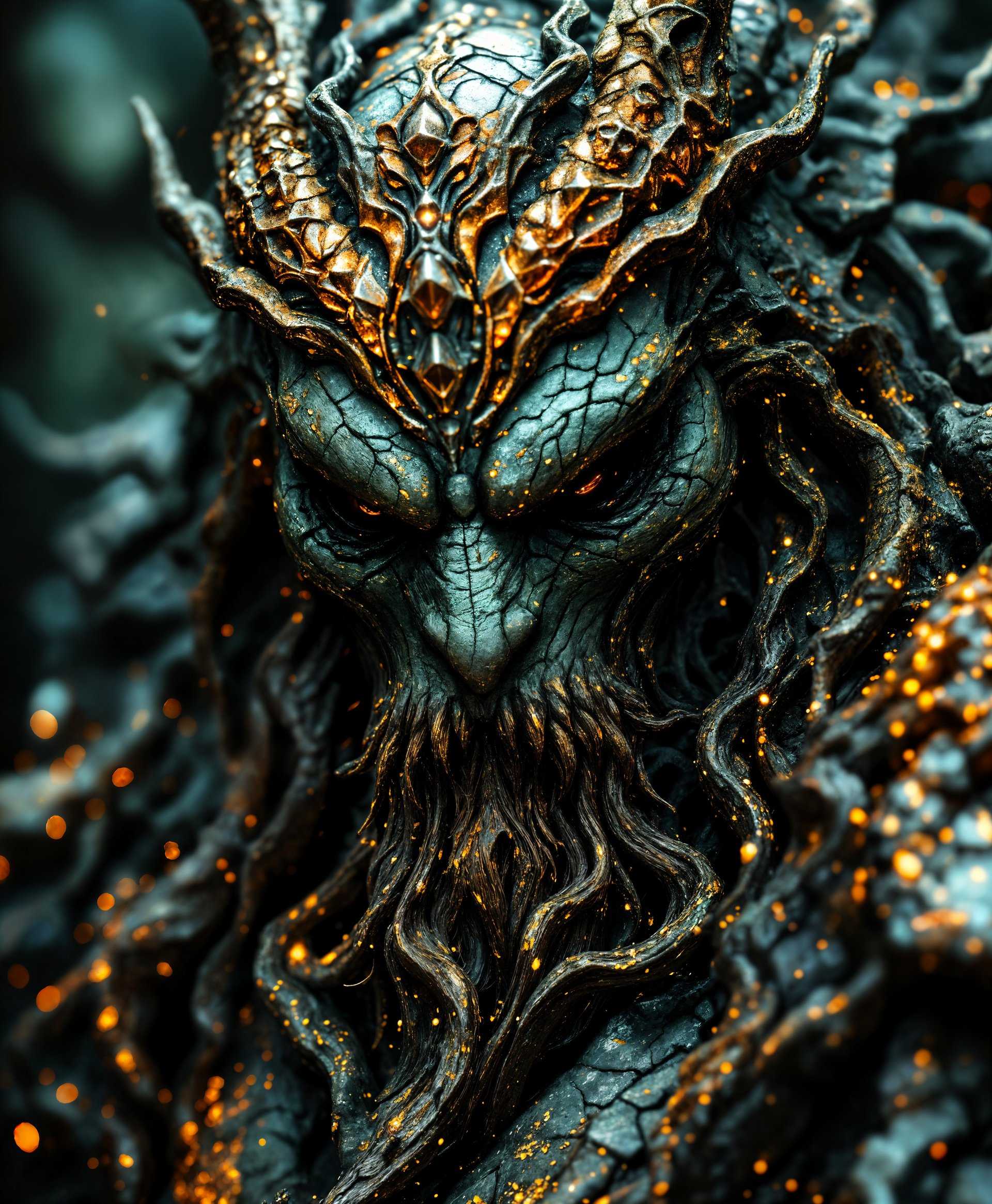 masterpiece, best quality, highres, sharp image, more detail, masterpiece, best quality, highres, sharp image, more detail, A highly detailed portrait of Midgardsormr, the primal from the "Final Fantasy" series, embodying the essence of earth. The image should capture:

- **Visual Details:** 
  - **Textures:** Rough, cracked earth and scales with a subtle gleam, suggesting an organic, living stone-like quality.
  - **Colors:** Predominantly earthy tones - deep greens, browns, and hints of dark red, with specks of gold to represent the mystical power within.
  - **Lighting:** A dramatic, chiaroscuro lighting effect where the light highlights the textures, casting sharp shadows and emphasizing the depth of the earth's cracks.

- **Style:** 
  - Inspired by the **baroque period** for its grandeur and dramatic contrast, yet with elements of **fantasy art** to bring out the mythical essence of Midgardsormr.

- **Composition:** 
  - Midgardsormr's head should be the focal point, filling most of the frame, with the body coiling around, leading the eye through the composition.
  - **Camera Angle:** A low angle shot, looking up at the primal to convey its immense size and power.

- **Mood and Atmosphere:** 
  - An atmosphere of ancient power, with a sense of awe and reverence. The time of day should be twilight, with the last rays of sunlight filtering through, enhancing the mood of mystery and majesty.

- **Technical Aspects:** 
  - **Focus:** A shallow depth of field to blur the background, focusing on the primal's face and the intricate details of its scales.
  - **Lens Flare:** Subtle lens flares to add a touch of realism and emphasize the mystical glow of the earth's power.

- **Cohesion:** 
  - The elements should work together to create a scene that feels both otherworldly and grounded in the natural world, with the earth's power visibly emanating from Midgardsormr.