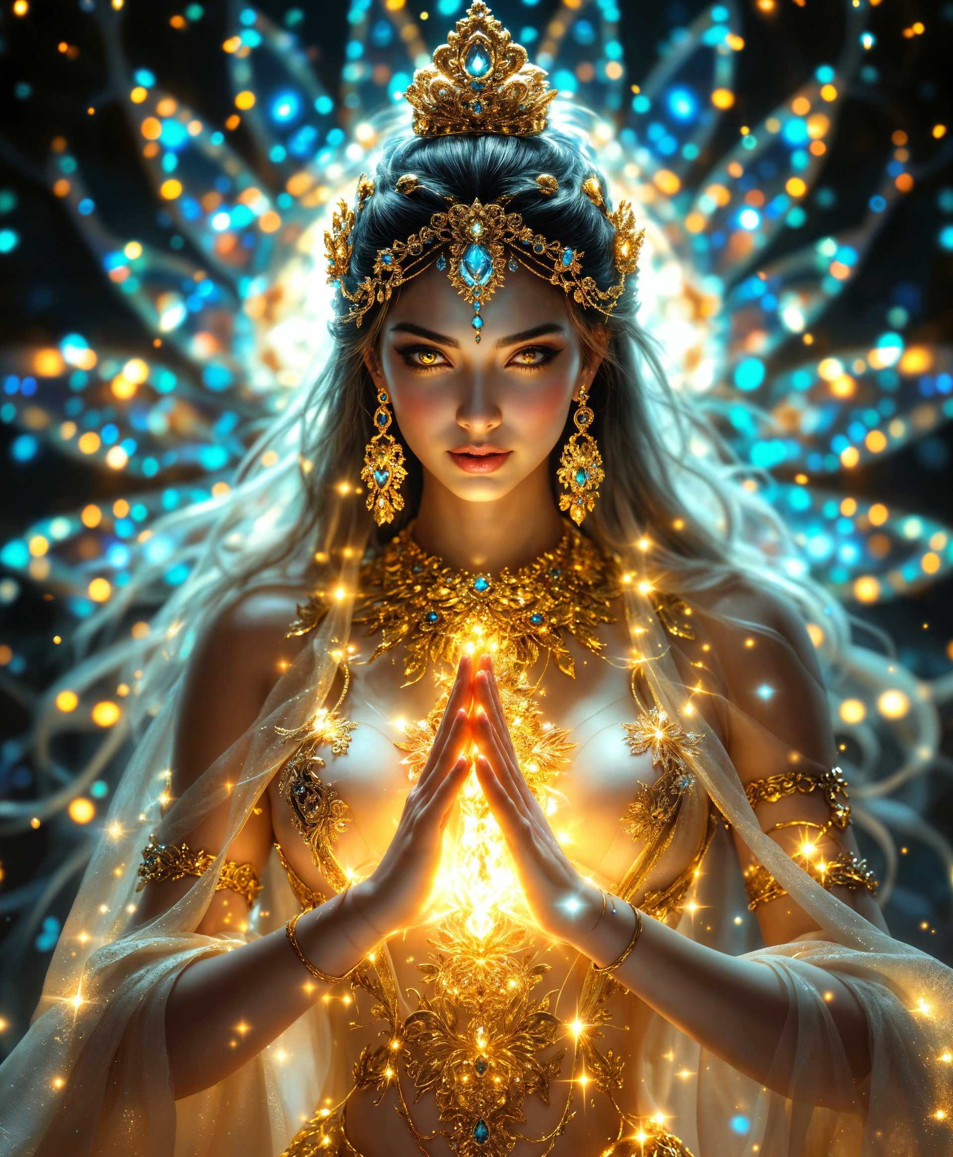 masterpiece, best quality, highres, sharp image, more detail, masterpiece, best quality, highres, sharp image, more detail, **Image Prompt:**

Envision a highly detailed portrait of Lakshmi, the primal from the "Final Fantasy" series, radiating the power of light:

- **Subject**: Lakshmi, portrayed with her characteristic ethereal beauty, her skin glowing with an inner light, and eyes that shimmer with divine energy. She is adorned with intricate jewelry that reflects and amplifies the light around her, creating prismatic effects.

- **Visual Details**: 
  - **Texture**: Her attire is made of a translucent, silk-like material that subtly shimmers, giving an appearance of both weightlessness and grandeur. The jewelry includes delicate, ornate pieces that catch and scatter light.
  - **Colors**: A palette of soft gold, radiant whites, and iridescent blues, with highlights of shimmering silver to emphasize her luminescence.
  - **Lighting**: The scene is illuminated by a mystical light source, possibly her own power, creating high contrast between light and shadow, with soft, glowing edges around her form.

- **Style**: The portrait should adopt a blend of **Baroque** opulence and **Impressionist** light play, capturing the grandeur and the ethereal quality of Lakshmi, with a focus on the interplay of light and shadow.

- **Composition**: 
  - Lakshmi is centrally positioned, her gaze directed slightly off-center, inviting the viewer into her realm.
  - The camera angle is low, looking up at her, emphasizing her divine presence and power.
  - The framing includes a soft, blurred background that suggests a mystical, otherworldly setting, with subtle hints of flora and fauna from her domain.

- **Mood and Atmosphere**: The atmosphere is serene yet awe-inspiring, with an aura of divine tranquility. The time feels timeless, with a gentle, ambient light suggesting a perpetual dawn or dusk.

- **Technical Aspects**: 
  - Use **bokeh** effects in the background to create a dreamlike quality.
  - Employ **chiaroscuro** to enhance the dramatic lighting, focusing on the interplay of light and dark to bring out the textures and depth.
  - Ensure **high dynamic range** (HDR) to capture the full spectrum of light and shadow, enhancing the realism and depth of the image.

**Final Composition**: This portrait should capture the essence of Lakshmi, blending her divine beauty with the overwhelming power of light, creating an image that feels both fantastical and intimately real.