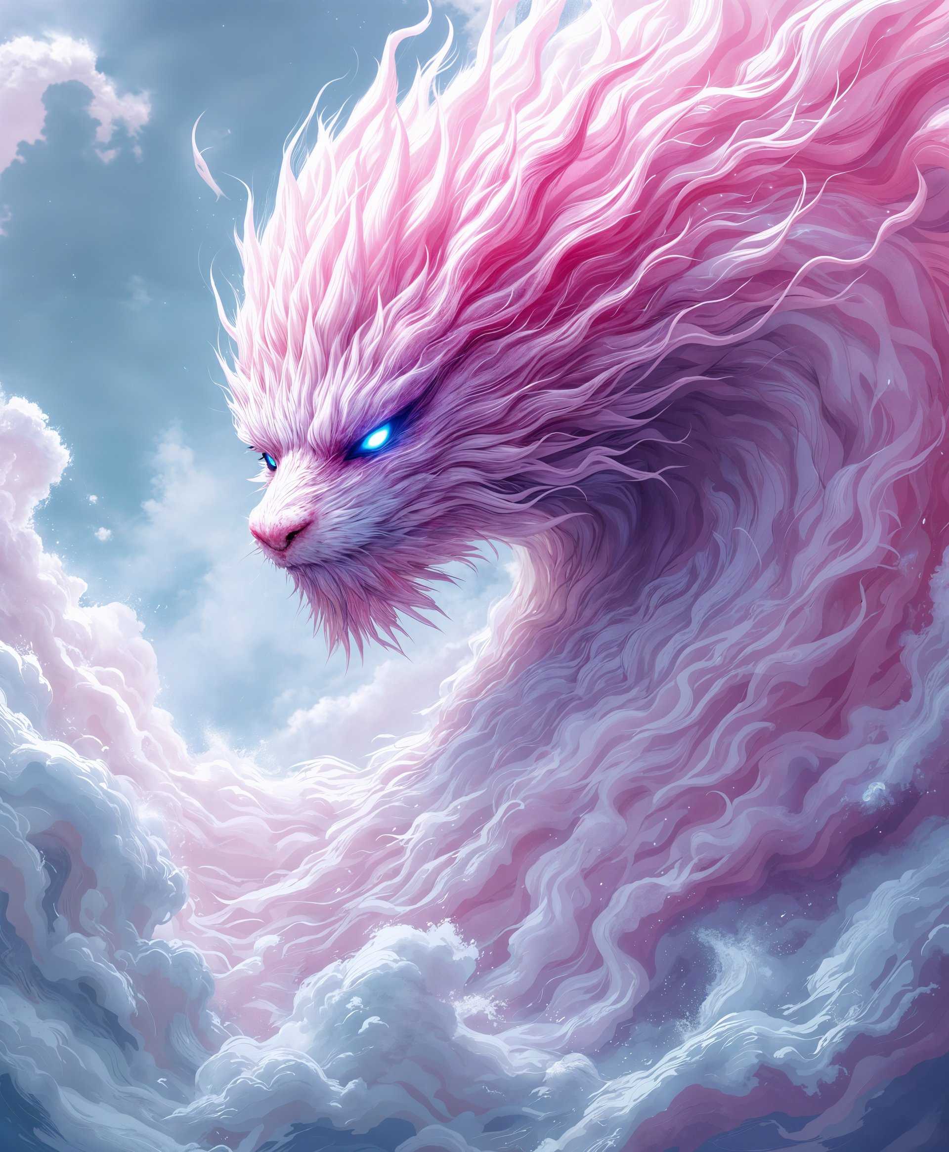 masterpiece, best quality, highres, sharp image, more detail, masterpiece, best quality, highres, sharp image, more detail, Create a highly detailed portrait of **Typhoon** from the **Final Fantasy** series:

**Subject:** A majestic, fearsome creature known as Typhoon, a primal entity with a pink, cloud-like body, embodying the essence of wind.

**Visual Details:**
- **Texture:** The body of Typhoon should appear as if composed of swirling, ethereal clouds with a soft, almost velvety texture, transitioning from deep pink to lighter hues at the edges.
- **Colors:** Predominantly pink, with subtle gradients into lavender and white, capturing the dynamic flow of wind. The eyes should glow with a bright, stormy blue.
- **Lighting:** Soft, diffused lighting to emphasize the translucency of the cloud-like form, with highlights that mimic the sun's rays piercing through storm clouds.

**Style:** The portrait should be rendered in a style reminiscent of fantasy art, with a nod to traditional Japanese woodblock prints for its ethereal quality, yet with the sharp detail and vibrancy of modern digital art.

**Composition:**
- **Subject Positioning:** Typhoon should be depicted in mid-flight, its body angled diagonally across the canvas, giving a sense of movement and power.
- **Camera Angle:** A low angle shot to make Typhoon appear more imposing and dominant in the sky.
- **Framing:** The creature should be framed against a tumultuous sky, with clouds swirling around it, creating a dynamic background that complements the subject.

**Mood and Atmosphere:**
- **Feeling:** Awe-inspiring, conveying the raw power and beauty of nature's elements.
- **Time of Day:** Late afternoon, with the golden hour light filtering through the clouds, casting long shadows and adding depth to the scene.
- **Weather:** A stormy, wind-swept sky, with visible gusts of wind interacting with Typhoon's form.

**Technical Aspects:**
- **Depth of Field:** Use a shallow depth of field to focus on Typhoon's face, with the background clouds slightly blurred to emphasize the creature's presence.
- **Dynamic Range:** High dynamic range to capture both the bright highlights of the wind's force and the darker, more ominous parts of the storm.
- **Lens Flare:** Subtle lens flares to mimic the sun's interaction with the clouds, adding realism and depth to the image.

**Cohesion:** All elements should work together to create a vivid, dynamic scene that captures the essence of Typhoon as a primal force of nature, majestic in its power and beauty, yet with an otherworldly presence that resonates
