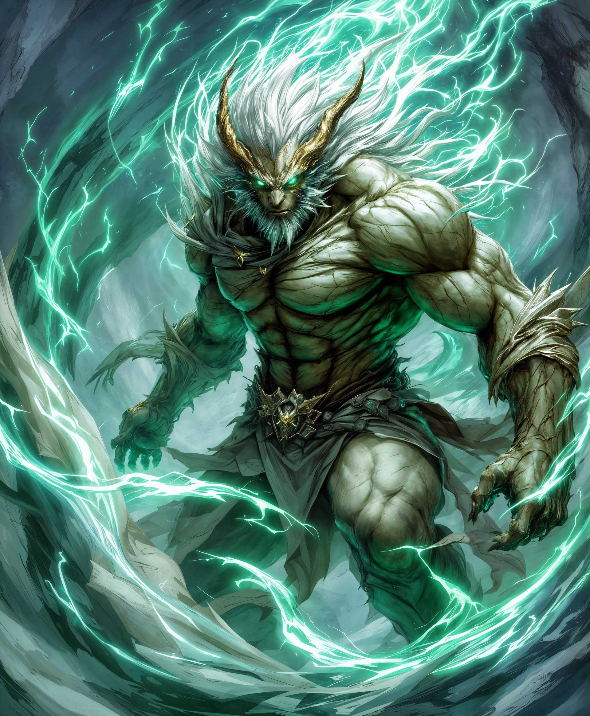 masterpiece, best quality, highres, sharp image, more detail, masterpiece, best quality, highres, sharp image, more detail, **Prompt:**

A highly detailed, full-length portrait of Typhon from the "Final Fantasy" series, capturing his essence as the primal of wind. 

**Visual Details:**
- **Face and Expression:** Typhon's face should exude a fierce, yet majestic expression, with eyes that glow with an emerald green light, symbolizing his control over wind. His skin texture should appear rough, like weathered stone, with subtle hints of translucency to suggest his elemental nature.
- **Body:** His muscular form is contorted in a pose that suggests the build-up of energy before unleashing a powerful gust. Veins of wind energy swirl around his limbs, giving off a faint luminescence.
- **Attire:** He wears minimal clothing, with tattered cloth that billows and wraps around him, merging with the wind currents. The fabric should look tattered yet magically preserved by the wind.

**Style:**
- The style is a blend of fantasy realism with an emphasis on exaggerated, mythical features. Use techniques reminiscent of Baroque art, where dramatic light and shadow play enhance the sense of depth and volume, with a nod to the exaggerated forms of Mannerism.

**Composition:**
- **Camera Angle:** A low angle shot, looking up at Typhon, to emphasize his towering presence and the power he commands.
- **Framing:** Frame him in a dynamic, diagonal composition that leads the eye towards his face, the source of his wind power. The background should subtly fade into a swirling vortex of clouds and wind.

**Mood and Atmosphere:**
- **Lighting:** Use chiaroscuro lighting to highlight the contours of Typhon's body, casting dramatic shadows and emphasizing his elemental power. The light source should appear to emanate from within him, suggesting an inner storm.
- **Atmosphere:** The scene should feel charged with potential energy, the air thick with the anticipation of a tempest. The background should show distant, swirling clouds, hinting at the storm he can summon.

**Technical Aspects:**
- **Depth of Field:** A shallow depth of field focusing on Typhon, with the background slightly blurred to emphasize his presence.
- **Color Palette:** Use a palette dominated by greens, grays, and whites to reflect his wind affinity, with touches of gold to signify his divine nature.

**Cohesion:**
- Ensure that all elements, from the swirling wind around him to the lighting, texture, and color, work harmoniously to portray Typhon as a formidable, wind-wielding primal from the "Final Fantasy" universe.