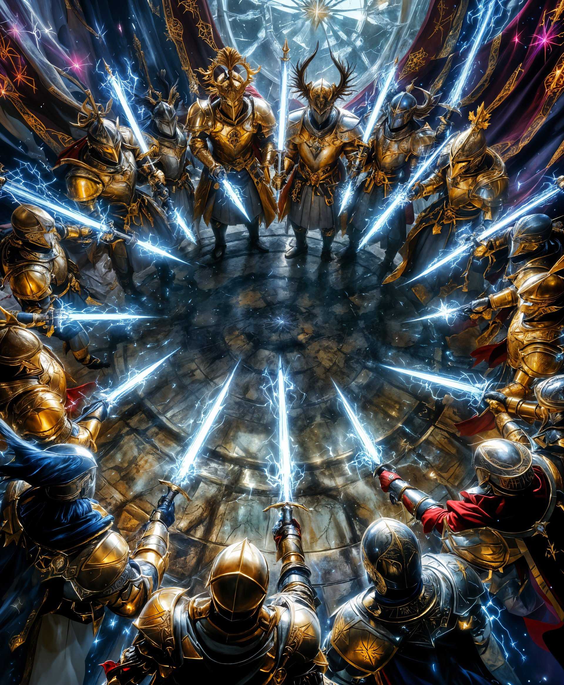masterpiece, best quality, highres, sharp image, more detail, masterpiece, best quality, highres, sharp image, more detail, A highly detailed digital painting of the **Knights of the Round** from the "Final Fantasy" series, showcasing all twelve knights in a grand, circular composition. Each knight should be intricately designed with armor reflecting medieval European influences, yet imbued with magical and mystical elements:

- **Visual Details**: The knights' armor should display a mix of metallic textures, with elements like gold, silver, and bronze, embossed with intricate patterns and runes. Their helmets are adorned with unique crests or animal motifs. Each knight wields a weapon that glows with an ethereal light, suggesting their legendary power.

- **Style**: The painting should mimic the **hyper-realistic** style, reminiscent of **James Jean**'s surrealistic approach, where the fantasy elements are rendered with a photographic level of detail, yet with an otherworldly glow.

- **Composition**: The knights are arranged in a circular formation, facing outward, creating a sense of unity and protection. The camera angle is low, looking up to emphasize their grandeur and power. The focal point is the center where the knights' weapons converge, creating a focal point of light.

- **Mood and Atmosphere**: The scene is set at dusk, with the horizon behind the knights glowing with the last rays of the sun, casting long shadows and highlighting the intricate details of their armor. The atmosphere is one of impending battle, with a solemn yet heroic mood.

- **Technical Aspects**: Use **high dynamic range (HDR)** rendering to capture the interplay of light and shadow, giving depth to the scene. Implement **chromatic aberration** subtly to enhance the mystical aura around the knights. The background should be a soft blur, focusing on the knights, with hints of a mythical landscape or battlefield.

- **Cohesion**: The knights, their weapons, and the environment should all contribute to a cohesive, legendary tale of heroism and magic, with each knight's unique identity contributing to the overall narrative of the Knights of the Round.