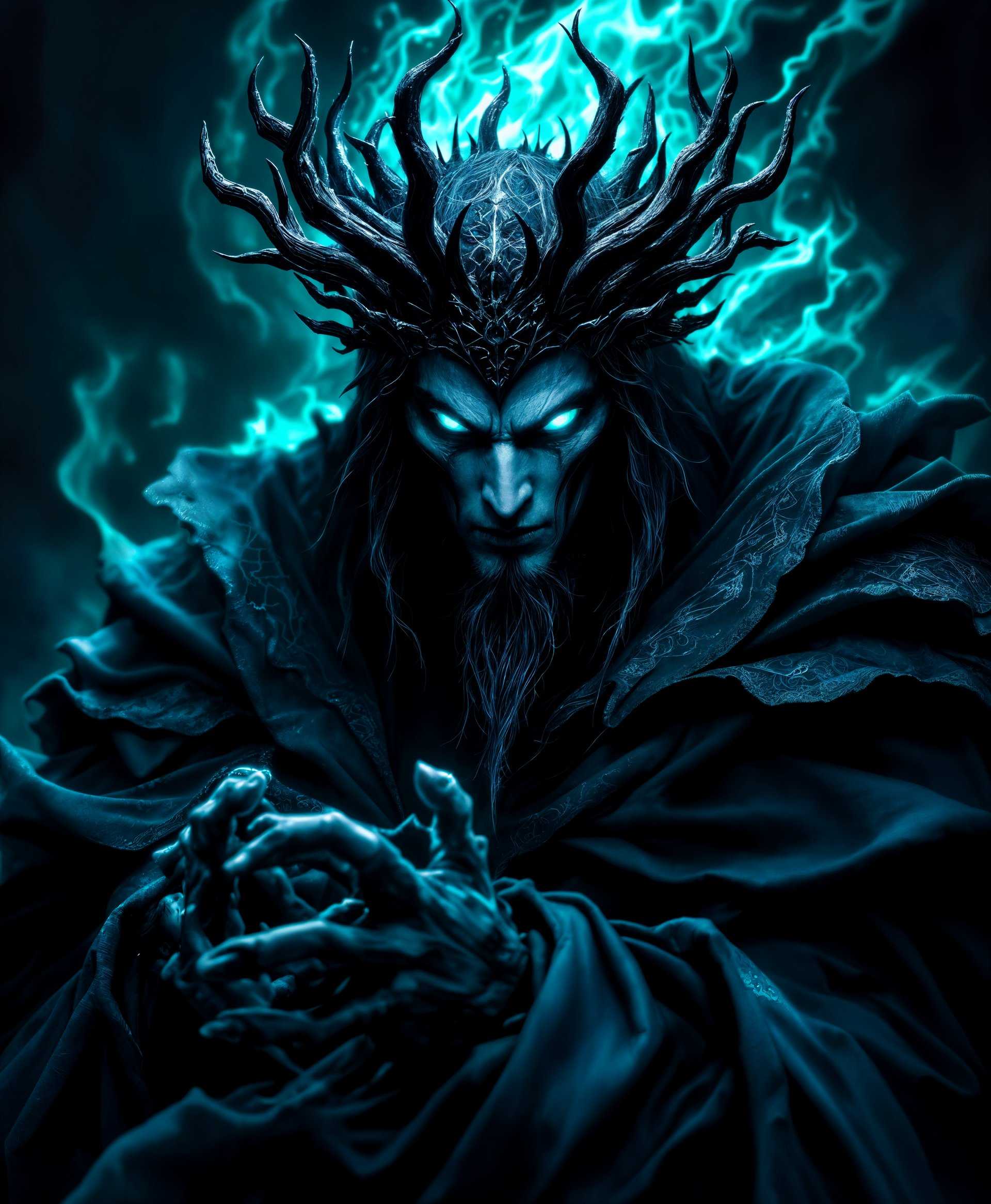 masterpiece, best quality, highres, sharp image, more detail, masterpiece, best quality, highres, sharp image, more detail, **Highly Detailed Portrait of Hades, the Shadow with the Power of Darkness from Final Fantasy:**

- **Subject:** Hades, the shadow, a primal with the power of darkness from the game series "Final Fantasy."
  
- **Visual Details:**
  - **Texture:** Ethereal shadows, flowing dark robes with intricate, arcane patterns, and a crown of obsidian thorns.
  - **Colors:** Predominantly dark blues, purples, and blacks, with accents of glowing, eerie green light emanating from his eyes and aura.
  - **Lighting:** Dramatic chiaroscuro lighting with stark contrasts, highlighting his menacing presence with deep shadows and bright highlights.

- **Style:** 
  - **Artistic Influence:** Baroque portraiture combined with dark fantasy art, reminiscent of the detailed engravings of Gustave Doré but with a modern, digital twist.
  - **Photography Technique:** Long exposure to capture the movement of shadows and light, creating a ghostly, haunting effect.

- **Composition:** 
  - **Layout:** Hades is centrally positioned, his figure filling the frame, with his arms outstretched, as if commanding the darkness.
  - **Camera Angle:** Low angle shot to emphasize his towering, imposing presence, looking down on the viewer.
  - **Framing:** Tight framing to focus on Hades, with the edges of the portrait slightly blurred to draw attention to him.

- **Mood and Atmosphere:** 
  - **Ambiance:** An atmosphere of fear and awe, with the air thick with darkness and power.
  - **Time of Day:** Indeterminate, with the light suggesting a moonless night or an otherworldly realm where light and darkness coexist in an unnatural balance.

- **Technical Aspects:** 
  - **Depth of Field:** Shallow, with Hades in sharp focus and the background fading into darkness, emphasizing his isolation and power.
  - **Color Grading:** Desaturated colors with selective color to highlight the supernatural elements like the green glow.
  - **Focus:** Selective focus on Hades' face, with his eyes piercing through the viewer, conveying his immense power and malice.