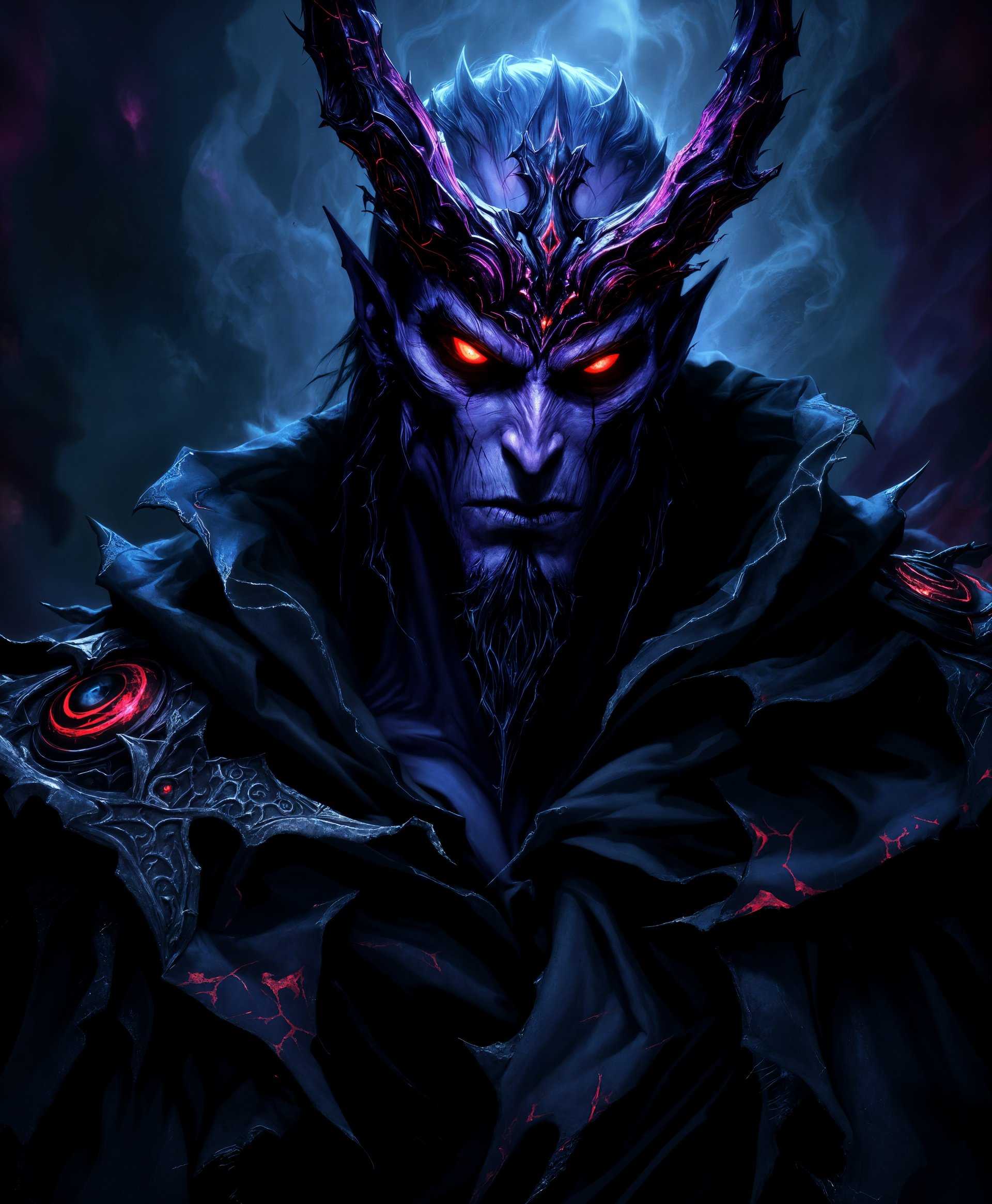 masterpiece, best quality, highres, sharp image, more detail, masterpiece, best quality, highres, sharp image, more detail, **Prompt:**

Create a highly detailed portrait of Hades, the Primal from the "Final Fantasy" series, embodying the essence of darkness:

- **Subject**: Hades, depicted as a majestic and terrifying figure. His form is gaunt yet imposing, with sharp, angular features that convey both elegance and dread. His eyes glow with an otherworldly intensity, hinting at the immense power he wields over the dark forces.

- **Visual Details**: 
  - **Textures**: His skin is a mixture of ghostly pallor and deep shadows, with subtle cracks revealing a glowing darkness beneath. His robes are tattered yet regal, adorned with intricate patterns that seem to shift like shadows, made from a material that absorbs light rather than reflecting it.
  - **Colors**: Dominant palette includes shades of black, purple, and dark blue, with highlights in crimson and silver to suggest his royal status and infernal power.
  - **Lighting**: Illuminated by an eerie, ambient glow from within Hades himself, casting his face in stark contrast with deep shadows, creating a chiaroscuro effect. A faint, ominous light might emanate from his eyes or the edges of his form, enhancing the mystical atmosphere.

- **Style**: The portrait should be in the style of dark fantasy art, reminiscent of the works of Brom or H.R. Giger, with an emphasis on surreal, otherworldly elements. Use a hyper-realistic approach to detail the intricate features of Hades.

- **Composition**: 
  - **Subject Positioning**: Hades is positioned frontally, slightly turned to show his profile, his gaze piercing through the viewer. His posture is regal, with one hand perhaps raised, conjuring dark energy or holding a scepter.
  - **Camera Angle**: A low angle shot to emphasize his towering presence, making the viewer feel small and insignificant in comparison.
  - **Framing**: Close-up to capture the intensity of his face, with some of his form and the dark energy swirling around him subtly included to suggest his vast, looming presence.

- **Mood and Atmosphere**: 
  - **Mood**: The image should evoke a sense of awe, fear, and reverence. The atmosphere is heavy with the weight of the underworld, a place of darkness and eternal night.
  - **Time of Day**: It feels like an eternal twilight, with no clear light source, as if the world itself is bending to Hades' will.
  - **Weather**: A slight ethereal mist or shadow swirls around, enhancing the feeling of otherworldliness and