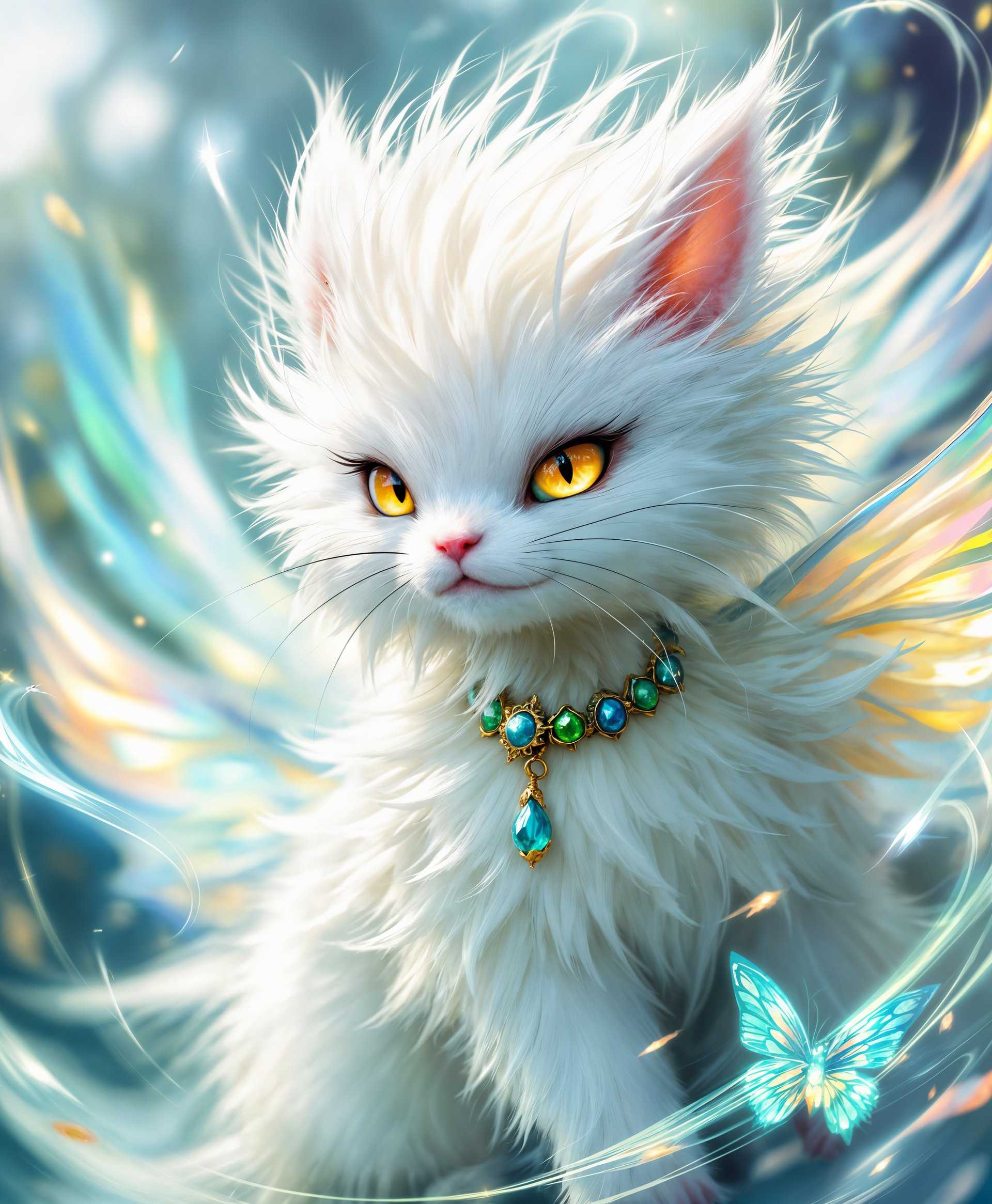 masterpiece, best quality, highres, sharp image, more detail, masterpiece, best quality, highres, sharp image, more detail, A highly detailed **portrait** of **Moogle**, the **primal** from "Final Fantasy", exuding the **power of wind**. The **Moogle** is portrayed in a **fantasy art style** reminiscent of **Amano Yoshitaka's** work, with:

- **Visual Details**: 
  - **Fur**: Soft, white, and fluffy with individual hairs visible, capturing the ethereal quality of the wind.
  - **Wings**: Transparent and iridescent, mimicking the appearance of a butterfly's wings, with a soft glow emanating from them.
  - **Eyes**: Bright, lively, and slightly mischievous, with a subtle reflection of wind swirling around.
  - **Accessories**: Adorned with **wind-themed** jewelry like a delicate necklace with a miniature wind crystal.

- **Colors**: 
  - **Palette**: A harmonious blend of **soft whites**, **pale blues**, and **gentle greens** to reflect the elemental theme.
  - **Highlights**: Subtle **silver** and **gold** highlights on the fur and accessories to catch the light.

- **Lighting**: 
  - **Soft, diffused lighting** creating a **magical atmosphere**, with **backlighting** emphasizing the Moogle's silhouette against a swirling, translucent background.

- **Composition**: 
  - **Subject Positioning**: The Moogle is positioned slightly off-center, looking over its shoulder towards the viewer, as if caught in a moment of casting wind magic.
  - **Camera Angle**: A **low angle** shot to give the Moogle an imposing presence, with **depth of field** focusing on the Moogle while the background blurs into a mystical wind vortex.

- **Mood and Atmosphere**: 
  - **Atmosphere**: The scene is filled with a sense of **calm power**, the wind gently swirling around, lifting the Moogle's fur and wings, creating a **sense of motion**.
  - **Time of Day**: Late afternoon, with the sun low in the sky, casting long shadows and enhancing the ethereal quality of the wind.

- **Technical Aspects**: 
  - **Depth of Field**: Shallow to emphasize the Moogle, with a **bokeh effect** in the background suggesting wind currents.
  - **Focus**: Sharp focus on the Moogle's face and wings, with a slight blur to the fur to give a sense of movement.
  - **Lens Flare**: Subtle lens flares to enhance the magical, otherworldly feel.

This