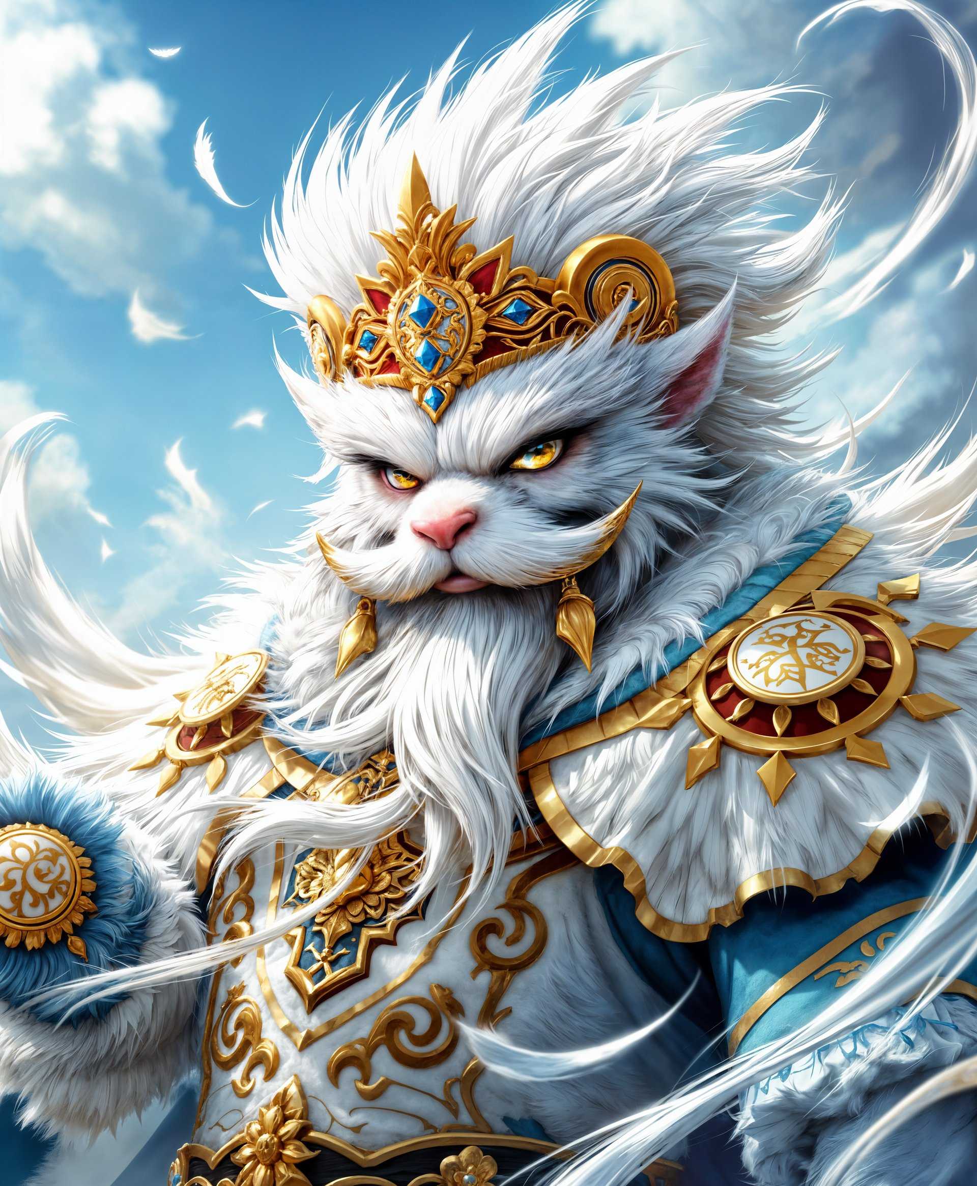 masterpiece, best quality, highres, sharp image, more detail, masterpiece, best quality, highres, sharp image, more detail, A highly detailed, **portrait-style depiction** of King Moogle from the "Final Fantasy" series, **showcasing his majestic power of wind**. The image should:

- **Subject**: Feature King Moogle with a **regal**, **intricate costume** adorned with **moogle motifs**, **feathers**, and **emblems of wind**. His fur should be **fluffy** and **well-groomed**, with **intricate patterns** woven into it.
  
- **Visual Details**: 
  - **Facial Expression**: Regal and serene, with a **knowing smile** and **eyes that convey wisdom and power**.
  - **Lighting**: Use **soft, directional lighting** to highlight the **texture of his fur**, the **shimmer of his crown**, and the **flow of wind around him**.
  - **Color Palette**: Incorporate **vibrant blues, whites, and soft earth tones** to evoke the essence of wind and sky, with **gold accents** for his crown and scepter.

- **Style**: 
  - **High Fantasy Art Style**: Emulate the **rich, detailed artwork** of traditional **Final Fantasy character illustrations** with **a touch of realism**.
  - **Photography Technique**: Employ **macro photography techniques** to capture the **intricacy** of his fur and the **subtle details** of his attire.

- **Composition**: 
  - **Close-Up Shot**: Focus on King Moogle, with his face and upper body filling the frame, **allowing for a sense of grandeur and intimacy**.
  - **Background**: A **blurred, ethereal background** of **swirling winds** and **clouds**, creating a **sense of motion** and **power** emanating from him.

- **Mood and Atmosphere**: 
  - **Majestic and Serene**: Convey a **peaceful yet powerful** atmosphere, with **gentle winds** lifting his fur and **clouds** subtly moving in the background.
  - **Time of Day**: **Late afternoon**, with **golden hour lighting** enhancing the **mystical aura** of the scene.

- **Technical Aspects**: 
  - **Depth of Field**: Use a **shallow depth of field** to **focus on King Moogle**, with the **background out of focus** to **emphasize his presence**.
  - **Dynamic Range**: Ensure a **high dynamic range** to capture both **the bright highlights** of his crown and **the deep shadows** within