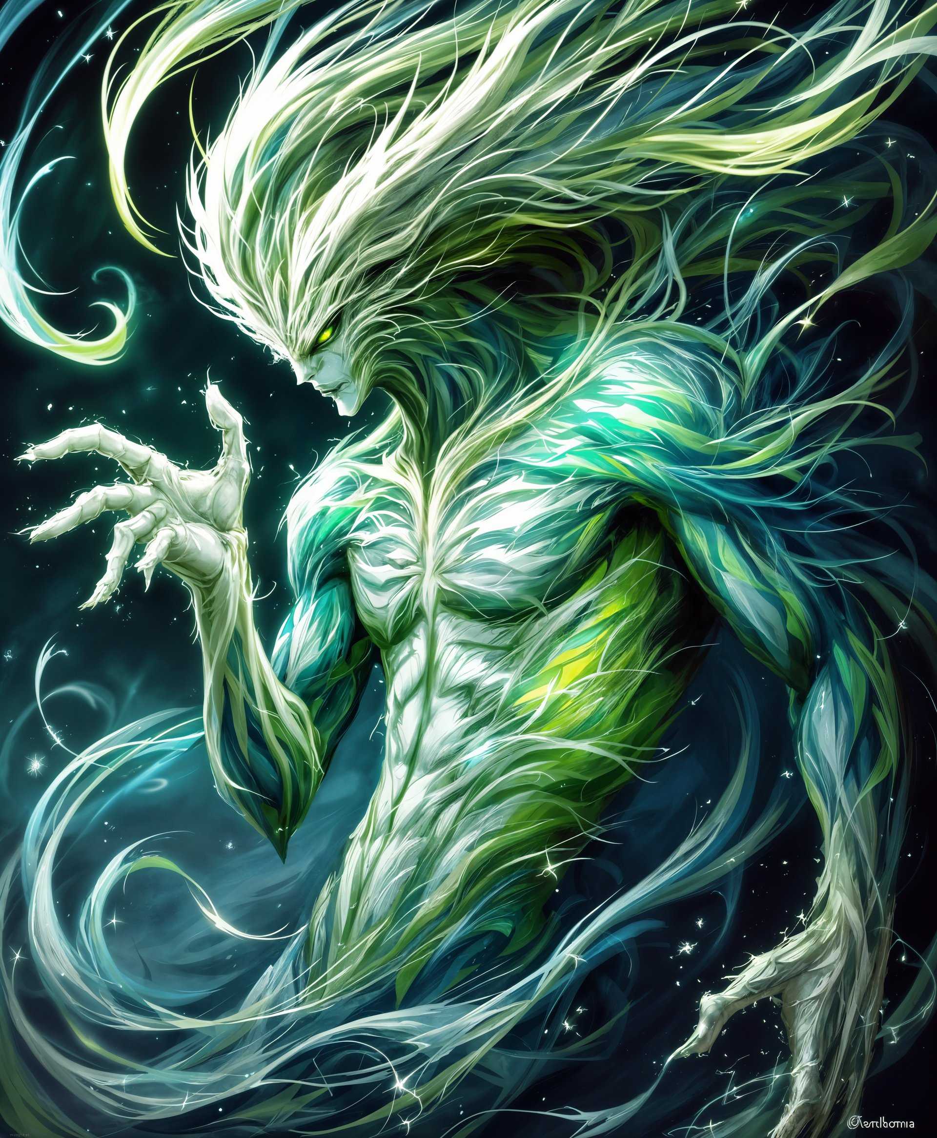 masterpiece, best quality, highres, sharp image, more detail, masterpiece, best quality, highres, sharp image, more detail, **Subject:** A highly detailed portrait of Pandemona, the primal from the "Final Fantasy" series, embodying the essence of wind.

**Visual Elements:**
- **Appearance:** Pandemona's form is an intricate blend of humanoid features with an ethereal, wind-like quality. His body should appear semi-transparent with swirling winds forming his limbs and torso, giving an impression of constant movement and fluidity.
- **Textures:** His skin or surface should have a texture reminiscent of flowing air, with visible streams and eddies of wind creating a dynamic, almost iridescent effect.
- **Colors:** Dominant colors should be shades of green, blue, and white, with occasional bursts of vibrant, wind-whipped colors to signify the elemental power of air.

**Artistic Style:**
- **Style:** Baroque, with a focus on dramatic lighting and chiaroscuro to enhance the contrast between Pandemona's wind-like form and the surrounding environment. Incorporate elements of fantasy art, with a touch of surrealism to capture the otherworldly nature of the primal.

**Composition:**
- **Subject Positioning:** Pandemona should be centered, with his gaze slightly off to one side, suggesting he's looking at something beyond the frame, perhaps the source of his wind power or a distant horizon.
- **Camera Angle:** Low angle shot to emphasize his majesty and power, making the viewer feel as if they are looking up at this elemental force.
- **Framing:** A circular or oval frame to contain the swirling winds around Pandemona, creating a focal point for the viewer's eye.

**Mood and Atmosphere:**
- **Ambiance:** The image should evoke a sense of awe and the raw, untamed power of the wind. The atmosphere should feel as if you're in the eye of a storm, calm yet with a palpable sense of imminent chaos.
- **Lighting:** Dramatic, with a focus on backlighting to silhouette Pandemona against a stormy sky, highlighting the swirling winds around him. Use soft, diffused light to suggest the sun trying to break through clouds.

**Technical Aspects:**
- **Depth of Field:** Shallow to keep focus on Pandemona, with the background slightly blurred to emphasize his presence.
- **Lens Flare:** Subtle lens flares to suggest the sun's rays piercing through the storm, adding to the mystical and powerful atmosphere.
- **Sharpness:** High sharpness on Pandemona's face and the wind effects around him, ensuring intricate details are captured.

**Cohesion