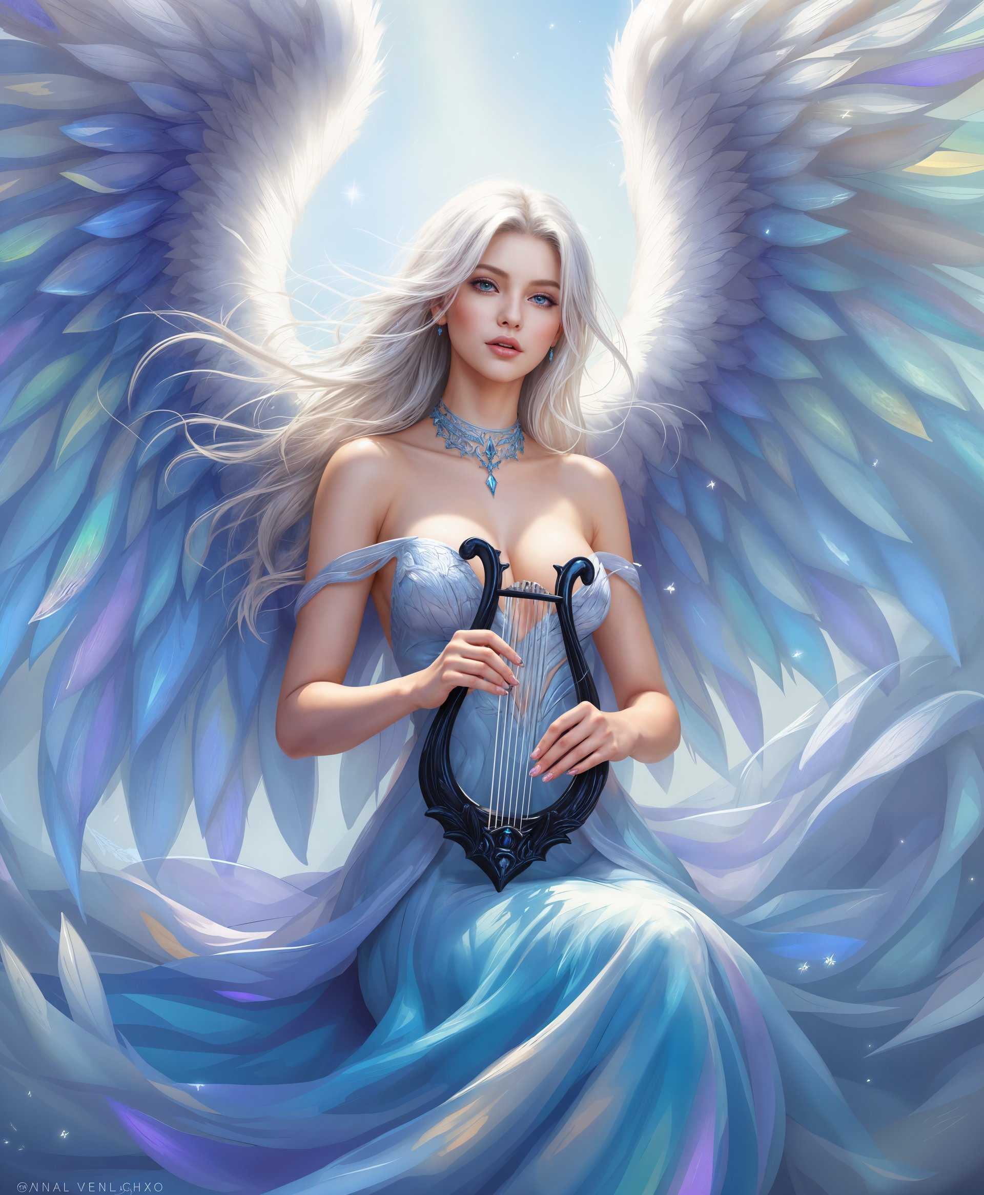 masterpiece, best quality, highres, sharp image, more detail, masterpiece, best quality, highres, sharp image, more detail, **Prompt for AI Image Generation:**

Craft a highly detailed digital painting of Siren, a mesmerizing primal from the "Final Fantasy" series:

- **Subject**: Siren, with her ethereal beauty, should be the central focus. She has flowing, silvery hair that seems to float in a gentle, otherworldly breeze. Her skin is luminous, almost translucent, with an otherworldly glow. 
- **Outfit**: Adorned in a flowing, iridescent gown that shifts colors subtly, capturing the essence of a siren's enchanting allure. 
- **Wings**: Large, majestic wings, feathery yet translucent, with hues of blues and purples, spread out behind her, filling the frame with their grandeur.
- **Lyre**: She holds a delicate lyre, its strings vibrating with an unseen melody, the instrument detailed with intricate carvings that suggest an ancient, mystical origin.
- **Details**: Her eyes are captivating, a deep ocean blue, with a hint of mischief. Her lips are a soft, inviting pink, slightly parted as if she's about to sing. 
- **Lighting**: A soft, ethereal light bathes her, casting gentle shadows that accentuate her form, with highlights on her hair and wings that suggest an inner light source.
- **Style**: Emulate the visual style of "Final Fantasy" art, with crisp lines, vibrant colors, and a touch of fantasy realism. 
- **Composition**: Siren should be positioned slightly off-center, looking directly at the viewer with a gaze that pierces the soul. Her wings extend beyond the frame, suggesting a larger, mythical presence. 
- **Mood**: The atmosphere should exude enchantment, with an air of mystique and a hint of danger, as if she's about to cast a spell or sing a song that could change the world. 
- **Technical Aspects**: Use techniques like depth of field to focus on her face, with her wings and background slightly blurred to emphasize her presence. Employ soft gradients and subtle particle effects to create an otherworldly ambiance. 

**End of Prompt**