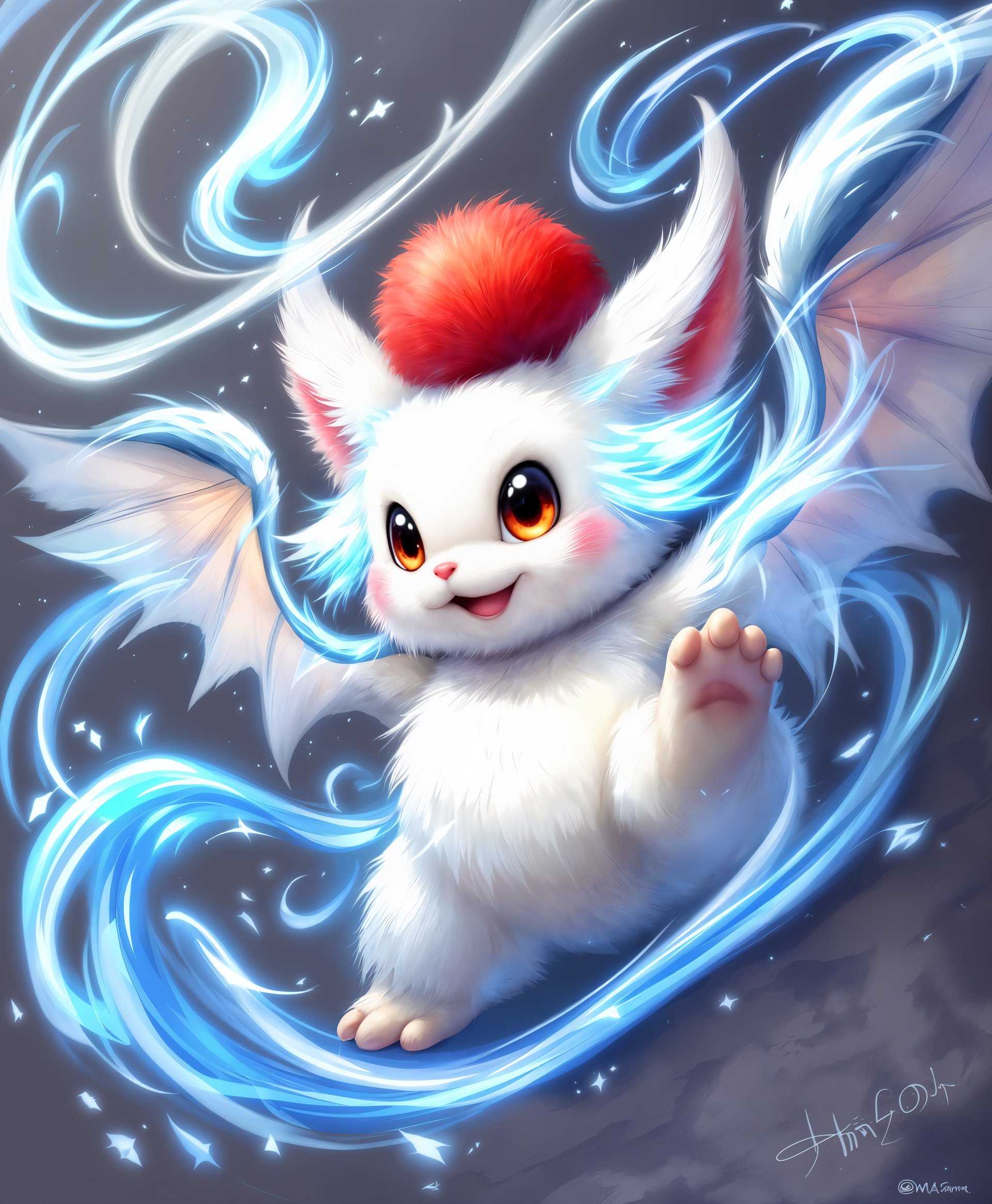 masterpiece, best quality, highres, sharp image, more detail, masterpiece, best quality, highres, sharp image, more detail, **Prompt:**

Create a highly detailed **digital painting** of a **Moogle** from the "Final Fantasy" series, showcasing its **primal essence**. 

- **Subject**: A Moogle, anthropomorphic, with a **fluffy white body**, large expressive eyes, and a distinctive **red pom-pom** on its head.
- **Power Elements**: Emphasize the Moogle's **wind powers** with swirling, ethereal **blue and white winds** emanating from its body, giving the impression of **levitation** and **control over the air**.
- **Wings**: Integrate **bat-like wings**, rendered with **translucent, membranous texture** that subtly glows with a **magical aura**.
- **Artistic Style**: Adopt a **semi-realistic style** with **hyper-detailed fur** and **feathers**, using **soft brush strokes** for the fur to contrast with the **sharp, crisp edges** of the wings.
- **Lighting**: Utilize **backlighting** to highlight the silhouette of the Moogle, creating a **halo effect** around the wings, with the light source positioned to accentuate the **texture of the fur** and **translucency of the wings**.
- **Composition**: Center the Moogle, using a **low camera angle** to make it appear grand and imposing, with the wings spread wide to fill the frame, enhancing the sense of **power and presence**.
- **Mood and Atmosphere**: Capture a **mystical and serene atmosphere** with a **sunset background** to reflect the primal nature, with **soft, warm tones** in the sky that complement the cool blues of the wind effects.
- **Technical Aspects**: Use **depth of field** to focus on the Moogle, with the background slightly blurred to emphasize the subject. Apply **dynamic lighting** to enhance the magical wind effects and ensure **realistic fur rendering**.

**Keywords**: Moogle, Primal, Final Fantasy, wind powers, bat wings, digital painting, semi-realistic, ethereal, magical, mystical, sunset, depth of field, backlighting.