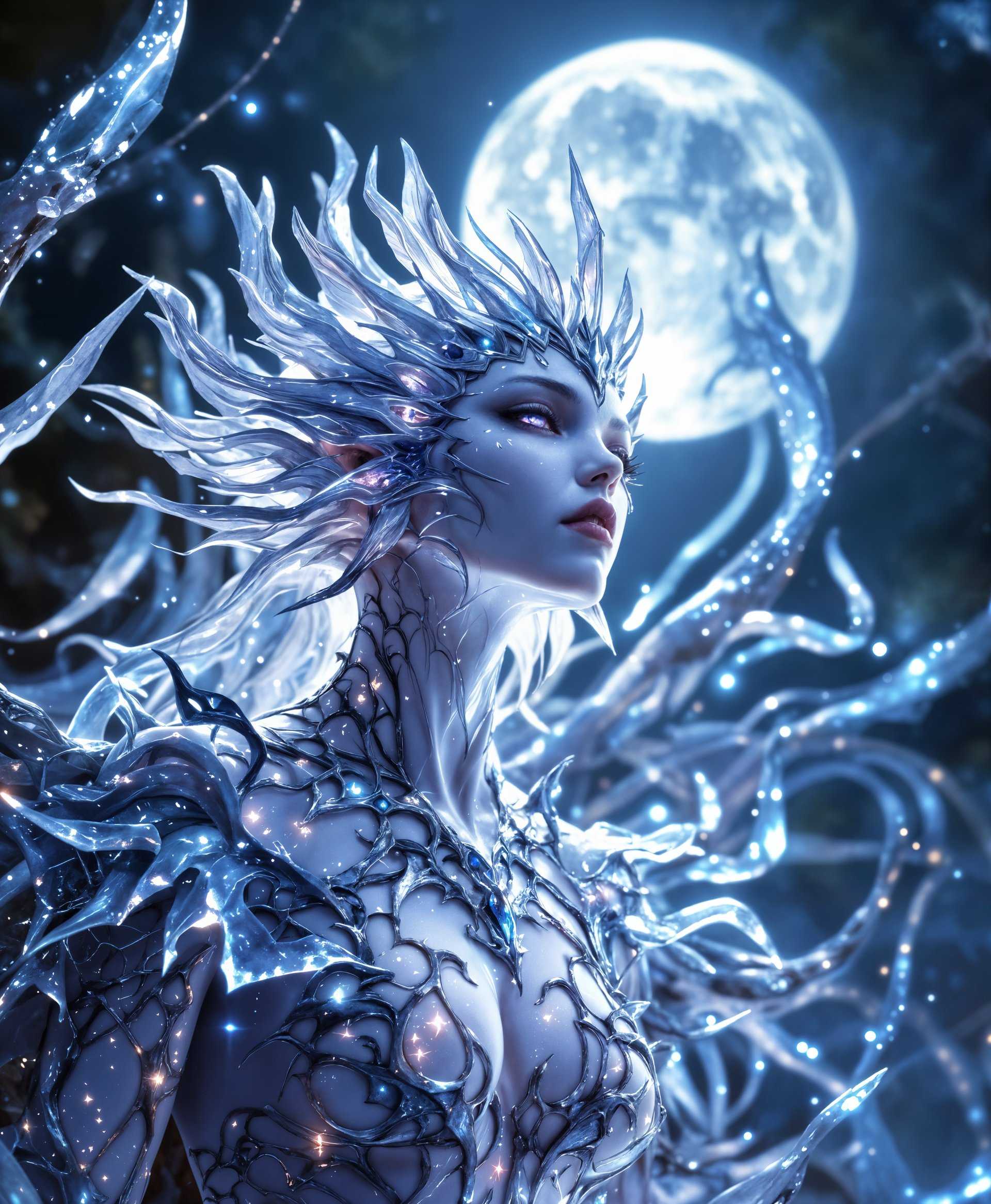 masterpiece, best quality, highres, sharp image, more detail, masterpiece, best quality, highres, sharp image, more detail, A **highly detailed** portrait of **Eden**, the primal from the game series "Final Fantasy XIV", showcasing its majestic form enveloped by **luminous, ethereal moonbeams**. 

**Visual Details:**
- **Texture**: Eden's skin has a **subtle glow** with intricate, **almost crystalline patterns** that shimmer under the moonlight. 
- **Colors**: Dominated by **soft blues, silvers, and hints of purples**, creating a serene, celestial palette. 
- **Lighting**: The scene is bathed in **soft, diffused moonlight**, with **highlights and shadows** accentuating Eden's features, giving it an otherworldly depth.

**Style:**
- **Photorealistic Fantasy Art** with elements of **Baroque drama**, capturing the grandeur and mystical essence of the character.

**Composition:**
- Eden is **centrally positioned** against a **night sky background** with a **full moon** directly overhead, enhancing the scale and presence of the primal. 
- **Camera Angle**: A **slight low angle** to emphasize Eden's towering figure, creating a sense of awe and reverence.

**Mood and Atmosphere:**
- The atmosphere is **mystical and tranquil**, with a **sense of ancient power** emanating from Eden. 
- **Time**: Nighttime, with the moon at its zenith, casting long, soft shadows.
- **Weather**: Clear night sky, with a few wispy clouds that part to reveal the moon's brilliance.

**Technical Aspects:**
- **Depth of Field**: A shallow depth of field focuses on Eden, with the background slightly blurred to highlight its presence.
- **Exposure**: Balanced to capture the moonlight's subtle variations without losing detail in the darker areas.
- **Focus**: Sharp focus on Eden’s face and hands, where the moon's power is most evident.

**Cohesion:** 
- The moon's illumination creates a **unified glow** across the scene, tying together Eden's celestial powers with the natural environment, creating a **believable and immersive portrait** that captures the essence of this powerful entity from Final Fantasy XIV.