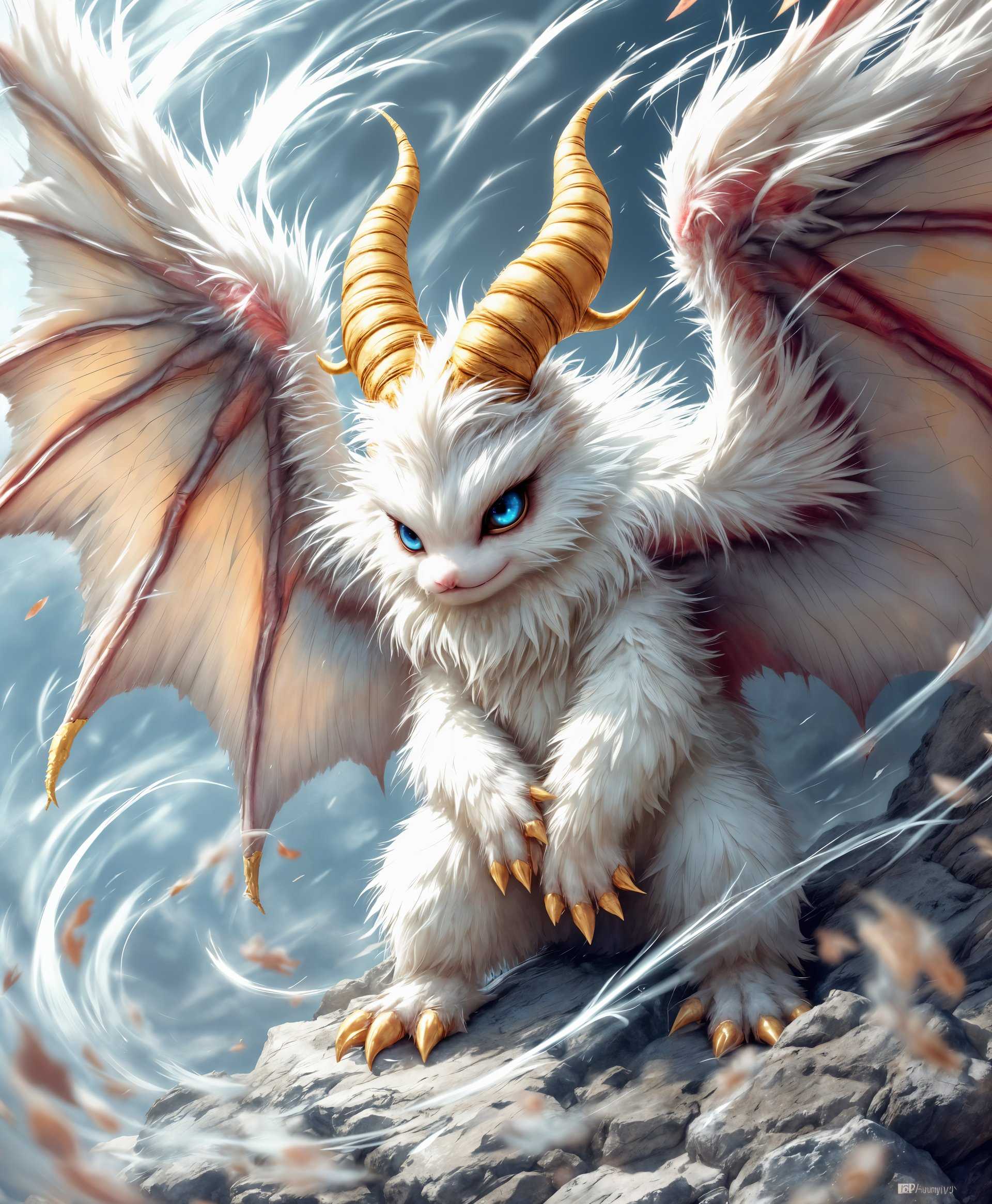 masterpiece, best quality, highres, sharp image, more detail, masterpiece, best quality, highres, sharp image, more detail, A highly detailed, **8K resolution** digital painting of **King Moogle**, the **primal** from the *Final Fantasy* series, showcasing its **impressive, bat-like wings** that are **spread majestically** to display its **command over the wind**. The **visual style** should evoke the **intricate character design** of the game, with **high fidelity textures** capturing the **soft fur** of the moogle, contrasted with the **leathery wings**:

- **Visual Details**: 
  - The King Moogle's fur should be **fluffy and white** with **hints of gold**, reflecting its regal status. 
  - Its **eyes** are **piercing and intelligent**, with a **deep, royal blue** hue.
  - The **wings** are **massive**, with **intricate patterns** and **veins** visible, giving them a **realistic, bat-like texture**.
  - **Wind** swirls around it, **ruffling the fur** and **creating dynamic motion lines** in the wings.

- **Style**: 
  - **Anime-inspired** with **hyper-realistic elements**, capturing the **fantasy aesthetic** of Final Fantasy, akin to the **character designs** by Yoshitaka Amano or **Akihiko Yoshida**.

- **Composition**: 
  - **King Moogle** is **center stage**, with **wings outstretched**, creating a **dramatic silhouette**. 
  - The **camera angle** is **slightly low**, making the creature appear **more imposing**.
  - **Soft focus** in the background to **highlight the subject**, with **elements of the game's landscapes** subtly visible.

- **Mood and Atmosphere**: 
  - **Majestic and powerful**, with a **windy, ethereal ambiance**. 
  - The **time of day** is **twilight**, casting **golden light** that **illuminates the King Moogle**, enhancing its **mystical aura**.

- **Technical Aspects**: 
  - **Depth of Field** to **blur the background**, emphasizing **King Moogle's prominence**. 
  - **Dynamic Lighting** to create **shadows** and **highlights**, accentuating the **texture** and **volume** of the wings and fur.
  - **Motion Blur** on the wind effects to convey **movement** and **energy**.